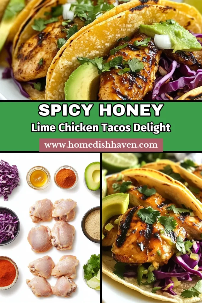 Discover the ultimate spicy honey lime chicken tacos that will elevate your taco night! This chicken taco recipe features tender grilled chicken marinated in a flavorful spicy taco marinade, combining honey and lime for a delicious twist. Serve it with fresh avocado, crunchy red cabbage, and zesty lime for a complete meal. Ready to make these mouthwatering tacos? Pin this spicy honey lime chicken tacos recipe now! #TacoTuesday #GrilledChicken #RecipeIdeas #SpicyTacos
