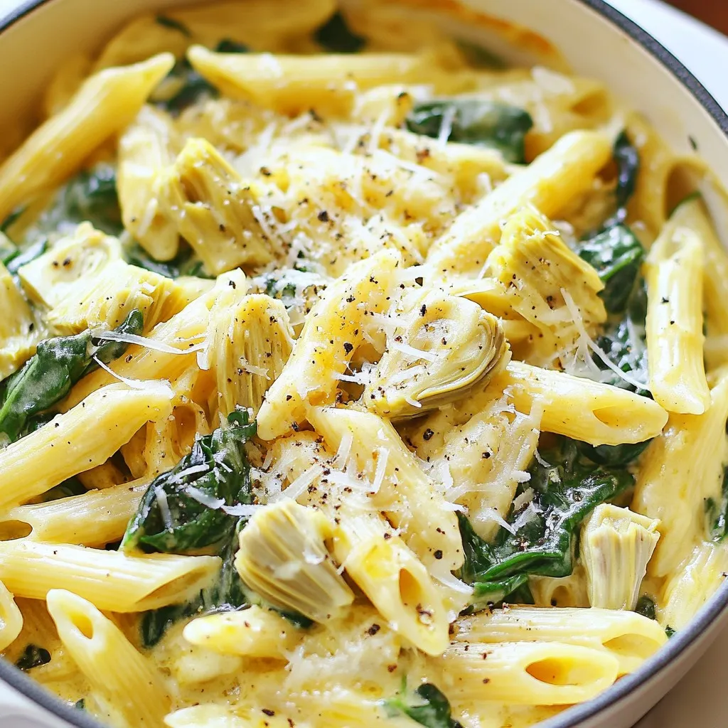 To make this tasty dish, gather these simple ingredients: - 12 oz. penne pasta - 1 can (14 oz.) artichoke hearts, drained and roughly chopped - 4 cups fresh spinach, roughly torn - 1 medium onion, finely diced - 3 cloves garlic, minced - 2 cups vegetable broth - 1 cup heavy cream - 1 cup freshly grated Parmesan cheese - 1 teaspoon Italian seasoning - Salt and freshly cracked black pepper to taste - 2 tablespoons olive oil - Red pepper flakes (optional, for a touch of heat) Each ingredient plays a role in flavor and texture. Here are the key measurements: - Pasta: 12 ounces of penne gives a great base. - Artichoke hearts: One 14-ounce can adds a unique taste. - Spinach: Four cups of fresh spinach bring color and nutrients. - Onion: One medium onion provides sweetness and depth. - Garlic: Three cloves of minced garlic add wonderful aroma. - Vegetable broth: Two cups create a savory liquid. - Heavy cream: One cup makes the dish creamy and rich. - Parmesan cheese: One cup of grated cheese brings umami flavor. - Italian seasoning: One teaspoon adds a blend of herbs. - Salt and pepper: To taste, for a balanced flavor. - Olive oil: Two tablespoons help sauté and coat the pasta. - Red pepper flakes: Optional for those who enjoy a bit of heat. You can easily modify this dish to meet your needs: - Gluten-free pasta: Swap penne for a gluten-free version. - Dairy-free alternatives: Use coconut cream and nutritional yeast instead of heavy cream and Parmesan. - Vegetable broth: If you prefer chicken broth, feel free to use that. - Spinach: Kale or Swiss chard can replace spinach for a different taste. These ingredients and substitutions make the One-Pot Spinach Artichoke Pasta easy to enjoy for everyone! {{ingredient_image_2}} To start, gather all your ingredients. You will need penne pasta, artichoke hearts, fresh spinach, onion, garlic, vegetable broth, heavy cream, Parmesan cheese, Italian seasoning, salt, pepper, and olive oil. This dish cooks quickly, so having everything ready helps a lot. 1. Warm the olive oil: In a large pot, heat 2 tablespoons of olive oil over medium heat. 2. Sauté the onion: Add 1 finely diced onion. Cook until it is soft and clear, about 4-5 minutes. 3. Add garlic: Stir in 3 minced garlic cloves. Cook for 1 minute until fragrant. 4. Mix in artichokes: Add 1 can of chopped artichoke hearts. Cook for another 2-3 minutes until they soften. 5. Combine pasta and liquids: Pour in 12 oz. of penne pasta, 2 cups of vegetable broth, and 1 cup of heavy cream. 6. Season the mix: Add 1 teaspoon of Italian seasoning, salt, and pepper. Stir well and bring it to a gentle boil. 7. Simmer the pasta: Once boiling, reduce heat to low. Cover the pot and let it simmer for 12-15 minutes. Stir often to cook evenly. 8. Fold in spinach: In the last 2-3 minutes, add 4 cups of fresh spinach. Stir until it wilts. 9. Finish with cheese: Remove from heat and mix in 1 cup of grated Parmesan cheese. Stir until melted and creamy. 10. Let it rest: Allow the dish to sit for a couple of minutes. This helps the sauce thicken. - Prep time: 10 minutes to gather and chop ingredients. - Cooking time: About 20 minutes total, including sautéing and simmering. - Resting time: 2 minutes to let the dish thicken before serving. This process gives you a creamy, flavorful one-pot meal that is easy and quick to make. For a creamy and rich dish, use high-quality heavy cream. It makes a big difference! Stir the pasta gently throughout cooking. This helps keep it from sticking. Make sure to taste as you go. Adjust the salt and pepper based on your preference. Don't skip the step of sautéing the onion and garlic. This adds a lot of flavor. Watch the heat when simmering. Too high can overcook the pasta. If you forget to add the spinach at the right time, it can turn mushy and lose its bright green color. Add fresh herbs like basil or parsley for a nice touch. A squeeze of lemon juice brightens the dish too. If you like heat, mix in red pepper flakes. You can also try different cheese like feta or goat cheese for a twist. Pro Tips Use Fresh Ingredients: Fresh spinach and high-quality artichoke hearts will enhance the flavors of the dish and provide a more vibrant color. Adjust the Creaminess: If you prefer a lighter dish, reduce the amount of heavy cream or substitute with half-and-half for a different texture. Make it Spicy: For a kick of heat, add more red pepper flakes or even a dash of hot sauce to the sauce before serving. Customize Your Cheese: Experiment with different types of cheese like mozzarella or goat cheese for varied flavors and textures in your pasta. {{image_4}} You can switch up the recipe with different vegetables. Try adding mushrooms or bell peppers for extra flavor. Zucchini or asparagus also work well. If you'd like to include protein, chicken or shrimp can be great additions. You can sauté the protein with the onion and garlic for a tasty twist. To make this dish vegan, replace heavy cream with coconut milk or a cashew cream. Use nutritional yeast instead of Parmesan for a cheesy flavor. Make sure to use vegetable broth that is vegan-friendly. For a vegetarian option, stick with the original recipe but feel free to add more greens like kale or arugula. You can change the pasta shape to suit your taste. Fusilli or farfalle would work nicely. If you want a bit of crunch, sprinkle in some toasted pine nuts or walnuts before serving. Adding a squeeze of lemon juice can also brighten the flavors. Play around with these ideas to create your perfect One-Pot Spinach Artichoke Pasta! To keep your One-Pot Spinach Artichoke Pasta fresh, let it cool first. Place it in an airtight container. This helps maintain moisture and flavor. You can store it in the fridge for up to four days. If you want to store it longer, freezing is a great option. Reheating is easy! You can use a microwave or a stovetop. For the microwave, place the pasta in a bowl. Add a splash of water or broth to keep it moist. Heat in short bursts, stirring often, until warm. For stovetop, heat it in a pan over low heat. Stir gently to avoid sticking, adding a bit of liquid if needed. In the fridge, your pasta lasts about four days. If you freeze it, it can stay good for up to three months. Just make sure to use a freezer-safe container. When you're ready to eat, thaw it overnight in the fridge before reheating. This keeps the taste and texture nice! Yes, you can use frozen spinach. Just thaw and drain it well. This helps avoid excess water in your dish. Frozen spinach works great and saves time. It’s a good option if fresh spinach is not available. To lighten this dish, swap heavy cream for a lighter option. You can use half-and-half or even Greek yogurt. This keeps the creamy texture while cutting calories. Also, reduce the amount of cheese or use a lighter cheese option. This pasta pairs well with a simple salad or garlic bread. A side of roasted veggies is also great. You could serve it with grilled chicken for extra protein. These sides complement the flavors nicely and make a complete meal. This One-Pot Spinach Artichoke Pasta recipe is simple and fun to make. You now have a complete list of ingredients, cooking steps, and expert tips for success. Remember, you can customize this dish to fit your diet, whether vegan or gluten-free. Proper storage will keep leftovers fresh and tasty. I hope you feel inspired to create this easy meal and share it with others. Happy cooking!