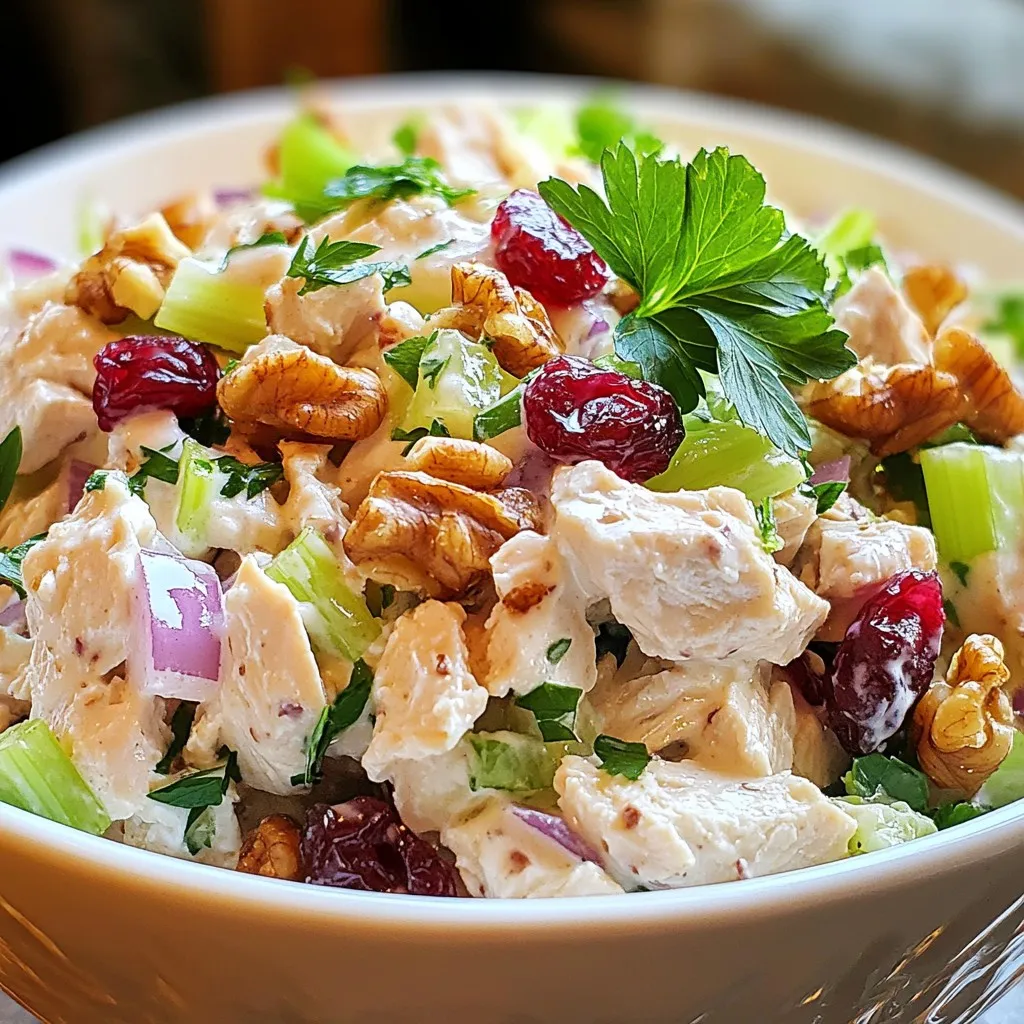 To make this tasty salad, you'll need these main items: - 2 cups cooked chicken, shredded - 1/2 cup dried cranberries - 1/2 cup walnuts, roughly chopped - 1/2 cup fresh celery, diced - 1/4 cup red onion, finely chopped - 1/2 cup creamy Greek yogurt (or substitute with mayonnaise) - 1 tablespoon pure honey - 1 tablespoon apple cider vinegar - Salt and freshly ground black pepper, to taste - Fresh parsley, finely chopped, for garnish These ingredients blend well together. The chicken gives protein, while cranberries add sweetness. Walnuts add crunch and healthy fats. Celery adds freshness, and red onion provides a bit of bite. The Greek yogurt dressing ties everything together, making it creamy and delicious. You can dress up your salad with some fun extras: - Extra walnuts for crunch - More dried cranberries for sweetness - A sprinkle of feta cheese for tang - Sliced apples for a fresh twist - Mixed greens as a base for serving These additions make your salad more colorful and flavorful. Feel free to mix and match based on what you like. If you want to change things up, here are some easy swaps: - Use rotisserie chicken instead of cooked chicken for ease. - Swap out walnuts for pecans or almonds if you prefer. - Replace Greek yogurt with a dairy-free option for a vegan dish. - Use lemon juice instead of apple cider vinegar for a zestier flavor. These options let you customize the salad to fit your taste or dietary needs. Enjoy experimenting! {{ingredient_image_2}} First, gather all your ingredients. You will need 2 cups of cooked chicken, shredded. Next, measure out 1/2 cup of dried cranberries. Then, grab 1/2 cup of walnuts, roughly chopped. You will also need 1/2 cup of fresh celery, diced, and 1/4 cup of red onion, finely chopped. This mix of flavors makes the salad tasty. In a large mixing bowl, combine the shredded chicken, cranberries, walnuts, celery, and onion. Stir well to mix everything. This step helps ensure each bite is full of flavor. Now, take a small bowl and add 1/2 cup of creamy Greek yogurt. If you prefer, you can use mayonnaise instead. Add 1 tablespoon of pure honey and 1 tablespoon of apple cider vinegar. Sprinkle in a pinch of salt and freshly ground black pepper. Whisk until the mixture is smooth. This dressing will give the salad a creamy touch. Next, pour the dressing over your chicken mixture. Use a spatula or spoon to fold everything gently. Make sure all the ingredients get coated. Taste the salad and adjust the seasoning as needed. Enjoy the blend of sweet and savory! To get the best flavor in your salad, use fresh ingredients. Fresh celery and red onion add crunch and zing. The dried cranberries bring sweetness, while walnuts add a great nutty taste. When you mix the dressing, taste it first. You want a mix of sweet and tangy. If it’s too sweet, add more vinegar. If it’s too tangy, add a little honey. Adjusting these flavors gives you a perfect balance. Making this salad ahead of time is easy. After mixing, cover the salad bowl tightly. Chill it in the fridge for at least 30 minutes. This waiting time lets the flavors blend well. You can make it up to a day early. Just stir it again before serving to mix everything back together. This trick saves time during busy days. Presentation matters when serving this salad. Start with a bed of mixed greens on the plate. This adds color and makes the dish look inviting. Next, place a generous scoop of the salad on top. For extra flair, sprinkle more walnuts and cranberries around the salad. Finally, use fresh parsley as a garnish. It adds a touch of green and makes the dish pop. Pro Tips Use Leftover Chicken: This recipe is a great way to utilize leftover rotisserie or grilled chicken, saving time and reducing waste. Toast the Walnuts: For enhanced flavor, lightly toast the walnuts in a dry skillet over medium heat for a few minutes before adding them to the salad. Adjust Sweetness: If you prefer a sweeter salad, feel free to increase the honey or add a little more dried cranberries for an extra burst of flavor. Chill Before Serving: Allowing the salad to chill in the refrigerator enhances the flavors, making it even more delicious when served cold. {{image_4}} You can make this salad healthier by using Greek yogurt instead of mayonnaise. Greek yogurt adds creaminess but has less fat. It also brings more protein to the dish. If you want to cut calories, this is a smart swap. The taste stays rich, so you won’t miss the mayo. Feel free to mix in seasonal ingredients. In fall, add diced apples for a crunchy twist. In summer, try fresh berries like blueberries or raspberries. These fruits add more flavor and color. You can also include chopped nuts like pecans or almonds. These swaps keep the salad fresh and exciting. To make a vegan or vegetarian version, swap the chicken for chickpeas or tofu. Both options are great protein sources. Use vegan yogurt instead of Greek yogurt for the dressing. You can also add avocado for creaminess. This way, you can enjoy the salad while meeting dietary needs. To store leftover cranberry walnut chicken salad, place it in an airtight container. Make sure the lid seals tightly. This keeps the salad fresh and safe to eat. Refrigerate the container right away. The salad can last for about three to four days. To keep your salad fresh, avoid adding garnishes until you serve. This helps the ingredients stay crisp. If you notice any moisture, use a paper towel inside the container. It absorbs extra liquid and keeps your salad from getting soggy. Always check the salad before eating. If it smells off or looks strange, it’s best to toss it. Freezing cranberry walnut chicken salad is not ideal. The texture of the chicken and vegetables may change. If you must freeze it, do so before adding the dressing. Store the chicken mixture in a freezer-safe bag. When you’re ready to eat, thaw it in the fridge overnight. Then mix in the dressing and enjoy! Cranberry Walnut Chicken Salad will stay fresh in the fridge for about three to four days. Make sure to store it in an airtight container. This keeps the salad safe and tasty. After a few days, check for any signs of spoilage. If it smells off or looks different, it’s best to throw it away. Yes, you can use leftover rotisserie chicken. It saves time and adds great flavor. Just shred the chicken into pieces. Make sure to remove any skin and bones first. This easy swap makes the recipe quick and delicious. Cranberry Walnut Chicken Salad goes well with many sides. Here are some great options: - Mixed greens for extra crunch - Toasted bread or croissants for a sandwich - Fresh fruit like apples or grapes - A light soup, such as tomato or vegetable - Crackers for a crunchy snack These sides complement the sweet and savory notes in the salad. Enjoy mixing and matching! This article covered everything you need for a great Cranberry Walnut Chicken Salad. We talked about key ingredients, preparation steps, and tips for the best flavors. You also learned about healthy swaps and how to store leftovers. Now, you can make it your way and enjoy it for days. Dive into this tasty meal and impress your family or friends. Simple steps lead to great taste, and I hope you give it a try!