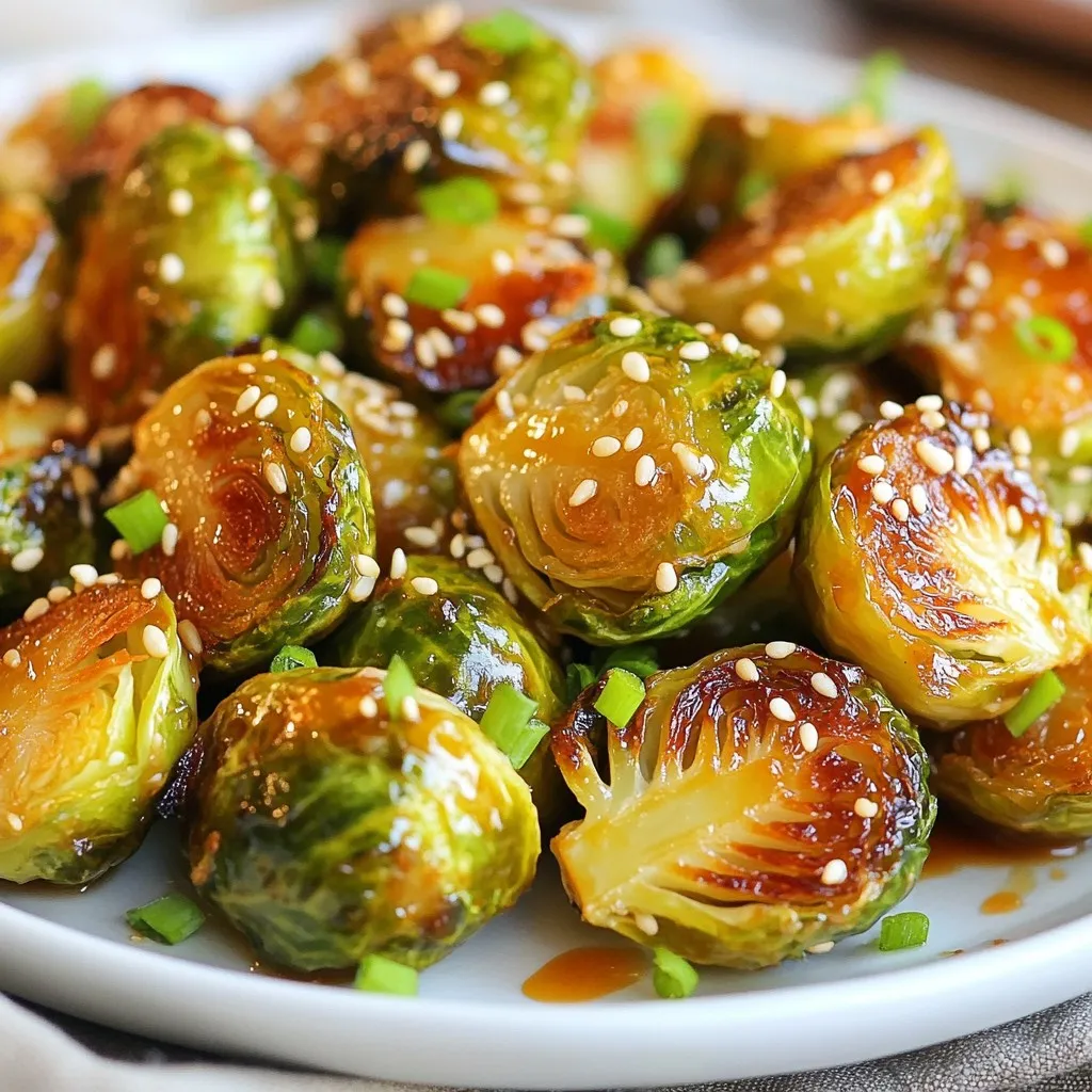 - 1 lb Brussels sprouts, trimmed and halved - 3 tablespoons extra virgin olive oil - 2 tablespoons honey - 2 tablespoons Sriracha sauce - 1 teaspoon garlic powder - 1 teaspoon smoked paprika - Salt and freshly cracked black pepper to taste - 2 tablespoons sesame seeds - 2 green onions, finely chopped Brussels sprouts are small but mighty. They pack a punch of nutrients. They are high in fiber, which helps digestion. They also contain vitamins C and K, boosting your immune system and bone health. Plus, they are low in calories, making them great for weight control. Eating Brussels sprouts can reduce inflammation and improve heart health too. Their antioxidants fight free radicals. So, adding them to your meals benefits your body in many ways. When picking Brussels sprouts, look for bright green ones. They should feel firm and compact. Avoid any that are yellow or have brown spots. Check for size; smaller sprouts are often sweeter and more tender. Make sure they are not too soft. If you can, buy them still on the stalk. This keeps them fresh longer. Store them in the fridge to keep them crisp. Enjoy the fresh flavor in your dishes! {{ingredient_image_2}} First, preheat your oven to 400°F (200°C). This step is key for crispy sprouts. A hot oven cooks them evenly and gives them a nice crunch. Next, take 1 pound of Brussels sprouts. Trim off the ends and cut them in half. Place them in a large mixing bowl. Add 3 tablespoons of extra virgin olive oil. Sprinkle in 1 teaspoon of garlic powder and 1 teaspoon of smoked paprika. Add salt and freshly cracked black pepper to taste. Toss everything well. You want each sprout fully coated. In a small bowl, mix 2 tablespoons of honey with 2 tablespoons of Sriracha sauce. Stir until it’s smooth. Taste and adjust the Sriracha if you want more heat. This glaze gives the sprouts a sweet and spicy kick. Spread the seasoned Brussels sprouts on a baking sheet. Make sure they are in a single layer. This helps them roast evenly. Place the sheet in the oven and roast for 20-25 minutes. Stir the sprouts halfway through to ensure even cooking. After roasting, take them out and drizzle the honey Sriracha glaze over them. Toss gently to coat. Return the tray to the oven for another 5 minutes. This will caramelize the glaze. When done, let them cool for a few minutes. Garnish with sesame seeds and chopped green onions before serving. Enjoy! To get those Brussels sprouts crispy, start by cutting them in half. This helps them roast evenly. Use a large bowl to mix them with olive oil, garlic powder, and smoked paprika. Make sure every sprout is well-coated. When you lay them on the baking sheet, spread them out. Avoid crowding them; this lets hot air circulate. A single layer is key for crispiness. Stir them halfway through roasting for even cooking. The honey Sriracha glaze is what makes this dish pop. You can adjust the spice by changing the amount of Sriracha. If you like heat, use a bit more. If you prefer milder flavors, use less. Taste the glaze as you mix. This is a great way to find your perfect balance. Remember, the sweet honey helps tone down the spice, making it fun to experiment! For roasting, a sturdy baking sheet is a must. Choose one that is heavy-duty to prevent warping. This helps achieve even cooking. A mixing bowl is also handy for prepping your sprouts. A good spatula will help you toss them without breaking them apart. If you have a meat thermometer, it can help check the doneness of your sprouts. Lastly, parchment paper can make for easy cleanup and prevent sticking. Pro Tips Choose Fresh Sprouts: Select firm, bright green Brussels sprouts for the best flavor and texture. Avoid any that are yellowing or have blemishes. Experiment with Spice: Feel free to adjust the Sriracha level based on your heat preference. You can also mix in different hot sauces for a unique twist. Perfect Roasting: Ensure the Brussels sprouts are spread out in a single layer on the baking sheet to achieve maximum crispiness. Overcrowding can lead to steaming instead of roasting. Garnish for Flavor: Don't skip the sesame seeds and green onions! They add a delightful crunch and freshness that enhances the overall dish. {{image_4}} You can boost the flavor of your Honey Sriracha Brussels sprouts. Try adding chopped bacon for a savory crunch. Crispy pancetta also works well. You can mix in some nuts, like almonds or walnuts, for added texture. Toss in a handful of raisins or cranberries for a sweet twist. Each of these add-ins can change the taste and make your dish unique. If you want to switch things up, try different glazes. A soy sauce and maple syrup mix adds an Asian flair. For a tangy option, a balsamic reduction brings depth. You can also use barbecue sauce for a smoky flavor. Experimenting with these glazes can lead to exciting new taste experiences. When serving your Brussels sprouts, presentation is key. Use a wide serving dish to show off the vibrant colors. You can pair them with grilled chicken or fish for a complete meal. They also work well as a side for burgers or steaks. Don't forget to sprinkle extra sesame seeds and green onions on top for a finishing touch! To keep your Honey Sriracha Brussels sprouts fresh, place them in an airtight container. Store them in the fridge for up to three days. Make sure they cool down before sealing. This helps keep them crisp and tasty. For the best taste, reheat your Brussels sprouts in the oven. Preheat your oven to 350°F (175°C). Spread the sprouts on a baking sheet and heat for about 10-15 minutes. This method keeps them crispy. You can also use a microwave, but they may lose some crunch. If you want to freeze them, first let the cooked sprouts cool completely. Then, place them in a freezer-safe bag. Remove as much air as possible before sealing. You can freeze them for up to three months. When you’re ready to eat, thaw them in the fridge overnight. Reheat them in the oven for the best texture. Yes, you can use frozen Brussels sprouts. They are convenient and save time. However, they might not get as crispy as fresh ones. If using frozen sprouts, thaw them first and drain excess water. Then, follow the same steps in the recipe. To make the glaze spicier, add more Sriracha sauce. You can also mix in crushed red pepper flakes for extra heat. Start by adding small amounts, then taste it. Adjust until it meets your spice level. These Brussels sprouts pair well with many dishes. You can serve them with grilled chicken, steak, or fish. They also taste great with rice or quinoa. For a vegetarian option, try them with roasted sweet potatoes or a fresh salad. Yes, you can make Honey Sriracha Brussels sprouts in an air fryer. Preheat your air fryer to 375°F (190°C). Toss the sprouts with oil and spices, then place them in the basket. Cook for about 15-20 minutes, shaking halfway through for even cooking. Drizzle with the glaze after air frying. This blog post covers everything about Brussels sprouts, from choosing them to storing leftovers. You learned how to make a tasty Honey Sriracha glaze and tips for getting them crispy. The variations allow you to experiment with flavors, and the FAQs answer common questions. In conclusion, Brussels sprouts are versatile and fun to cook. With this guide, you can enjoy them in many ways. Try these ideas to make your meals flavorful and healthy. Happy cooking!