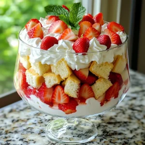 - Fresh strawberries - Granulated sugar - Heavy whipping cream - Pure vanilla extract - Angel food cake - Greek yogurt - Fresh mint leaves for garnish To make a great Strawberry Shortcake Trifle, you need fresh strawberries. They bring the right sweetness. Two cups of strawberries should be perfect. You also need granulated sugar to enhance their flavor. Just two tablespoons will do. Next, heavy whipping cream is key for our fluffy layer. One cup will create a rich texture. Add one teaspoon of pure vanilla extract for a nice aroma and taste. Angel food cake serves as the base. You can use one cup of store-bought or homemade cake, cut into cubes. Greek yogurt adds a creamy layer. Use one cup, either plain or vanilla flavored. Finally, fresh mint leaves are optional but add a lovely touch for garnish. This mix of ingredients will create a beautiful and tasty trifle. {{ingredient_image_2}} To start, we need to make the strawberries shine. Take 2 cups of fresh strawberries and hull them. Slice them thinly and place them in a medium mixing bowl. Next, sprinkle 2 tablespoons of granulated sugar over the strawberries. Gently toss them with your hands. You want each slice coated in sugar. Now, we let the strawberries sit at room temperature for about 15 minutes. This step is key. The sugar draws out the juices. These sweet juices create a lovely syrup that adds flavor to our trifle. While the strawberries marinate, we can whip the cream. In a separate bowl, pour in 1 cup of heavy whipping cream. Add 1 teaspoon of pure vanilla extract for a nice touch. Use an electric mixer set to medium-high speed. Whip the cream until it forms stiff peaks. This means the cream holds its shape well. You want it fluffy and light, perfect for layering. Now comes the fun part: assembling the trifle! Grab a large trifle bowl or individual serving glasses. Start with a layer of angel food cake cubes at the bottom. Use 1 cup of cake, either store-bought or homemade. Spread it evenly across the base. Next, spoon on a layer of the marinated strawberries. Make sure to drizzle some of the sweet syrup over the cake. This adds extra flavor. Then, take 1 cup of Greek yogurt, plain or vanilla. Spread this creamy yogurt over the strawberries in a nice layer. It pairs well with the sweet fruit. Now, add a generous layer of the whipped cream on top of the yogurt. Let it be a cloud-like finish. Repeat this layering: cake, strawberries, yogurt, and whipped cream. Keep going until you use all the ingredients. Finally, top your trifle with a dollop of whipped cream. Cover it gently with plastic wrap. Chill it in the refrigerator for at least 30 minutes. This time helps all the flavors blend together. When you serve it, you’ll enjoy each delicious bite. For a stunning look, garnish your trifle with fresh strawberries and mint leaves. Place slices of strawberries on top. This adds color and a fresh smell. A few mint leaves give a nice touch. If you want to serve it in individual glasses, it makes each serving feel special. Layer the ingredients carefully to show off the colors. You can make your trifle even better with a few options. Try adding citrus zest, like lemon or orange. This gives a bright taste that mixes well with strawberries. You can also switch up the cake. Instead of angel food cake, use pound cake or sponge cake. Each type brings its own flavor. If you want, you can change the yogurt too. Use different flavors like honey or coconut for a fun twist. Pro Tips Fresh Strawberries: Always opt for ripe, fresh strawberries for the best flavor. Look for berries that are bright red and plump to ensure maximum sweetness. Chill Your Ingredients: For an extra refreshing dessert, chill your whipped cream and Greek yogurt before assembling the trifle. This will help maintain the structure and temperature of the layers. Layering Technique: When layering, try to create even layers for a more visually appealing trifle. Use a spatula to spread the layers evenly and avoid mixing them together. Make Ahead: This trifle can be made a day in advance! Just assemble and store it in the fridge; the flavors will meld beautifully overnight. {{image_4}} You can switch up the fruits in your trifle for a fun twist. Instead of strawberries, try using blueberries or raspberries. These berries add their own unique taste and color. You can also mix different berries together for a more vibrant look. Seasonal fruits like peaches or cherries can also work well. Just remember to adjust the sugar based on the fruit's sweetness. If you need gluten-free options, choose a gluten-free angel food cake or use store-bought gluten-free cake. You can also make your own cake using gluten-free flour. For dairy-free options, use coconut cream instead of heavy cream. Almond or cashew yogurt can replace Greek yogurt. These swaps help everyone enjoy this tasty dessert. To keep your Strawberry Shortcake Trifle fresh, store it in the fridge. Cover it with plastic wrap or a lid. This helps keep the flavors intact. It’s best to enjoy your trifle within three days. The strawberries will stay juicy, and the cream will remain fluffy. To maintain the quality of the ingredients, avoid mixing them too early. Layer them just before serving. This way, the cake does not get soggy. You can prepare the individual parts ahead of time. Store the whipped cream, yogurt, and strawberries in separate containers. If you want to save the trifle for later, freezing is an option. However, freezing may change the texture. The whipped cream and yogurt can become grainy upon thawing. To freeze, assemble the trifle without the whipped cream. Wrap it tightly in plastic wrap and aluminum foil. For thawing, place the trifle in the fridge overnight. This gentle method helps keep it tasty. I recommend eating frozen trifle within one month for the best taste. Enjoy it fresh, but if you must save it, this is a good plan! Your Strawberry Shortcake Trifle can last up to three days in the fridge. After that, the cake may become soggy. To keep it fresh, store it in an airtight container. Always check for any off smells or changes in texture before serving. Yes, you can prepare the trifle a day before serving. Layer all the ingredients, then chill it for at least 30 minutes. This helps the flavors mix well. However, if you make it a day early, try to eat it within two days for the best taste. If you want a different base, try using pound cake or sponge cake. For gluten-free options, use gluten-free cake mixes. You can also make a no-bake crust with crushed cookies or graham crackers. Each option adds its own twist to your trifle. This trifle combines fresh strawberries, creamy layers, and light cake for a sweet treat. You learned how to prepare the strawberries, whip the cream, and layer the trifle to perfection. Remember to garnish with mint for an extra touch. You can add your favorite fruits or modify ingredients for different diets. Store it well to keep freshness. A trifle is not just a dessert; it’s a delicious way to enjoy fruits and flavors. Enjoy making this fun treat for friends and family!