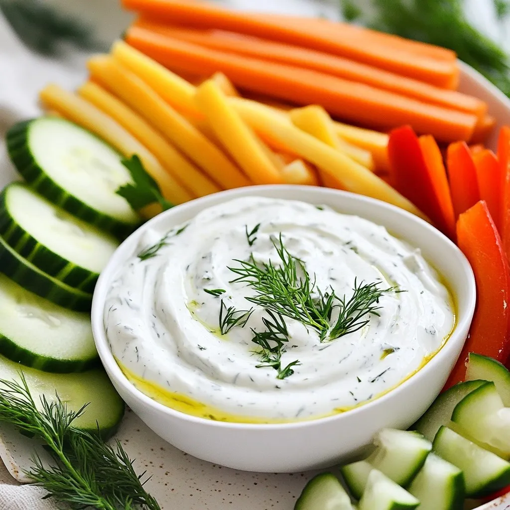 - 1 cup plain Greek yogurt - 1 tablespoon creamy mayonnaise - 1 teaspoon garlic powder - 1 teaspoon onion powder - 1 teaspoon dried dill - 1 teaspoon dried parsley - 1 teaspoon dried chives - Salt and freshly ground black pepper to taste - 1 teaspoon fresh lemon juice - An array of fresh vegetables (carrot sticks, cucumber slices, bell pepper strips) I love using Greek yogurt in my ranch dip. It gives a creamy texture and a tangy taste. The yogurt also packs a protein punch. A tablespoon of creamy mayonnaise adds richness. Garlic powder gives a nice kick, making every bite flavorful. Next, I mix in the herbs and spices. Onion powder adds a sweet flavor. Dried dill and parsley bring freshness. Dried chives give a mild onion taste. I always season with salt and freshly ground black pepper. This step is key for balance. I love adding fresh lemon juice. It brightens the flavor and adds a zesty note. You can dip fresh veggies like carrot sticks, cucumber slices, and bell pepper strips. They add crunch and color. This dip is easy to make and perfect for any occasion. {{ingredient_image_2}} - In a medium bowl, combine 1 cup of plain Greek yogurt and 1 tablespoon of creamy mayonnaise. - Use a whisk to blend them together until the mixture is smooth and creamy. - Next, mix in 1 teaspoon each of garlic powder, onion powder, dried dill, dried parsley, and dried chives. - Stir well to ensure all the seasonings are evenly spread throughout the yogurt mixture. - Squeeze in 1 teaspoon of fresh lemon juice and fold it in thoroughly. - Season the dip with salt and freshly ground black pepper to taste. - Chill the dip in the refrigerator for 30 minutes. This helps the flavors blend well. Now, you have a creamy, flavorful ranch dip ready to enjoy with fresh veggies! Chilling your dip is key. Let it sit in the fridge for at least 30 minutes. This time helps the flavors mix well. Taste your dip before you serve it. Add more salt or pepper if needed to make it just right. Serve your dip with fresh veggie sticks. Carrot sticks, cucumber slices, and bell pepper strips make great options. Use a rustic bowl for a nice touch. Sprinkle some fresh herbs on top for color. This makes it look even more inviting! For a creamier dip, try adding a bit more mayonnaise. If you want crunch, add some chopped nuts or seeds. These small changes can take your dip to the next level. Enjoy mixing and matching until you find your favorite texture! Pro Tips Chill for Flavor: Allowing the dip to chill for at least 30 minutes lets the flavors meld beautifully, enhancing the overall taste. Fresh Herbs Boost: For extra freshness, consider adding finely chopped fresh herbs like cilantro or basil right before serving. Adjusting Thickness: If you prefer a thinner dip, add a splash of milk or buttermilk until you reach your desired consistency. Experiment with Veggies: Don’t be afraid to try different dipping vegetables like cherry tomatoes or radishes for a unique twist! {{image_4}} You can change up the flavor of your Greek yogurt ranch dip by adding fresh herbs. Try cilantro for a fresh twist. Basil can also add a nice touch. You can also use dried herbs for unique flavors. Experiment with tarragon or oregano. Each of these herbs can bring out new tastes in your dip. Want to kick the flavor up a notch? Add a splash of hot sauce for some heat. Smoked paprika can bring in a wonderful smoky taste. You can also experiment with different types of yogurt. For instance, using a flavored yogurt can add an interesting twist. Greek yogurt is great, but try coconut yogurt for a dairy-free option. If you need a dairy-free option, look for plant-based yogurt. Almond or soy yogurt works well in this dip. You can also serve your dip with gluten-free snacks. Use fresh veggies like carrot sticks and cucumber slices. These swaps keep the dip tasty and suitable for many diets. To keep your Greek yogurt ranch dip fresh, cover it tightly. You can use plastic wrap or a lid. This helps avoid unwanted smells from the fridge. I recommend using an airtight container for the best results. Glass containers work well, too. Just make sure the lid seals tightly. Your dip will stay fresh in the fridge for about 5 days. After that, the flavors may fade. Always check for signs of spoilage. If you see any mold or an off smell, it’s best to toss it. A change in color can also mean it's time to let it go. You can freeze Greek yogurt ranch dip, but expect some texture change. To freeze, place the dip in a freezer-safe container. Leave some space at the top for expansion. When you're ready to use it, move it to the fridge to thaw overnight. Stir well before serving to help restore some creaminess. Enjoy your dip with fresh veggies once it's ready! Yes, you can make this dip ahead of time. I recommend making it at least 30 minutes before serving. This chilling time helps the flavors mix well. If you want to prepare it even earlier, you can make it up to two days ahead. Just store it in the fridge, covered tightly. The longer it sits, the better the taste! You can serve many tasty options with this dip. Fresh vegetables work great. Here are some ideas for dippable foods: - Carrot sticks - Cucumber slices - Bell pepper strips - Celery sticks - Cherry tomatoes You can also use it as a spread on sandwiches or wraps. It adds flavor and creaminess! If your dip is too thin, there are easy ways to thicken it. Here are some tips: - Add more Greek yogurt to the mix. - Include a bit of sour cream for extra creaminess. - Blend in a small amount of cream cheese. These options will help you reach the right texture. Just mix well and taste as you go! This blog post detailed how to make a tasty Greek yogurt ranch dip. You learned about the basic ingredients, from Greek yogurt to fresh vegetables. Step-by-step instructions showed you how to mix flavors and chill your dip. I shared tips for better taste and ways to make it look nice. You can also explore fun variations to keep things fresh. In the end, this dip is a great party snack or healthy treat. Enjoy making it and sharing with friends!
