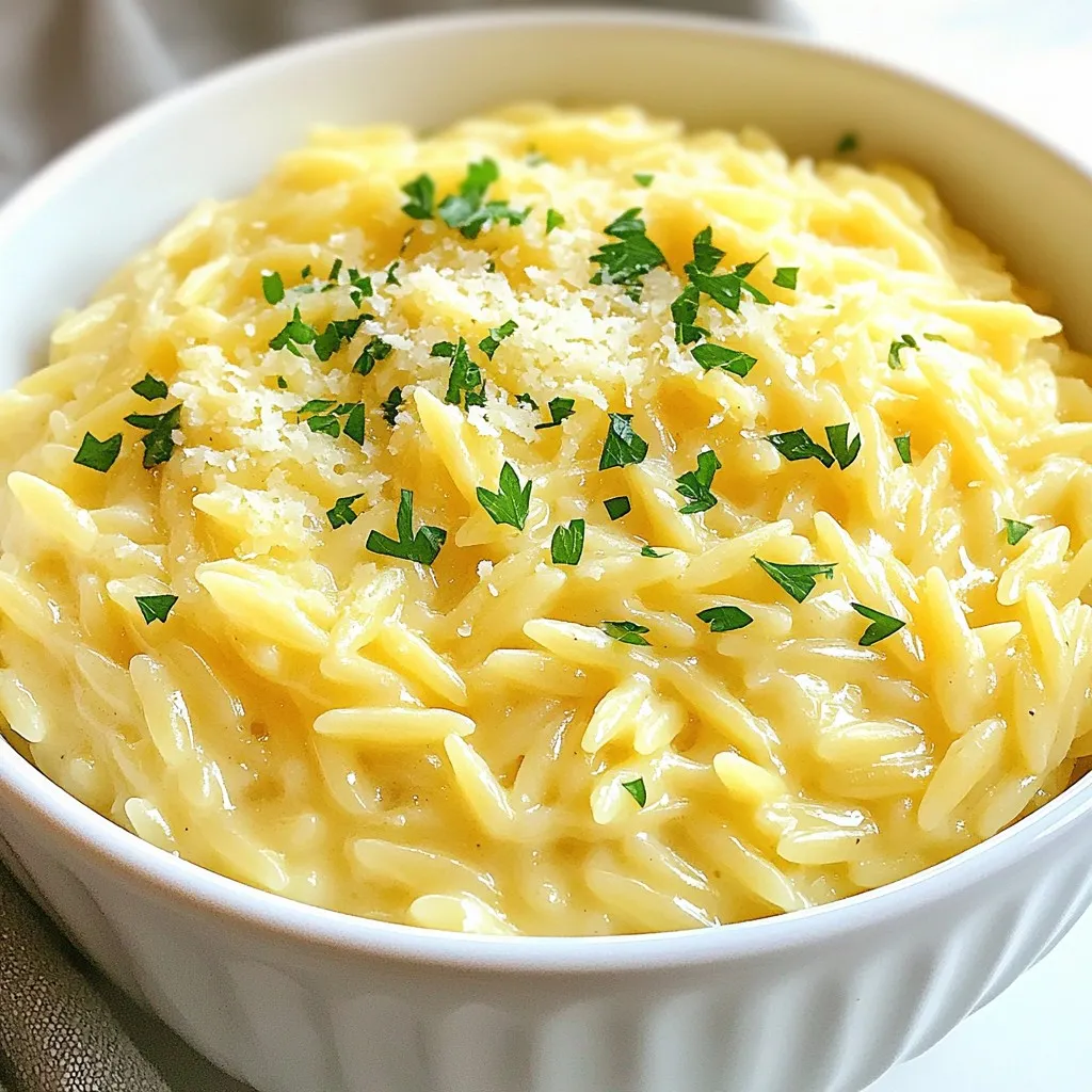 Here is what you need to make One-Pot Garlic Parmesan Orzo: - 1 cup orzo pasta - 3 tablespoons extra virgin olive oil - 4 cloves garlic, finely minced - 4 cups vegetable broth (homemade or low-sodium) - 1 cup heavy cream - 1 cup freshly grated Parmesan cheese - 1 teaspoon Italian seasoning blend - 1/2 teaspoon red pepper flakes (optional for heat) - Salt and freshly ground black pepper to taste - Fresh parsley, finely chopped, for garnish Each ingredient plays a key role in the dish. The orzo pasta serves as the base, soaking up all the flavors. Olive oil and garlic provide a rich, aromatic start. The vegetable broth keeps it light and adds depth. Heavy cream and cheese create a creamy texture that is hard to resist. Seasonings like Italian herbs and red pepper flakes make the dish pop. Finally, parsley adds a fresh touch and color. Using fresh ingredients is important for the best taste. Choose high-quality olive oil and cheese. If you want a twist, try adding different herbs or spices. This will make the dish your own. {{ingredient_image_2}} First, I heat extra virgin olive oil in a large pot over medium heat. When the oil shimmers, I add finely minced garlic. I sauté the garlic for just 1-2 minutes, stirring often. It's key to avoid browning the garlic. If it browns, it can taste bitter and ruin the dish. Next, I add the orzo pasta to the pot. I stir it into the garlic oil mixture. I toast the orzo for about 1 minute. This step helps the orzo soak up the garlic flavor. Proper toasting gives the pasta a nice nutty taste. Now, I carefully pour in 4 cups of vegetable broth. I increase the heat to bring it to a boil. Once it boils, I lower the heat, cover the pot, and let it simmer. I check the orzo after 10-12 minutes. It should be tender but still have a slight bite, or al dente. I stir occasionally to keep the pasta from sticking. When the orzo is cooked, I remove the pot from heat. I mix in 1 cup of heavy cream, 1 cup of grated Parmesan cheese, and Italian seasoning. If you like some heat, I add red pepper flakes too. I stir until the cheese melts and coats the pasta. I taste it and add salt and pepper as needed. Let it rest for a bit to thicken. Finally, I top it with fresh parsley for a pop of color and flavor. - Overcooking garlic and orzo: Keep an eye on the garlic. Sauté it just until fragrant. If it turns brown, it will taste bitter. For the orzo, cook it until it’s al dente. Overcooking can make it mushy and lose its bite. - Not stirring enough while simmering: Stirring helps the orzo cook evenly and prevents it from sticking to the pot. Occasionally give it a gentle stir while it simmers. - Suggestions for additional spices: Want to spice it up? Try adding a pinch of smoked paprika or a dash of lemon zest. These can elevate the flavor and add brightness to the dish. - Using homemade broth vs store-bought: Homemade broth often has a richer flavor than store-bought. If you have time, make your own. It’s simple and adds a personal touch. If you use store-bought, choose a low-sodium option for better control over the saltiness. - Serving style and garnish ideas: Serve the orzo in shallow bowls. A sprinkle of extra Parmesan on top adds a nice touch. You can also drizzle a bit of olive oil for extra shine and flavor. - Pairing with sides for balanced meals: A crisp green salad works well with this rich dish. The freshness of the salad balances the creaminess of the orzo. Consider a simple vinaigrette to complement the flavors. Pro Tips Use Fresh Garlic: Freshly minced garlic enhances the flavor significantly compared to pre-minced varieties. Always opt for fresh to achieve the best taste. Adjust the Cream: For a lighter version, substitute half of the heavy cream with low-fat milk or vegetable broth. This will reduce calories without sacrificing too much creaminess. Cheese Variations: Feel free to experiment with different cheeses like Gruyère or Pecorino Romano for unique flavor profiles that complement the dish. Leftover Masterpiece: This dish makes excellent leftovers! Simply reheat with a splash of broth or cream to restore its creamy texture. {{image_4}} You can change a few ingredients to make this dish suit your taste. If you want a lighter option, replace heavy cream with: - Coconut milk - Cashew cream - Silken tofu blended until smooth These options keep the dish creamy without dairy. For cheese, you can try: - Gruyère for a nutty taste - Feta for a tangy kick - Vegan cheese for a dairy-free choice Switching cheeses adds new flavors and fun! If you want to make this dish heartier, you can add protein. Here are some tasty options: - Grilled chicken adds flavor and texture. - Shrimp cooks quickly and pairs well with garlic. - Roasted vegetables like bell peppers or zucchini blend in nicely. Adding protein makes the meal complete and filling. You can easily adapt this recipe for different diets. To make it gluten-free, use gluten-free orzo. For a vegan version, swap the heavy cream with any plant-based option mentioned before and use vegan cheese. This way, everyone can enjoy the dish! To keep your One-Pot Garlic Parmesan Orzo fresh, let it cool first. Store it in an airtight container. The best place for storage is your fridge. Make sure to use glass or plastic containers that seal well. This helps keep the flavors intact and prevents drying out. You can reheat orzo on the stove or in the microwave. For the stove, warm it in a pot over low heat. Add a splash of cream or broth to keep it creamy. Stir often to heat evenly. In the microwave, place it in a safe bowl. Add a bit of liquid, cover it, and heat in short bursts. Stir in between to avoid hot spots. This keeps it smooth and delicious. Your orzo will stay fresh for about 3 to 5 days in the fridge. Check for signs of spoilage. If it smells sour or has a slimy texture, it’s time to toss it. Always trust your senses; they guide you well in the kitchen. Orzo is a type of pasta that looks like rice. It is small and oval. The texture is smooth and tender once cooked. To cook orzo, you boil it in water or broth. Use a ratio of 1 cup of orzo to 2 cups of liquid. Boil for about 8 to 10 minutes until it is soft but still firm, or al dente. You can stir it often to keep it from sticking. Yes, you can make this dish ahead of time. It stores well in the fridge. Let it cool down, then place it in an airtight container. This dish can last up to three days in the fridge. If you want to freeze it, put it in a freezer-safe container. It stays good for about two months. When you are ready to eat, just reheat it gently on the stove or microwave. This dish pairs well with many sides. A crisp green salad is a great choice. You can also serve it with grilled vegetables for a fresh touch. Garlic bread complements the flavors nicely too. If you want protein, try adding grilled chicken or shrimp on the side. Yes, One-Pot Garlic Parmesan Orzo is vegetarian. It uses vegetable broth and no meat products. The heavy cream and cheese add richness without meat. This makes it a great option for those who do not eat meat. Just check the cheese to ensure it fits your diet. In this blog post, we explored making One-Pot Garlic Parmesan Orzo. We discussed key ingredients, like orzo pasta and cheese, and shared step-by-step cooking instructions. I provided tips to avoid common mistakes and suggestions for flavor enhancement. To wrap up, this dish is flexible and easy to make. You can customize it based on your tastes. Enjoy your cooking journey with this delicious recipe. You'll impress anyone at your table!