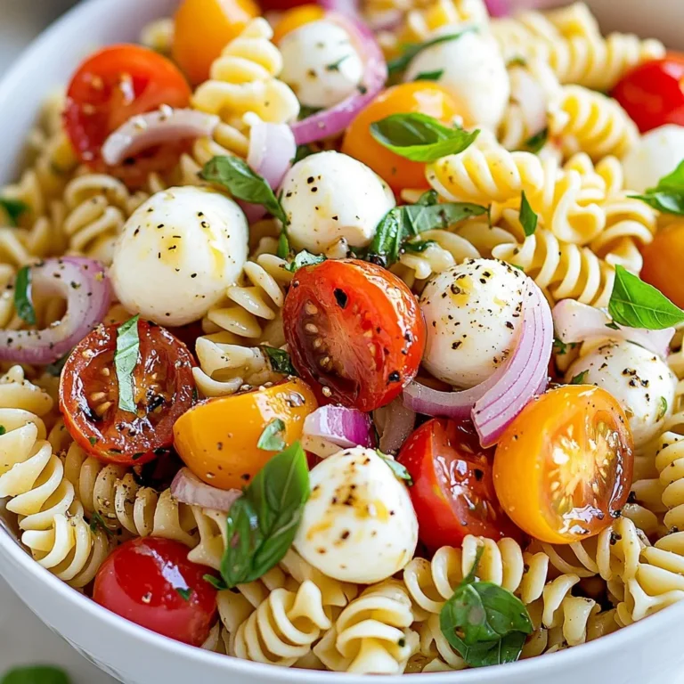 For the Tomato Mozzarella Pasta Salad, you will need the following: - 8 oz fusilli or rotini pasta - 1 pint cherry tomatoes, halved - 8 oz fresh mozzarella balls (bocconcini), halved - 1/4 cup fresh basil leaves, chopped - 1/4 cup red onion, finely diced - 2 tablespoons balsamic vinegar - 3 tablespoons extra virgin olive oil - Salt and pepper to taste - 1 teaspoon Italian seasoning - Optional: 1/4 cup black olives, sliced These ingredients create a bright and fresh dish that everyone will love. Using fresh ingredients makes a big difference. Fresh mozzarella adds a soft creaminess. Cherry tomatoes burst with flavor. Fresh basil brings a lovely aroma. Dried herbs can work in a pinch. However, they lack the vibrancy of fresh herbs. If you can find fresh ingredients, use them. They will make your salad taste better. Fresh ingredients also enhance the dish’s look. Feel free to customize your salad! You can add ingredients like: - 1/4 cup black olives, sliced - Grilled chicken for protein - Bell peppers for crunch - Avocado for creaminess These additions can change the flavor and texture. Try different combinations to find your favorite mix! {{ingredient_image_2}} To start, bring a large pot of salted water to a boil. This helps the pasta taste great. Add 8 oz of fusilli or rotini pasta. Cook it according to the package instructions. Aim for an al dente texture. This means it should be firm to the bite. Once the pasta is done, drain it. Rinse it under cold running water. This stops the cooking process and cools it down. Set the pasta aside for later. In a spacious mixing bowl, add the halved cherry tomatoes, fresh mozzarella balls, chopped basil, and diced red onion. Use 1 pint of cherry tomatoes and 8 oz of mozzarella. Stir gently to mix the ingredients well. This ensures that every bite has a little bit of everything. The colors and textures will look lovely together. Now, let’s make the dressing. In a small bowl or jar, whisk together 2 tablespoons of balsamic vinegar and 3 tablespoons of extra virgin olive oil. Add 1 teaspoon of Italian seasoning, along with a sprinkle of salt and pepper. If using a jar, seal it and shake well. This helps blend all the ingredients into a tasty dressing. Once everything is ready, add the cooled pasta to the bowl with the salad ingredients. Drizzle the dressing over the top. Toss gently to coat everything evenly. If you want, add 1/4 cup of sliced black olives for extra flavor. Taste the salad and adjust the seasoning with more salt and pepper if needed. Now, cover the bowl with plastic wrap or a lid. Place it in the refrigerator for at least 30 minutes. This chilling time allows the flavors to meld beautifully. Enjoy your fresh and tasty Tomato Mozzarella Pasta Salad! You can prepare the Tomato Mozzarella Pasta Salad ahead of time. First, cook the pasta and let it cool. Next, mix in the tomatoes, mozzarella, basil, and onion. Make the dressing and store it separately. When ready to serve, combine everything. This method keeps the salad fresh. Chilling time makes flavors blend well. To ensure balanced flavor, use quality ingredients. Fresh mozzarella and ripe tomatoes enhance taste. Adjust salt and pepper to your liking. Add the dressing gradually, tasting as you go. If it’s too tangy, add a little more olive oil. A pinch of Italian seasoning can boost the flavor. Serve this pasta salad in a large bowl for a great presentation. Garnish with extra basil leaves for color. Drizzle balsamic reduction on top for extra flair. Pair it with grilled chicken or fish to create a full meal. This dish is perfect for picnics or potlucks. Pro Tips Use Fresh Ingredients: Always opt for the freshest tomatoes and mozzarella for a vibrant flavor and texture. Fresh basil also enhances the aroma and taste. Cook Pasta Perfectly: Make sure to cook the pasta al dente so it holds up well in the salad. Rinsing it under cold water stops the cooking process and prevents it from becoming mushy. Flavor Infusion: Let the salad chill for at least 30 minutes before serving to allow the flavors to meld together beautifully, creating a more delicious dish. Experiment with Add-Ins: Feel free to customize your salad with additional ingredients like roasted bell peppers, artichokes, or a sprinkle of crushed red pepper for a kick. {{image_4}} You can easily add protein to your Tomato Mozzarella Pasta Salad. Chicken and tuna are great choices. For chicken, use grilled pieces or rotisserie chicken. Just shred or chop it into small bits. If you prefer tuna, opt for canned tuna in water or oil. Drain it well, then mix it in. These proteins boost the meal's nutrition. They also add flavor and make the salad more filling. You don’t have to stick to fusilli or rotini. Feel free to try other pasta shapes. Penne, farfalle, or even whole wheat pasta work well. Each shape brings its own fun texture. Just cook them as you would the fusilli. You can use any shape you like, so get creative! To make this dish vegan or dairy-free, swap out the mozzarella. There are many tasty vegan cheese options today. Look for brands that offer plant-based mozzarella. You can also use avocado for creaminess. It gives a rich texture without dairy. Use balsamic vinegar and olive oil for the dressing, as they are naturally vegan. This way, you keep the flavors fresh and vibrant. To keep your tomato mozzarella pasta salad fresh, store it in an airtight container. This helps lock in moisture and flavor. Always let the salad cool to room temperature before sealing it. If you don't have a container, cover the bowl tightly with plastic wrap. This keeps it from drying out in the fridge. When stored properly, your pasta salad will last up to three days in the fridge. The flavors will deepen, making it even tastier. Just check for any signs of spoilage, like an off smell or slimy texture before eating. If the salad looks good, it should be safe to enjoy. I do not recommend freezing this salad. The fresh ingredients, like tomatoes and mozzarella, do not freeze well. They can become mushy and lose their flavor. If you want to save leftovers, focus on refrigerating them instead. Enjoy your pasta salad fresh for the best taste! Yes, you can use other types of pasta. You can try penne, rotini, or bowtie pasta. Just make sure to cook it until it's al dente. Each shape adds a nice twist to the salad. To make this salad gluten-free, use gluten-free pasta. Many brands offer great options made from rice, quinoa, or lentils. Follow the same cooking instructions. This keeps the dish tasty and safe for those with gluten allergies. If you can't find fresh mozzarella, you can use regular mozzarella cheese. You can also try feta cheese for a tangy flavor. Cubed cheese works well, but it alters the creamy texture slightly. Yes, you can eat it for up to three days in the fridge. Just make sure to store it in an airtight container. If you see any changes in smell or texture, it's best to toss it out. Always use your senses to check freshness! This blog post covered all you need to make a great pasta salad. We looked at essential ingredients for a tasty dish and how fresh or dried options change the flavor. I shared step-by-step instructions for perfect pasta and mixing. You learned tips to prep ahead and balance flavors. We discussed fun variations, storage methods, and answered common questions. Make your pasta salad unique and delicious. Enjoy it fresh or as leftovers. Happy cooking!