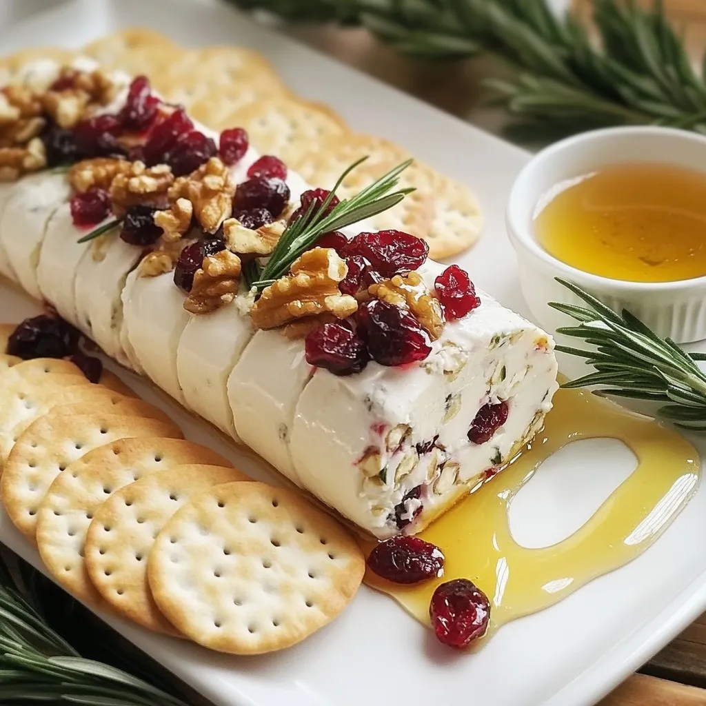 - 8 oz goat cheese, softened - 1/4 cup dried cranberries, finely chopped - 1/4 cup walnuts, finely chopped - 2 tablespoons fresh rosemary, finely chopped - 1 teaspoon honey - Salt and freshly ground pepper to taste - Fresh rosemary sprigs for garnish (optional) - Assorted crackers or sliced baguette The ingredients for the Rosemary Cranberry Goat Cheese Log are simple yet flavorful. Start with 8 ounces of goat cheese. It should be soft so it mixes well. Next, grab 1/4 cup of dried cranberries. Chop them finely for the best taste. Then, take another 1/4 cup of walnuts and chop them too. This adds a nice crunch. For a fresh touch, add 2 tablespoons of finely chopped rosemary. Its aroma will bring your dish to life. You’ll also need 1 teaspoon of honey. I recommend using local honey for better flavor. Don’t forget salt and pepper to taste. They enhance the flavors in the cheese. When ready to serve, pair your log with assorted crackers or slices of baguette. This mix makes every bite a delight. It’s a treat that’s tasty and easy to prepare! {{ingredient_image_2}} - Combine goat cheese and honey. - Mix until creamy and smooth. Start by placing the softened goat cheese in a bowl. Add the honey to the goat cheese. Use a fork or spatula to mix them well. You want a smooth texture with no lumps. This step is key to a great flavor base. - Fold in cranberries, walnuts, and rosemary. - Season with salt and pepper. Next, gently fold in the chopped cranberries, walnuts, and rosemary. Make sure everything blends evenly. The dried cranberries add sweetness. The walnuts give a nice crunch. The fresh rosemary brings an herbal note. Finally, season the mixture with salt and freshly cracked pepper to taste. - Using plastic wrap to form a log. - Refrigerate for thickening. Now, lay a large piece of plastic wrap on a flat surface. Spoon your cheese mixture into the center of the wrap. Gather the sides of the wrap to shape the cheese into a log. Roll it tightly and twist the ends to seal. Place the log in the fridge for at least one hour. This helps it firm up and hold its shape. Softened goat cheese is key for a smooth log. If it’s cold, it won’t mix well. Leave it out for about 30 minutes before starting. This way, you’ll get that creamy consistency. For mixing tools, I suggest using a fork or a spatula. A fork can break up lumps easily. A spatula helps fold in the cranberries and walnuts without squishing them too much. Using high-quality honey makes a big difference. Local honey often has the best taste. If you prefer more sweetness, add a bit more honey. If you want a savory kick, add more rosemary or walnuts. Always taste as you mix. This way, you can adjust to your liking. To impress your guests, arrange the log on a rustic wooden serving board. Use a variety of crackers or sliced baguette as sides. A small bowl of honey adds a nice touch for drizzling. For garnish, fresh rosemary sprigs look beautiful. They add color and hint of the flavors inside. You can also sprinkle some extra chopped nuts or cranberries on top for added flair. Pro Tips Use Fresh Ingredients: Fresh rosemary and high-quality goat cheese can significantly enhance the flavor of your cheese log. Chill for Best Texture: Allowing the log to chill for at least an hour helps it firm up, making it easier to slice and serve. Experiment with Nuts: Feel free to substitute walnuts with other nuts like pecans or almonds for a different flavor profile. Serve with Variety: Pair the cheese log with different types of crackers and bread to create an appealing and diverse cheese board. {{image_4}} You can switch goat cheese for cream cheese or mascarpone. These choices change the flavor and texture. Cream cheese offers a smooth, mild taste. Mascarpone is rich and creamy, making your log even more indulgent. For nuts, you can try pecans or almonds. Pecans give a sweet, buttery crunch. Almonds add a nice, mild flavor that pairs well with the cheese. Adding fresh herbs can boost the taste. Try thyme or chives to add a new twist. You can also mix in spices like garlic powder or paprika. A little lemon or lime zest can brighten the dish. These enhancements make the log more exciting and flavorful. Use seasonal fruits to change the log's profile. Apples or pears offer a sweet crunch that complements the cheese. For the holidays, add more cranberries or pecans. These festive touches make the log perfect for any gathering. You can adapt the recipe based on what is fresh and available. Chill the cheese log for at least one hour. This time lets the log firm up. It also helps the flavors blend well. If you skip this step, the log may be too soft. A well-chilled log is easier to slice. It also has a better texture when served. To store leftovers, use an airtight container. This keeps the cheese log fresh and moist. If stored right, it lasts about five days in the fridge. Always check for any signs of spoilage before serving. Yes, you can freeze the cheese log. Wrap it tightly in plastic wrap first. Then, place it in a freezer bag. This helps prevent freezer burn. When you want to use it, thaw the log in the fridge overnight. After thawing, serve it cold with your favorite crackers. Yes, you can make this log ahead of time. This helps the flavors blend well. I suggest preparing it a day before your event. Wrap it tightly in plastic wrap after shaping. Chill it in the fridge for best results. The log stays fresh for up to five days. I love serving this cheese log with a variety of crackers. Here are some great options: - Water crackers for a neutral flavor. - Whole grain crackers for added texture. - Herbed crackers to enhance the taste. - Crostini or sliced baguette for a crunchy bite. These pairings highlight the creamy cheese and add crunch. To add flavors, start with small amounts. Use fresh herbs like thyme or chives. You can also add a hint of lemon zest. These flavors brighten the dish without taking over. Always taste as you mix to find the right balance. Keep the goat cheese as the star of the show! This blog post shares how to create a tasty Rosemary Cranberry Goat Cheese Log. You learned about the key ingredients, step-by-step instructions, and tips to get the best flavor. Remember, you can use different cheeses or nuts to change things up. Store leftovers in airtight containers for later use. This dish impresses at gatherings and is simple to make. Try it out, and enjoy every bite!