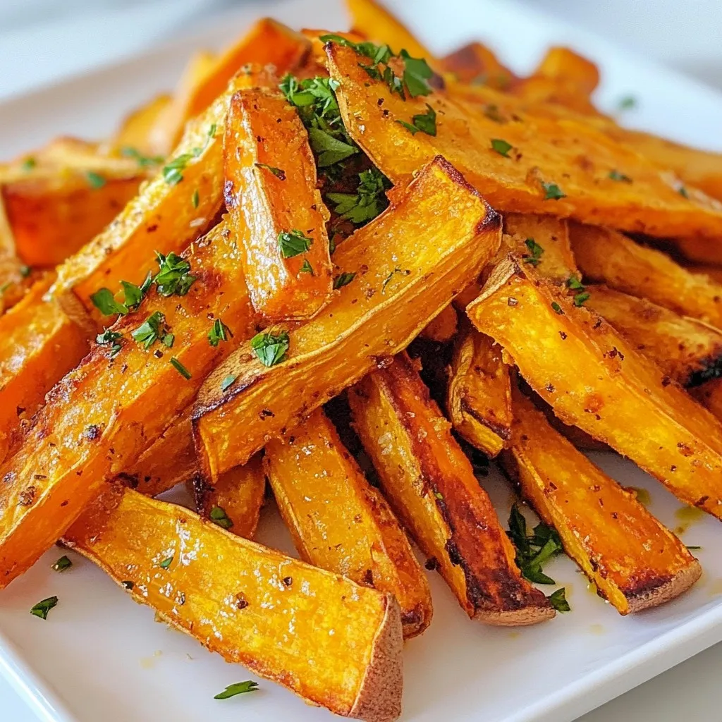 To make these fries, start with 2 large sweet potatoes. Peel them and cut them into thin strips. Thin cuts help the fries cook evenly. Soaking them in water removes excess starch. This step makes your fries crispier. For flavor, gather these spices: - 1 teaspoon garlic powder - 1 teaspoon smoked paprika - 1/2 teaspoon cayenne pepper (adjust for spice) - Salt and pepper to taste These spices give the fries a tasty kick. Mix them well with the sweet potatoes to ensure each fry is full of flavor. You'll need: - 2 tablespoons olive oil - Fresh parsley, chopped (for garnish) Olive oil helps the fries crisp up in the air fryer. Parsley adds a fresh touch when serving, making your plate look vibrant and inviting. {{ingredient_image_2}} First, peel the sweet potatoes. Use a good peeler to remove the skin. Next, cut the sweet potatoes into thin strips. Aim for a uniform shape to ensure even cooking. Now, soak the sweet potato strips in a bowl of cold water. Let them soak for 30 minutes. This step helps to remove excess starch. When you're done, drain the water and pat the sweet potatoes dry with a kitchen towel. This makes them crispier when cooked. In a large mixing bowl, add the dried sweet potato strips. Pour in 2 tablespoons of olive oil. Toss the strips gently until they are fully coated. Next, add the spices: 1 teaspoon of garlic powder, 1 teaspoon of smoked paprika, and 1/2 teaspoon of cayenne pepper. Add salt and pepper to taste. Mix everything well so that each fry is coated with flavor. Preheat your air fryer to 400°F (200°C). This should take about 5 minutes. Once it’s hot, place the sweet potato fries in the basket. Make sure they are in a single layer. If you have too many, cook them in batches. Cook the fries for 15 to 20 minutes. Shake the basket halfway through to ensure even cooking. The fries are ready when they are golden brown and crispy. After cooking, let them cool for a minute. Finally, garnish with fresh parsley before serving. Enjoy your delicious air fryer sweet potato fries! To get your sweet potato fries super crispy, soak them first. Soak the strips in cold water for 30 minutes. This removes extra starch that can make fries soggy. After soaking, drain and pat them dry. The drier the strips, the better the crispiness. Use olive oil to coat them, but don’t overdo it. Just enough oil will help them fry perfectly. Air fryers need space for good air flow. If you pack too many fries in, they won’t cook right. Try to lay the fries in a single layer. If you have a lot, cook them in batches. This will help them become crispier and cook evenly. Give them room to breathe, and you’ll bite into perfect fries. You can change the spice level of your fries to fit your taste. If you like it spicy, add more cayenne pepper. For a milder flavor, cut down on the cayenne. You can also switch up the spices completely. Try adding paprika or chili powder for a new twist. This way, you can make these fries suit your cravings every time! Pro Tips Cut Evenly: For perfectly crispy fries, ensure your sweet potato strips are cut to an even thickness. This helps them cook uniformly and achieve that desired crunch. Use Cornstarch: For extra crispiness, toss the dried sweet potato strips in a light coating of cornstarch before adding the oil and seasonings. This will enhance the crunch factor. Don’t Overcrowd: Cook the fries in batches if necessary. Overcrowding the air fryer can lead to uneven cooking and soggy fries. Space them out for the best results. Experiment with Seasonings: Feel free to get creative with your spice blend! Try adding cinnamon for a sweet twist or chili powder for extra heat to customize the flavor to your liking. {{image_4}} You can change the flavor by using different spices. Try adding cinnamon for a sweet twist. Or use taco seasoning for a fun kick. You can even mix herbs like rosemary or thyme. Get creative and find your favorite blend! To make your fries even healthier, you can skip the oil. Use a light cooking spray instead. You can also bake them if you want to avoid frying altogether. This way, you can enjoy the fries with fewer calories while keeping the flavor. The shape of your fries can change the texture and taste. Cut them into thin strips for classic fries. If you prefer a thicker fry, cut them into wedges. You can also try spiral cuts for a fun look. Each cut gives a different bite, so experiment to find what you love best! To store leftover fries, let them cool first. Place them in an airtight container. Keep the fries in the fridge for up to three days. They taste best when eaten fresh, but storing is a good option. To reheat your fries, use the air fryer again. Set it to 350°F (175°C). Cook for about 5 to 7 minutes. This method helps them regain their crispiness. You can also use an oven for reheating. Just remember to spread them out on a baking sheet. To freeze sweet potato fries, lay them in a single layer on a baking sheet. Freeze until firm, which will take about one hour. Once frozen, transfer the fries to a freezer bag. They can last for up to three months in the freezer. When you’re ready to eat them, just air fry straight from the freezer, adding a few extra minutes to the cook time. Soak sweet potatoes for 30 minutes. This helps remove extra starch. Less starch means crispier fries. After soaking, drain and dry them well. Use a kitchen towel to get rid of any moisture. This step is key for that perfect crunch. Yes, you can use other potatoes. Russets or Yukon Golds work well. They will have a different flavor and texture. Adjust the cooking time as needed. Thin cuts ensure even cooking. Remember, sweet potatoes give a unique taste that pairs well with many dishes. Sweet potato fries are tasty with many dips. Try garlic aioli for a creamy touch. Ranch dressing also complements their flavor. You can also use spicy ketchup for a kick. Experiment with different sauces to find your favorite pairing. Enjoy the variety! This blog post shared how to make tasty sweet potato fries. You learned about essential ingredients, simple steps, and tips for perfect fries. Remember to keep your sweet potatoes well-seasoned and avoid overcrowding the basket. Don't forget to try different shapes and seasonings for variety. Store leftovers for later and reheat them nicely. Sweet potato fries can be fun and healthy. Enjoy your cooking!