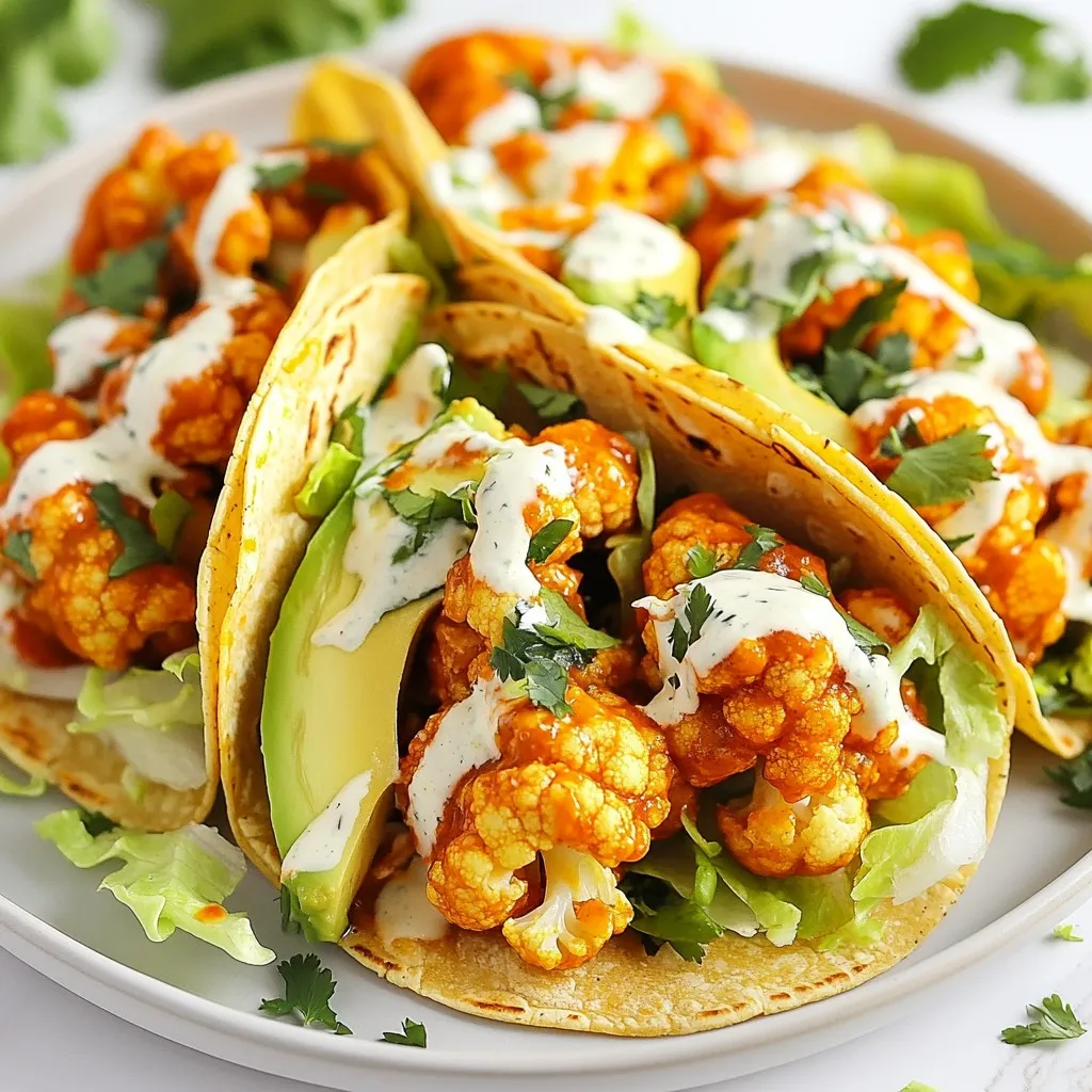 - 1 medium head of cauliflower - 1 cup all-purpose flour - 1 cup unsweetened almond milk - 1 cup vegan buffalo sauce - 8 small corn tortillas - Shredded iceberg lettuce or cabbage - Ripe avocado - Vegan ranch dressing - Fresh cilantro leaves - Garlic powder - Onion powder - Smoked paprika - Salt and pepper Each ingredient plays a key role in these tacos. The cauliflower gives a hearty texture. Flour and almond milk create a crispy coating. The buffalo sauce delivers a spicy kick. Corn tortillas wrap everything together nicely. For toppings, shredded lettuce adds crunch. Slices of ripe avocado offer creaminess. Vegan ranch dressing brings a cool contrast. Fresh cilantro adds a burst of flavor. Using optional seasonings, like garlic and onion powder, boosts taste. Smoked paprika adds a unique depth. Adjust salt and pepper to your liking. Feel free to mix and match toppings. You can use your favorite ingredients to make these tacos your own. {{ingredient_image_2}} 1. First, preheat your oven to 450°F (230°C). This helps the cauliflower cook evenly. 2. Line a baking sheet with parchment paper. This keeps the florets from sticking. 3. In a big bowl, mix 1 cup of all-purpose flour, 1 teaspoon garlic powder, 1 teaspoon onion powder, 1 teaspoon smoked paprika, salt, and freshly ground black pepper. Stir it well. 4. Slowly add 1 cup of unsweetened almond milk to the dry mix. Keep stirring until you get a smooth batter. 1. Grab each cauliflower floret and dip it into the batter. Make sure it gets covered well. 2. Let the extra batter drip off. Place the florets in a single layer on the baking sheet. Leave space between them to allow heat to circulate. 3. Bake the cauliflower for about 20-25 minutes. Flip them halfway through. They should be golden and crispy. 4. When done, take them out and toss the florets in 1 cup of vegan buffalo sauce. Make sure every piece is coated well. 5. Put the sauced florets back on the tray. Bake for another 10 minutes to make the sauce stick and boost the taste. 1. While the cauliflower finishes cooking, warm 8 small corn tortillas. Heat them in a skillet for about one minute on each side until soft. 2. To build your tacos, take a tortilla and fill it with the buffalo cauliflower. 3. Add a handful of shredded iceberg lettuce or cabbage, a few slices of ripe avocado, and drizzle with vegan ranch dressing. 4. For the final touch, sprinkle fresh cilantro leaves on top for color and flavor. To get your cauliflower crispy, follow a few simple steps. First, space the florets well on the baking sheet. Leaving space helps hot air circulate. This keeps the cauliflower from steaming, which can make it soggy. Second, flip the florets halfway through baking. This ensures even cooking and browning. Trust me, these steps make all the difference in crunchiness. Want to kick up the taste? Consider adding spices like cayenne pepper or smoked paprika. These can boost the heat and depth of flavor. You can also make your own buffalo sauce. Mix hot sauce with melted vegan butter and a splash of vinegar. This homemade sauce can be just as tasty as store-bought. Pair your tacos with sides like crispy sweet potato fries or a fresh salad. For drinks, try a light beer or iced tea. They balance the bold flavors of the tacos. For a fun presentation, serve the tacos on a wooden board. Add bowls of toppings for a taco bar experience. This way, everyone can customize their meal! Pro Tips Use Fresh Ingredients: Always opt for fresh cauliflower and other veggies for the best flavor and texture in your tacos. Adjust Spice Level: If you prefer milder flavors, reduce the amount of buffalo sauce or choose a milder variety to suit your palate. Make Ahead: Prepare the buffalo cauliflower in advance and store it in the fridge. Just reheat before serving to save time. Experiment with Toppings: Feel free to get creative with toppings like pickled red onions, jalapeños, or your favorite hot sauce for an extra kick! {{image_4}} For a gluten-free option, you can swap the all-purpose flour with gluten-free flour. Look for brands made from rice, almond, or chickpeas. These options work well and keep the batter light. When it comes to tortillas, choose corn or gluten-free tortillas. Many brands offer great alternatives. Just check the label to make sure they are truly gluten-free. You can boost the protein in your tacos by adding beans or quinoa. Black beans and chickpeas are great choices. They add a nice texture and flavor. Quinoa also brings a nutty taste and is very filling. Don’t forget about seasonal veggies! Try adding bell peppers, zucchini, or corn. These add color and flavor to your tacos. Plus, they pack in more nutrients. If you want to adjust the heat level of the buffalo sauce, use less sauce for a milder taste. You can also mix in a little maple syrup or agave to tone it down. For those who prefer less spice, consider using a different sauce. A creamy garlic sauce or a tangy barbecue sauce can work well. These give you a new flavor without the heat. When you have extra tacos, store them right away. Put them in an airtight container. This keeps them fresh. Keep the container in the fridge. Leftovers can last for up to three days. To reheat without losing crispiness, use an oven or an air fryer. Preheat the oven to 350°F (175°C). Place the tacos on a baking sheet. Heat for about 10 minutes. An air fryer works well too; set it to 350°F (175°C) and heat for 5-7 minutes. You can freeze the assembled tacos for later. Wrap each taco in foil or parchment paper. Then, place them in a freezer bag. They can stay fresh for up to three months. To thaw, move them to the fridge for a few hours. Reheat in the oven or air fryer as mentioned above. This way, you enjoy delicious tacos anytime! Yes, you can prepare these tacos ahead of time. Start by baking the cauliflower and tossing it in the buffalo sauce. Let it cool and store it in an airtight container. You can also warm your tortillas in advance. When ready to eat, assemble your tacos. This keeps them fresh and tasty. If you need a substitute for almond milk, try soy milk or oat milk. Both options work well in this recipe. They have mild flavors and a similar texture. You can also use coconut milk for a creamier taste. Just make sure it's unsweetened. Yes, these tacos are great for meal prep. You can store the baked cauliflower and tortillas separately. Keep the toppings like lettuce and avocado in containers. This way, everything stays fresh. Just assemble your tacos when you are ready to eat them. To add more heat, use extra buffalo sauce. Mix in a few chili flakes for a kick. If you want a stronger flavor, try a hot sauce or even sliced jalapeños. Adjust the spice to fit your taste buds. Cauliflower is low in calories and high in nutrients. It's full of vitamins C and K. This vegetable also has fiber, which is good for digestion. Plus, it contains antioxidants. Eating cauliflower can help support your overall health. Vegan Buffalo Cauliflower Tacos are a fun and tasty dish to make. You learned about key ingredients, simple steps, and helpful tips to get crispy tacos. I shared ideas for variations, storage, and answered common questions. These tacos are flexible and can fit any taste. Enjoy making them your own! With easy swaps and tips, you can serve a delicious meal your way. Try them for dinner or as a crowd-pleaser at your next gathering. You’ll love the flavor and health benefits of cauliflower!