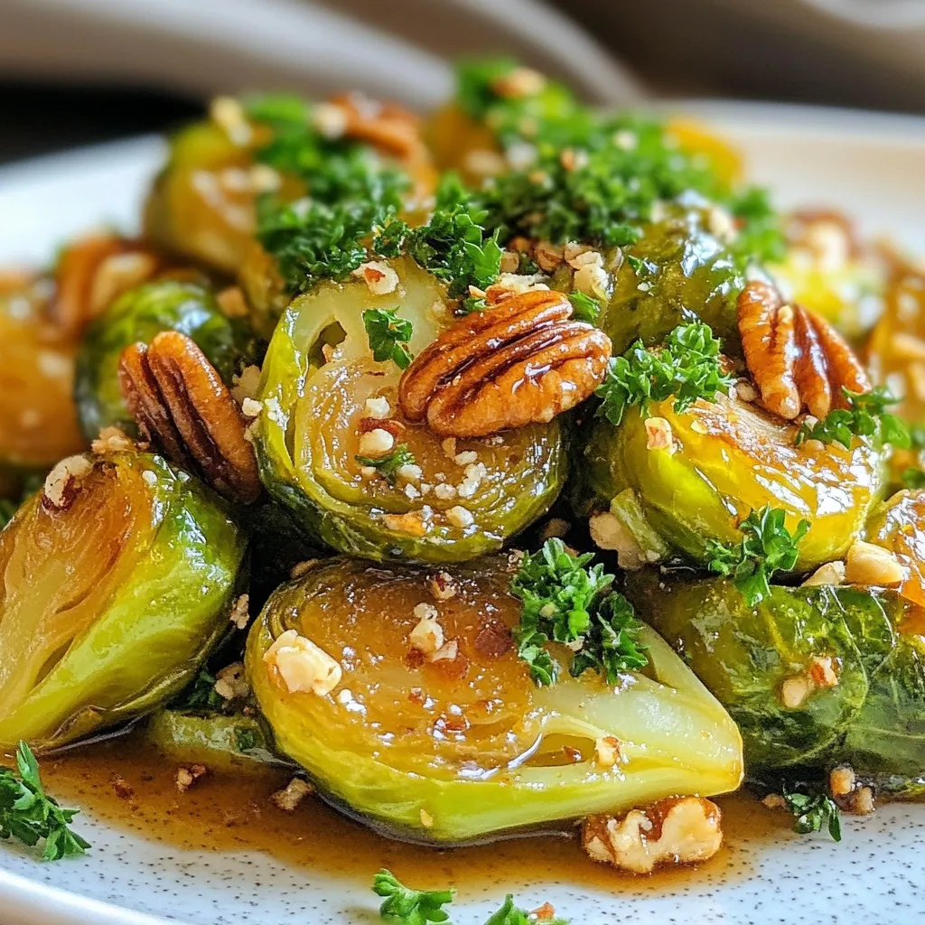 To make maple roasted Brussels sprouts, you will need: - 1 lb Brussels sprouts, halved - 3 tablespoons extra-virgin olive oil - 3 tablespoons pure maple syrup - 1 teaspoon garlic powder - 1/2 teaspoon sea salt - 1/4 teaspoon freshly ground black pepper - 1 cup pecans, roughly chopped - 1/2 teaspoon ground cinnamon - Fresh parsley, finely chopped (for garnish) If you need to make substitutions, here are some great options: - For olive oil, you can use melted coconut oil or avocado oil. - Instead of pure maple syrup, try agave syrup or honey for sweetness. - If you don't have garlic powder, fresh minced garlic works well too. - Pecans can be swapped with walnuts or almonds for a different crunch. This dish is not just tasty; it packs a nutrient punch too. One serving (about 1/4 of the recipe) contains: - Calories: 220 - Protein: 3g - Fat: 18g - Carbohydrates: 15g - Fiber: 4g - Sugars: 6g Enjoy the rich taste of maple and the crunch of pecans, all while nourishing your body! {{ingredient_image_2}} Set your oven to 400°F (200°C). This heat helps the Brussels sprouts roast well. Take 1 pound of Brussels sprouts. Cut them in half. In a big bowl, mix them with 3 tablespoons of olive oil and 3 tablespoons of maple syrup. Add 1 teaspoon of garlic powder, 1/2 teaspoon of sea salt, and 1/4 teaspoon of black pepper. Toss until each sprout is coated. Line a baking sheet with parchment paper. Place the sprouts on the sheet in a single layer. This spacing helps them roast evenly. In a small bowl, add 1 cup of roughly chopped pecans. Mix in 1/2 teaspoon of ground cinnamon. Stir well so the cinnamon covers the pecans. Put the baking sheet in the oven. Roast the Brussels sprouts for about 20 to 25 minutes. Stir them halfway through. This step helps them brown nicely. They should be tender and glazed when done. After roasting, take the baking sheet out of the oven. Let the sprouts cool for a few minutes. Transfer the Brussels sprouts to a nice serving dish. Sprinkle fresh parsley on top for color. Enjoy this tasty dish with friends and family! To roast Brussels sprouts well, start with fresh ones. Look for firm, bright green sprouts. Cut them evenly in half to ensure they cook at the same rate. Toss them in olive oil, salt, and pepper to coat them fully. Spread them out on the baking sheet. Give each piece space to breathe, so they roast instead of steam. A great glaze makes Brussels sprouts shine. Use pure maple syrup for a rich sweetness. Combine it with olive oil for a smooth texture. Garlic powder adds depth, while salt and pepper bring out the flavors. Stir the mixture well with the Brussels sprouts until every piece is coated. This ensures a nice, glossy finish after roasting. Serve your maple roasted Brussels sprouts warm. They pair well with roasted meats, like chicken or pork. You can also serve them as a side to a hearty grain bowl. For a touch of color, sprinkle fresh parsley on top. Add whole pecans for crunch. This gives a lovely contrast in texture and flavor to your dish. Pro Tips Freshness Matters: Always choose Brussels sprouts that are firm and vibrant green; avoid any that are yellowing or soft for the best flavor and texture. Maple Syrup Variations: Experiment with different types of maple syrup, such as dark or amber, to discover unique flavor profiles that can enhance the dish. Nut Alternatives: If you’re allergic to pecans, you can substitute with walnuts or almonds for a similar crunch and flavor, while still keeping the dish delicious. Serving Suggestions: Pair these Brussels sprouts with roasted meats or as a topping for salads for a delightful contrast of flavors and textures. {{image_4}} If you want to mix it up, try different nuts. Walnuts add a rich flavor. They give a nice crunch too. Almonds are another good choice. They bring a sweet and nutty taste. Use them whole or sliced. Both options work well with maple and Brussels sprouts. Want to make this dish vegan? It’s easy! Simply swap the maple syrup for agave nectar. This keeps the sweetness while staying plant-based. You can also use coconut oil instead of olive oil. This adds a hint of coconut flavor. Your Brussels sprouts will still taste fantastic! Feel free to get creative with spices. Adding a pinch of cayenne pepper gives a nice kick. You can also try smoked paprika for a deeper taste. If you like herbs, toss in some thyme or rosemary. These herbs blend well with the sweet maple glaze. Experiment and find your favorite flavor combo! To store your leftover maple roasted Brussels sprouts, first cool them to room temperature. Then, place them in an airtight container. They will stay fresh for up to three days in the fridge. Make sure to cover the container well to keep moisture out. To reheat your Brussels sprouts, preheat your oven to 350°F (175°C). Spread the sprouts on a baking sheet in a single layer. Heat them for about 10-15 minutes, or until they are warm. This keeps them crispy and tasty. You can also use a microwave if you're short on time. Just heat them in short bursts, checking often to avoid sogginess. If you want to freeze your maple roasted Brussels sprouts, start by cooling them completely. Next, spread them on a baking sheet in a single layer and freeze for about an hour. Once frozen, transfer them to a freezer-safe bag or container. They will last for up to three months in the freezer. When you're ready to enjoy them, thaw in the fridge overnight before reheating. Brussels sprouts are low in calories but high in nutrients. They are rich in vitamins C and K. One cup contains fiber, which helps with digestion. They also have antioxidants that support heart health. Eating Brussels sprouts may help reduce inflammation and lower the risk of chronic diseases. Yes, you can use frozen Brussels sprouts. They are convenient and save time. However, fresh sprouts often taste better. Thaw the frozen ones before cooking. This helps them roast evenly and achieve a good texture. Brussels sprouts are done when they are tender and caramelized. They should have a slight crisp on the outside. You can test them with a fork; it should easily pierce the sprout. The nuts should be toasted and fragrant for the best flavor. You can prep Brussels sprouts ahead of time. Cut and coat them with oil and maple syrup. Store them in the fridge for up to 24 hours. When ready to cook, just roast them as directed. This can save time during busy meal times. This blog post covered all you need to know about Brussels sprouts. We explored the key ingredients, tasty variations, and easy step-by-step cooking instructions. I also shared tips for storing leftovers and how to serve them well. Brussels sprouts can be delicious and healthy. By using the right methods and flavors, you can make them a favorite dish. Enjoy cooking and trying new ways to make these veggies shine!