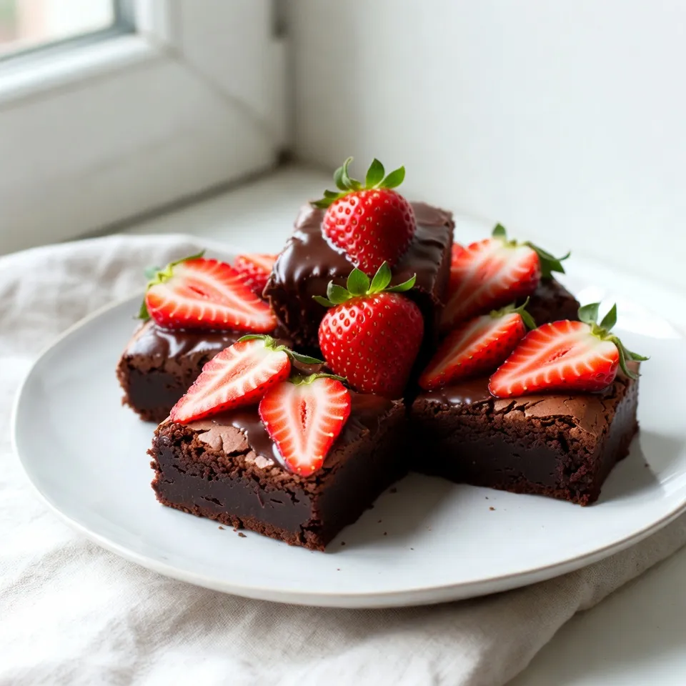 - 1 cup unsalted butter, melted - 2 cups granulated sugar - 4 large eggs - 1 teaspoon pure vanilla extract - 1 cup all-purpose flour - 1 cup unsweetened cocoa powder - 1/2 teaspoon salt - 1/2 teaspoon baking powder - 1 cup fresh strawberries, hulled and sliced - 1 cup semisweet chocolate chips - 1 cup heavy cream Chocolate Covered Strawberry Brownies need simple, tasty ingredients. You start with butter, sugar, and eggs. The butter makes the brownies rich, while sugar adds sweetness. Eggs give the brownies a nice structure. Next, you have dry ingredients: flour, cocoa powder, salt, and baking powder. Flour is the base, and cocoa powder gives the brownies a deep chocolate flavor. Salt helps balance the sweetness, and baking powder makes them rise. Fresh strawberries are the star of this recipe. They add color and flavor. You also need chocolate ganache components, which are semisweet chocolate chips and heavy cream. This ganache adds a shiny, rich finish to the brownies. These ingredients combine to create a treat that is both fudgy and fruity. When you bake these brownies, each bite will be a delight. So gather your ingredients and get ready to bake! {{ingredient_image_2}} 1. Preheat your oven to 350°F (175°C). 2. Prepare your 9x13 inch baking pan. You can lightly grease it or use parchment paper. This helps in easy removal later. 3. In a large bowl, mix the melted butter and sugar. Whisk until the mix is smooth. 4. Add the eggs one at a time. Make sure to mix well after each egg. Then, add the vanilla extract and mix until combined. 5. In another bowl, sift the flour, cocoa powder, salt, and baking powder together. This helps to avoid lumps and makes a nice texture. 6. Gradually add the dry mix to the wet mix. Stir gently until you see no dry flour. Don't overmix! 7. Fold in half of the sliced strawberries carefully. You want them throughout the batter but not broken up too much. 1. Pour the brownie batter into your prepared pan. Use a spatula to spread it evenly. 2. Bake the brownies for about 25-30 minutes. To check if they’re done, insert a toothpick in the center. It should have a few moist crumbs. 3. While they bake, make the chocolate ganache. Heat the heavy cream in a small pan until it simmers, then remove it from heat. 4. Stir in the semisweet chocolate chips. Mix until the chocolate is melted and the ganache is smooth and glossy. 1. Once the brownies cool in the pan for a few minutes, pour the warm ganache over the top. Use a spatula to spread it evenly. 2. Next, arrange the remaining sliced strawberries on top of the ganache. This makes for a pretty presentation. 3. Let the brownies cool completely at room temperature or chill them in the fridge to set the ganache. 4. Finally, cut the brownies into squares with a sharp knife and serve them on a platter. - To achieve the perfect fudgy texture, bake your brownies for 25 to 30 minutes. Use a toothpick to check for doneness. If it comes out with a few moist crumbs, you’re set! - Avoid overmixing the batter. Stir just until there are no dry bits. This keeps the brownies soft and chewy. - Pair your brownies with a scoop of vanilla ice cream or a dollop of whipped cream. This adds a creamy touch that balances the rich chocolate. - For special occasions, arrange the brownies on a beautiful platter. Place the sliced strawberries artfully on top for a stunning look. You can also drizzle extra chocolate ganache over them for an elegant finish. Pro Tips Use Quality Chocolate: The flavor of your brownies heavily relies on the chocolate used. Opt for high-quality semisweet chocolate chips for a richer taste. Don’t Overmix the Batter: To achieve fudgy brownies, mix until just combined. Overmixing can lead to cake-like brownies instead of the desired dense texture. Chill for Perfect Cuts: For clean slices, refrigerate the brownies for at least an hour after they are set. This makes cutting into squares easier and neater. Experiment with Toppings: Feel free to add other toppings like crushed nuts or drizzled caramel along with the strawberries for an extra layer of flavor and texture. {{image_4}} You can make your brownies even better by adding nuts or different types of chocolate. Try mixing in chopped walnuts or pecans for a delightful crunch. You can also use dark chocolate chips or white chocolate to change the flavor. These small changes can make a big difference in taste. If you want something fruity, consider using other fruits for topping. Raspberries or blueberries can add a nice twist. They will give your brownies a fresh burst of flavor and color. You can also try a mix of strawberries and other berries for a fun medley. For those who need gluten-free options, you can easily switch the all-purpose flour. Use a gluten-free flour blend instead. Make sure to check the label to ensure it works well in baking. This way, everyone can enjoy these brownies without worry. If you want to make vegan brownies, substitute the eggs with flaxseed meal or applesauce. Use a plant-based butter instead of regular butter. You can also choose dairy-free chocolate chips to keep it vegan. These swaps still give you delicious brownies that everyone will love. To keep your brownies fresh, store them in an airtight container. This helps prevent them from drying out. You can keep them at room temperature for up to three days. For longer storage, place them in the fridge. They will last for about a week there. If you want to save them for later, freeze the brownies. They can stay in the freezer for up to three months. Just wrap them well in plastic wrap before freezing. To enjoy your brownies warm again, you can use the microwave or the oven. If you choose the microwave, heat one brownie for about 15 seconds. Check if it’s warm enough, and if not, heat it a bit more. For the oven, preheat it to 350°F (175°C). Place the brownies in an oven-safe dish and cover them with foil. Heat for about 10 minutes. This method keeps them soft and moist. You can use coconut oil or applesauce in place of butter. Coconut oil gives a nice flavor. Applesauce keeps the brownies moist and adds sweetness. Yes, you can make these brownies a day or two in advance. Store them in an airtight container. They taste great chilled or at room temperature. Check the brownies with a toothpick. Insert it into the center; it should come out with a few moist crumbs. If it comes out clean, they may be overbaked. You learned how to make delicious brownies with fresh strawberries and rich chocolate ganache. We covered the essential ingredients, step-by-step instructions, and tips for the perfect bake. Remember to store your brownies properly for the best taste. Feel free to try variations like nuts or gluten-free options. With these insights, you can impress family and friends at your next gathering. Enjoy your baking adventure!