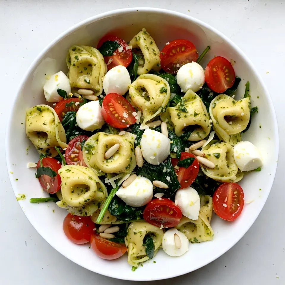For the base of this dish, I use 10 oz of cheese tortellini. You can choose fresh or frozen tortellini. Fresh tortellini cooks in about 3-5 minutes. Frozen takes a bit longer. I like to cook it al dente for the best texture. This salad shines with vibrant veggies. You need 1 cup of cherry tomatoes, halved, for sweetness. Add 1 cup of baby spinach, roughly chopped, for freshness. I also include ½ cup of mozzarella balls, halved, to give a creamy bite. Lastly, ¼ cup of grated Parmesan cheese adds a savory touch. The dressing makes this salad truly creamy and flavorful. I mix ½ cup of basil pesto with ¼ cup of Greek yogurt. This gives a rich texture. I also add 1 tablespoon of fresh lemon juice for brightness. Don’t forget salt and freshly ground black pepper to taste. Taste your dressing and adjust the flavors as you like. For a final touch, I recommend adding pine nuts. They provide a nice crunch. You can also garnish with fresh basil leaves. This makes the salad look vibrant and inviting. {{ingredient_image_2}} To start, fill a big pot with water. Add a good pinch of salt. Bring it to a boil. Once it bubbles, add the tortellini. Cook it according to the package instructions. Usually, fresh tortellini takes 3-5 minutes, while frozen may need a bit longer. Once it’s done, drain the tortellini. Spread it on a baking sheet. This helps it cool and stops it from sticking. Next, grab a small mixing bowl. Add the basil pesto, Greek yogurt, and fresh lemon juice. Don’t forget a pinch of salt and pepper. Whisk these ingredients well. You want a smooth and creamy dressing. Taste it. If it needs more flavor, add a little more salt or pepper. Now, take a large mixing bowl. Add the cooled tortellini. Toss in the cherry tomatoes, chopped baby spinach, halved mozzarella balls, and grated Parmesan cheese. Mix these ingredients gently. This helps keep the tortellini intact. Pour your creamy pesto dressing over the tortellini mixture. Use a gentle hand to toss everything together. Make sure each piece is coated in the dressing. This helps all the flavors blend nicely. Before you serve, taste your salad. If it feels like it needs more flavor, add a bit more salt, pepper, or lemon juice. These small tweaks can make a big difference. Let your salad chill in the fridge for at least 15 minutes. This time helps the flavors come together. It also makes the salad refreshing. When ready to serve, scoop it into a nice bowl. You can add fresh basil leaves and pine nuts for a lovely finish. To get the best tortellini, you need to cook it right. Fresh tortellini takes about 3 to 5 minutes to cook. Frozen tortellini often takes a bit longer. Test a piece to see if it is al dente. This means it should be firm but not hard. After cooking, spread it out on a baking sheet. This helps cool it quickly and stops it from sticking together. To boost the flavors in your dish, try adding fresh herbs. Chopped basil or parsley can brighten up the salad. A splash of lemon juice adds a zesty kick. You can also sprinkle some red pepper flakes for heat. Don't forget salt and pepper; they enhance all the other flavors. Always taste your salad before serving. Adjust the seasoning to your liking. A beautiful presentation makes your dish more inviting. Serve the salad in a colorful bowl for a fun look. You can also use a large platter to make it more elegant. Garnish with fresh basil leaves or a sprinkle of pine nuts. These not only add color but also give a nice crunch. Make sure to toss the salad gently to keep it looking fresh and bright. Pro Tips Cook Tortellini Al Dente: Make sure to follow the package instructions for cooking the tortellini, as overcooking can lead to a mushy texture, which won't hold up well in the salad. Customize Your Veggies: Feel free to add or substitute other vegetables like bell peppers, cucumber, or olives to suit your taste and make the salad even more vibrant. Use Fresh Pesto: If available, use fresh homemade pesto for an enhanced flavor profile. Store-bought pesto can work well too but may vary in taste. Let It Chill: Allowing the salad to rest in the refrigerator for at least 15 minutes before serving helps flavors meld together, making each bite more delicious. {{image_4}} You can swap out cheese tortellini for other types of pasta. Try using whole wheat or gluten-free pasta for a healthier option. If you want a lighter dish, use zoodles made from zucchini. You can also replace cherry tomatoes with diced bell peppers or sun-dried tomatoes for a new flavor. To make this salad even tastier, consider adding cooked chicken or shrimp. These proteins boost the meal and keep you full longer. You can also toss in olives or artichoke hearts for a Mediterranean twist. For a nutty crunch, add toasted pine nuts or slivered almonds. To make this dish gluten-free, use gluten-free tortellini. For a vegan version, you can find plant-based tortellini and replace Greek yogurt with cashew cream or silken tofu. You can also use nutritional yeast instead of cheese to keep that cheesy flavor while staying dairy-free. To store your creamy pesto tortellini salad, first let it cool. Use an airtight container to keep it fresh. Place the salad in the fridge. It will stay tasty for several days. Keep in mind, the longer it sits, the softer the tortellini and greens become. Meal prepping this salad is simple and fun. Cook the tortellini and make the dressing ahead of time. Store them separately to keep everything fresh. Mix the ingredients just before serving. This way, your salad will stay crisp and flavorful. This salad can last up to three days in the fridge. Check for any off smells or changes in color before eating. If you notice any, it’s best to toss it. To keep the flavors strong, consider adding a splash of lemon juice when serving leftovers. This will brighten up the dish! Yes, you can use store-bought pesto. It saves time and still tastes great. Just choose a brand you enjoy. Look for options with fresh ingredients. You can always add a touch of lemon juice to brighten the flavor. This salad lasts about three days in the fridge. Make sure to store it in an airtight container. As time passes, the ingredients may soften, but it will still taste good. Just give it a stir before serving. Absolutely! You can make this salad a day ahead. Just keep it in the fridge. The flavors will blend and taste even better. If you worry about the tortellini getting soggy, add the dressing right before serving. You can add many ingredients to this salad. Try adding grilled chicken or shrimp for protein. You can also toss in bell peppers, olives, or artichoke hearts for more flavor. Nuts or seeds like pine nuts add a nice crunch too. We explored making a tasty creamy pesto tortellini salad. You learned about key ingredients and how to make the perfect dressing. Cooking the tortellini just right boosts the overall flavor. I shared tips for storing leftovers and suggested fun variations. You can add your twist with different ingredients too. This salad can be creamy, fresh, and satisfying, making it a great dish for any meal. Enjoy your cooking adventure!