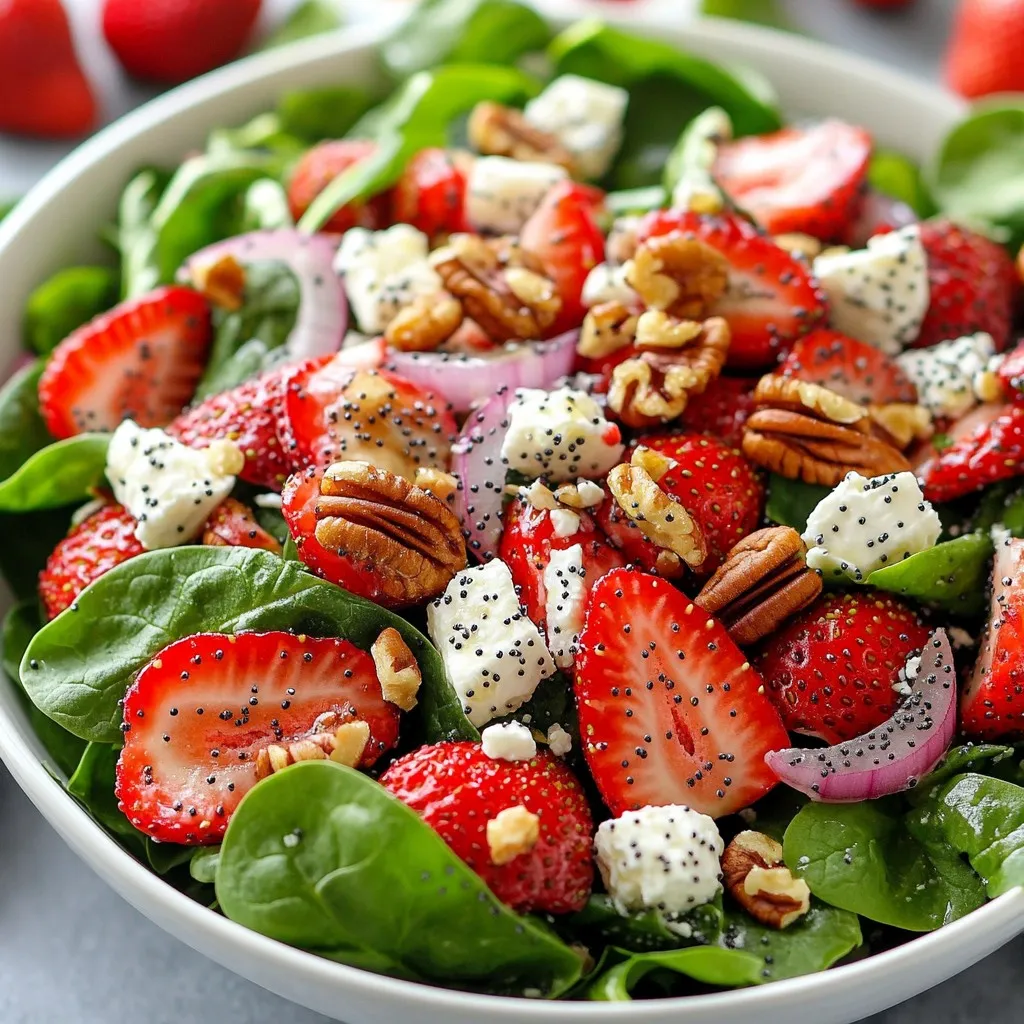 - 4 cups fresh spinach leaves - 1 cup strawberries - 1/2 cup red onion - 1/2 cup feta cheese - 1/4 cup pecans - 1/4 cup poppy seeds - 1/4 cup extra virgin olive oil - 2 tablespoons apple cider vinegar - 1 tablespoon honey - Salt and black pepper The ingredients in this salad bring a burst of color and flavor. You start with fresh spinach leaves. They form a healthy base for your salad. The strawberries add natural sweetness. Their bright red color makes the dish inviting. Next, the red onion gives a sharp bite. Thin slices ensure you get flavor without overwhelming the other tastes. Feta cheese adds creaminess. Its tangy taste balances the sweetness of the strawberries. Pecans provide a lovely crunch. Toasting them enhances their flavor. The poppy seeds add another layer of texture. They create a delightful crunch with every bite. For the dressing, you use extra virgin olive oil. It adds richness and a smooth mouthfeel. Apple cider vinegar brings tanginess. Honey sweetens the mix and ties all the flavors together. Salt and black pepper finish it off, allowing all the flavors to shine. With these ingredients, you can create a fresh, tasty dish that impresses. {{ingredient_image_2}} - Start by arranging 4 cups of fresh spinach leaves in a large salad bowl. - Next, layer 1 cup of sliced strawberries evenly over the spinach. This creates a bright, colorful base. - Top the salad with 1/2 cup of thinly sliced red onions. This adds a nice zing. - Sprinkle 1/2 cup of crumbled feta cheese over the salad. This gives a creamy texture. - Add 1/4 cup of toasted pecans for a crunchy finish. They bring warmth and nutty flavors. - In a small jar or bowl, combine 1/4 cup of extra virgin olive oil, 2 tablespoons of apple cider vinegar, and 1 tablespoon of honey. - Add salt and black pepper to taste. Whisk or shake until the mixture blends well. You want it to emulsify. - Just before serving, drizzle the poppyseed dressing over the salad. Make sure to coat it lightly. - Toss the salad gently with your hands or salad tongs. This ensures a good mix while keeping toppings visible. - Use a large, shallow bowl for serving. - Garnish with extra feta and whole strawberries. Using a shallow bowl helps the colors pop. You want to see the bright greens and reds. Adding extra feta gives a creamy look. Whole strawberries act as a fun decoration. - Consider toasting pecans for deeper flavor. - Adjust honey for sweetness based on preference. Toasting pecans adds a warm, nutty taste. Just put them in a pan on low heat for a few minutes. Check often to avoid burning. Adjusting honey lets you control sweetness. If you like it sweeter, add more honey. - Serve as a side dish or light meal. - Pair with grilled chicken or fish for a balanced meal. This salad works well on its own or as a side. If you want a full meal, grilled chicken or fish is perfect. The flavors blend nicely, and it feels light yet filling. Pro Tips Use Fresh Ingredients: Always opt for fresh spinach and strawberries to enhance the flavor and nutritional value of your salad. Toast the Pecans: Toasting the pecans before adding them to the salad will bring out their natural oils and intensify their flavor. Adjust the Dressing: Feel free to adjust the amount of honey or vinegar in the dressing to suit your taste preferences for sweetness or tanginess. Chill Before Serving: For a refreshing experience, chill the salad and dressing separately in the refrigerator for about 30 minutes before serving. {{image_4}} You can easily change this salad to fit your taste. Try using mixed greens instead of spinach. This swap gives a new texture and flavor. You can also switch feta cheese with goat cheese. Goat cheese adds a creamy taste that pairs well with strawberries. Need a protein boost? Add grilled chicken for a hearty meal. If you prefer plant-based options, chickpeas work great, too. For extra crunch, toss in sliced almonds or walnuts. These nuts add flavor and good fats. Want to make it vegan? Simply leave out the cheese and honey. You can also pick a plant-based dressing instead. This keeps the salad fresh while meeting dietary needs. Enjoy this tasty dish in a way that fits your lifestyle! You should eat this salad fresh for the best taste. If you have leftovers, you can store them. Place any uneaten salad in an airtight container. This helps keep your salad fresh for a short time. Keep the dressing separate from the salad. This keeps the salad crisp and fresh. You can store the dressing in the fridge for up to 5 days. Just make sure to use a sealed jar or container. If you need to serve the salad again, re-toss it with the dressing. This helps mix the flavors well. Avoid heating the salad. Heating can cause the spinach to wilt and lose its fresh look. Yes, you can prepare some parts in advance. Wash and tear the spinach leaves and slice the strawberries. Store them in separate containers in the fridge. Make the dressing ahead too and keep it in a jar. Just mix everything together right before serving. This helps keep the salad fresh and crisp. This salad pairs well with grilled chicken or fish. You can also serve it with a light soup for a complete meal. For a picnic, try it alongside sandwiches. A glass of chilled white wine complements it nicely too. Store any leftover salad in an airtight container. Keep the dressing separate to avoid soggy greens. It’s best to eat the salad within a day. If stored right, the flavors will stay fresh. Absolutely! Seasonal fruits like blueberries, raspberries, or peaches work great. You can mix and match based on what you like. Adding citrus segments like oranges can give it a zesty twist. This blog post covered how to make a delicious Strawberry Spinach Poppyseed Salad. You learned about fresh ingredients, the simple dressing, and step-by-step instructions to create this dish. I shared tips for better presentation and flavor, plus variations to suit your taste. Remember to store leftovers correctly for the best experience. Enjoy preparing and sharing this healthy salad, whether as a side dish or a light meal. Embrace creativity and make it your own!