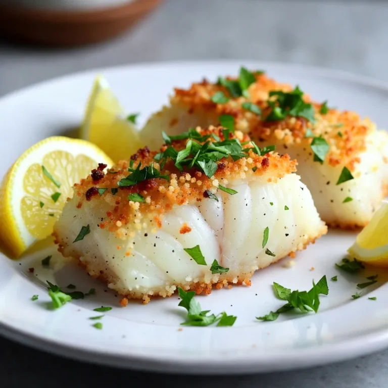- 4 cod fillets (approximately 6 ounces each) - 1 cup panko breadcrumbs (or standard breadcrumbs if preferred) - 1/2 cup freshly grated Parmesan cheese - 2 tablespoons fresh parsley, finely chopped - 1 teaspoon garlic powder - 1 teaspoon smoked paprika - 1/2 teaspoon sea salt - 1/2 teaspoon freshly ground black pepper - 1 large egg - 2 tablespoons Dijon mustard - 2 tablespoons olive oil (plus more for drizzling) - Fresh lemon wedges for serving Cod fillets are the star of this dish. They have a mild taste and firm texture. When cooked, they flake easily, making them perfect for a crust. Panko breadcrumbs create a crispy coating. They are lighter than regular breadcrumbs. This helps the crust stay crunchy and golden. Parmesan cheese gives the dish its rich flavor. Freshly grated cheese melts beautifully, adding a savory taste. Fresh parsley adds color and a hint of freshness. It brightens the dish and makes it look appealing. Smoked paprika brings a subtle warmth. It adds depth without being too spicy. You can try adding a squeeze of fresh lemon juice. It enhances the dish with a citrus zing. For a spicy twist, consider adding red pepper flakes. A little goes a long way in adding heat. You may substitute cod with other fish. Options like haddock or halibut work well too. For extra herbs, try thyme or dill. These can add unique flavors that complement the fish beautifully. {{ingredient_image_2}} Preheat your oven to 400&deg;F (200&deg;C). This temperature helps cook the cod evenly. Line a baking sheet with parchment paper. This keeps the fish from sticking and makes cleanup easy. In a medium bowl, mix the panko breadcrumbs and grated Parmesan cheese. Add the chopped parsley, garlic powder, smoked paprika, sea salt, and black pepper. Stir well to combine all the flavors. This mixture will give your cod a tasty crust. In a shallow dish, crack the egg and add Dijon mustard. Whisk these together until smooth. Take one cod fillet and dip it into the egg mixture. Make sure it is fully coated. Then, transfer it to the breadcrumb mixture. Press the crumbs onto the fish gently. Repeat this for all the fillets. This step is key to getting a crispy coating. Arrange the coated fillets on the prepared baking sheet. For extra crispiness, drizzle a little olive oil on top of each fillet. Bake in the oven for 15-20 minutes. The cod should be cooked through and flake easily with a fork. The crust will be a lovely golden brown. After baking, let the cod rest for a few minutes. Serve warm with fresh lemon wedges. The lemon adds a nice, bright flavor to the dish. To get a great breadcrumb coating, use panko breadcrumbs. They give a nice crunch. Mix the breadcrumbs well with the cheese and spices. This way, each bite has flavor. Press the crumbs onto the fish firmly. This helps them stick during cooking. When cooking cod, keep it fresh and cold until ready to cook. This helps it maintain texture. Bake the cod at 400&deg;F (200&deg;C) for 15-20 minutes. Check it often. The fish is done when it flakes easily with a fork. If you want more crispiness, drizzle olive oil on top before baking. You can change the flavor in many ways. Try adding lemon zest to the breadcrumb mix for a bright taste. Swap the smoked paprika for chili powder if you like heat. Fresh herbs like basil or thyme can also add a nice touch. Experiment and find what you love! Pro Tips Use Fresh Cod: Fresh cod fillets will yield the best flavor and texture. If possible, buy from a trusted fishmonger or the seafood counter at your local market. Customize the Crust: Feel free to add other herbs and spices to the breadcrumb mixture, such as oregano or cayenne pepper, for an extra kick of flavor. Check for Doneness: To ensure your cod is perfectly cooked, use a fork to check if it flakes easily. If it does, it&rsquo;s done! Serve with Sides: Pair your crispy cod with a light salad or roasted vegetables for a complete meal that balances flavors and textures. {{image_4}} You can easily make this dish gluten-free. Simply swap the panko breadcrumbs for gluten-free breadcrumbs. You can also use crushed cornflakes or ground almonds for a different texture. These options work well and still give that crunchy crust. It&rsquo;s a great way to enjoy the recipe without gluten. If you want to change the fish, you have choices. Try using haddock, tilapia, or salmon. Each fish has a unique taste and texture, but they all work with this recipe. Just adjust the cooking time, as thicker fish like salmon might need a bit longer to cook. You can mix the flavors to suit your taste. Try adding lemon zest for brightness or cayenne pepper for heat. Herbs like dill or thyme add a fresh twist. Experiment with your favorite spices; this dish is very versatile. Don't be afraid to get creative and find a flavor you love! To store leftover Parmesan crusted cod, wait for it to cool. Place the cod in an airtight container. Make sure to cover it tightly. Store it in the fridge for up to three days. This keeps the fish fresh and tasty. If you have multiple pieces, separate each with parchment paper. This helps prevent sticking. When you want to enjoy your leftover cod, preheat your oven to 350&deg;F (175&deg;C). Place the cod on a baking sheet. Heat for about 10-15 minutes until warmed through. This method keeps the crust crispy. If you prefer, you can use a microwave. Heat it on medium power for about one minute. This option is faster, but may make the crust softer. If you want to freeze your cod fillets, wrap each one tightly in plastic wrap. Then, place them in a freezer bag. Make sure to remove as much air as possible. This helps prevent freezer burn. You can freeze the cod for up to three months. When ready to eat, thaw it overnight in the fridge. Then reheat it as mentioned before. Parmesan crusted cod tastes great with many sides. Here are some tasty options: - Roasted Vegetables: Carrots, bell peppers, and zucchini add color and crunch. - Mixed Greens Salad: Fresh greens with a light vinaigrette brighten the meal. - Garlic Mashed Potatoes: Creamy potatoes balance the crispy fish. - Quinoa or Rice: These grains soak up flavors and add texture. You can mix and match these sides to fit your taste. Serving lemon wedges adds a zesty touch. Yes, you can prepare Parmesan crusted cod ahead of time. You can coat the fish and store it in the fridge. Make sure to cover it well to keep it fresh. When you're ready to cook, just bake it as directed. If you freeze it, wrap it tightly in plastic wrap and foil. Thaw in the fridge before cooking. This saves time on busy nights! Parmesan crusted cod is a healthy choice. Cod is low in fat and high in protein. It also has omega-3 fatty acids, which are great for your heart. The panko breadcrumbs add crunch without too many calories. You can reduce fat by using less oil if you prefer. Adding fresh herbs and lemon boosts flavor without extra calories. Enjoy this dish knowing it's both tasty and nutritious! In this blog post, we explored how to make Parmesan Crusted Cod, starting with the essential ingredients. We broke down the steps to prepare and bake the fish. I shared tips for perfect coating and cooking. We also discussed variations to suit different diets and flavor preferences. In the end, this dish is easy, tasty, and flexible. You can impress your family or friends with this simple recipe. Enjoy your cooking adventure!