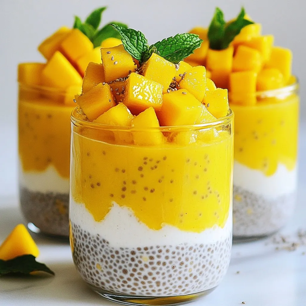 - 1 cup coconut milk (canned or carton) - 1/2 cup almond milk (or your choice of plant-based milk) - 1/4 cup chia seeds - 2 tablespoons honey or maple syrup (adjust to taste) - 1 ripe mango, diced into small cubes - 1/2 teaspoon vanilla extract - A pinch of salt - Fresh mint leaves for garnish Coconut milk and almond milk are both great for this recipe. Coconut milk gives a rich taste. Almond milk adds a light flavor. You can mix them, too, for a creamy effect. When choosing sweeteners, honey and maple syrup both work well. Honey is thicker and adds a floral taste. Maple syrup is more liquid and has a unique flavor. You can pick what you like best. For fresh mango, look for ripe ones. They should feel slightly soft when you press them. A bright yellow or orange color shows ripeness. Avoid ones with dark spots, as they may be overripe. Using these fresh ingredients makes your pudding delicious and healthy. Enjoy crafting this tropical treat! {{ingredient_image_2}} In a medium bowl, combine 1 cup of coconut milk and 1/2 cup of almond milk. You can use canned or carton coconut milk, whichever you prefer. Next, add 2 tablespoons of honey or maple syrup. Adjust this to your taste. Then, drop in 1/2 teaspoon of vanilla extract and a pinch of salt. Whisk everything together until it is creamy and well blended. Now, take 1/4 cup of chia seeds. Gradually sprinkle them into your milk mixture while stirring continuously. This step is key to avoiding clumps. Stir well to ensure even distribution of the seeds. If you see clumps, keep stirring! Cover the bowl with plastic wrap or a lid. Place it in the refrigerator. Chill for at least 4 hours, but overnight is best. This time allows the chia seeds to soak up the liquid and grow. The pudding will thicken up nicely. Once ready, remove the bowl from the fridge. Stir the pudding well to mix it again. This helps to get a smooth texture. Now, grab your serving bowls or clear jars. Start with a layer of chia pudding, then add a layer of diced mango on top. Repeat this process, finishing with mango. This creates a beautiful effect. For the final touch, add a few fresh mint leaves on top of each serving. This not only looks great but adds a fresh aroma. You can even add a slice of mango on top for a pop of color. Enjoy your Coconut Mango Chia Pudding! To store leftovers, place the pudding in an airtight container. Keep it in the fridge for up to four days. This way, the pudding stays fresh and tasty. If you notice any separation, just stir it before serving. You can tailor the sweetness to your taste. Start with two tablespoons of honey or maple syrup. Taste it, then decide if you want more. You can easily add a little more sweetener if you like. Remember, ripe mangoes add natural sweetness too! If your pudding is too thick, add a splash of almond milk. Stir it in well until you reach the desired creaminess. If it’s too runny, let it chill longer. The chia seeds need time to absorb the liquid. If you see lumps, it means the chia seeds clumped together. Stir the mixture well before chilling to avoid this. Pro Tips Perfect Consistency: To achieve the ideal thickness, ensure that you allow the chia pudding to chill for at least 4 hours, preferably overnight. This ensures the chia seeds fully absorb the liquid. Flavor Variations: Experiment with different plant-based milks or sweeteners. Coconut milk pairs beautifully with other fruits like pineapple or banana for a tropical twist. Presentation Matters: Serve the pudding in clear jars or glasses to showcase the stunning layers of mango and pudding. This not only looks appealing but also enhances the eating experience. Fresh Garnish: Always add fresh mint leaves just before serving. They not only add a pop of color but also a refreshing aroma that complements the flavors of the pudding. {{image_4}} You can add many fruits or spices to your pudding. Some great options include: - Berries: Strawberries, blueberries, or raspberries add a sweet and tart flavor. - Bananas: Mashed bananas give a creamy texture and natural sweetness. - Cinnamon: A sprinkle adds warmth and a nice twist to the taste. - Coconut Flakes: Shredded coconut can boost the coconut flavor and add texture. Try different combinations to find your favorite! If you want to change the milk, many plant-based options work well. Here are some choices: - Soy Milk: This milk is creamy and rich in protein. - Oat Milk: It has a mild taste and adds a nice texture. - Cashew Milk: Creamy and slightly sweet, it pairs well with mango. - Rice Milk: A lighter option that is naturally sweet. Feel free to experiment with what you have at home! You might want to change the sweetener. Here are some substitutes to consider: - Agave Nectar: A sweet syrup that blends easily into the mixture. - Coconut Sugar: This adds a caramel-like flavor to the pudding. - Stevia: A no-calorie sweetener if you want to cut sugar. - Brown Rice Syrup: A thick syrup that adds a unique taste. These swaps can help you customize the sweetness to match your taste! Chia seeds are tiny but mighty. They are packed with fiber, protein, and healthy fats. Just two tablespoons give you about 5 grams of protein. This helps keep you full longer. Chia seeds also contain omega-3 fatty acids. These support heart health and brain function. Coconut milk adds creaminess and a tropical flavor. It is rich in medium-chain triglycerides (MCTs), which may boost energy. This milk also provides vitamins and minerals, like potassium and magnesium. Mango is not just delicious; it is also full of vitamins. One mango has vitamin C, which helps your immune system. They also contain vitamin A, which is good for your eyes. Each serving of coconut mango chia pudding has about 200 calories. This varies with your choice of sweetener and milk. Here’s a simple breakdown: - Coconut milk (1 cup): ~445 calories - Almond milk (1/2 cup): ~15 calories - Chia seeds (1/4 cup): ~180 calories - Honey (2 tablespoons): ~128 calories or maple syrup: ~104 calories - Mango (1 medium): ~150 calories When you divide this by four servings, you get a light but satisfying treat. Good news! This pudding is gluten-free and vegan. It fits many diets. The main ingredients are plant-based. You can adjust the sweetness to suit your taste. This makes it great for anyone. Just pick your favorite milk and sweetener. Enjoy a healthy dessert without worry. If you don't have chia seeds, you can use flaxseeds. They also thicken well. Ground flaxseeds work best. You can also use tapioca pearls as a fun texture. They need cooking first, but they absorb liquid and create a nice pudding feel. Coconut mango chia pudding stays fresh for up to five days in the fridge. Make sure to store it in a tight container. This keeps it from drying out or absorbing other odors. If you see any changes in smell or texture, it’s best to toss it. Yes, you can make this pudding ahead! It tastes even better after sitting overnight. This lets the flavors blend fully and the chia seeds swell. Just remember to cover the bowl or jars well before chilling. Absolutely! This recipe is great for meal prep. You can portion it into jars for easy grab-and-go breakfasts. Just layer the pudding and mango in each jar. This makes your morning routine quick and tasty! In this blog post, we explored how to make a delicious coconut mango chia pudding. We discussed key ingredients, mixing techniques, and how to achieve the perfect texture. You learned about storage, sweetness adjustments, and fun flavor variations to try. Remember, this recipe is easy and flexible. Enjoy experimenting with your choices. With fresh ingredients and simple steps, you can create a tasty dessert that also has health benefits. Now, go ahead and make your own delightful pudding!