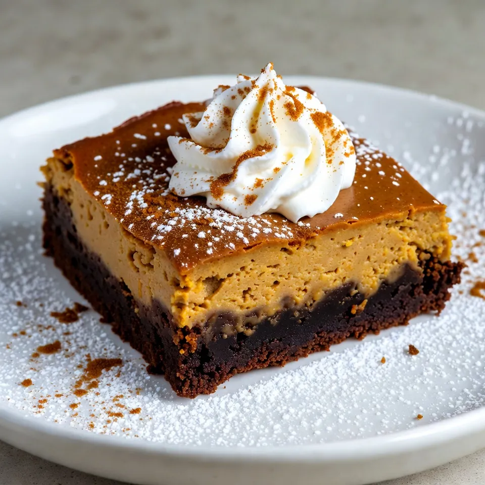 To make delicious pumpkin cheesecake brownies, you need the following ingredients: - 1 cup all-purpose flour - 1/2 cup unsweetened cocoa powder - 1 teaspoon baking powder - 1/4 teaspoon salt - 1/2 cup unsalted butter, melted - 1 cup granulated sugar - 2 large eggs - 1 teaspoon vanilla extract - 1 cup pumpkin puree - 1 teaspoon ground cinnamon - 1/2 teaspoon ground nutmeg - 8 ounces cream cheese, softened - 1/2 cup powdered sugar - 1 egg These ingredients combine to create a rich, flavorful treat. The cocoa powder gives the brownies a deep chocolate flavor, while the pumpkin puree adds moisture and a lovely fall taste. The cream cheese layer brings a creamy texture and balances the sweetness. Make sure to have everything ready before you start to bake. {{ingredient_image_2}} First, set your oven to 350°F (175°C). This is the perfect temperature for baking. Next, take a 9x9 inch baking pan. Grease it with butter or use parchment paper. This helps the brownies come out easily later. In a medium bowl, mix the dry ingredients. Combine 1 cup of all-purpose flour, 1/2 cup of unsweetened cocoa powder, 1 teaspoon of baking powder, and 1/4 teaspoon of salt. Make sure everything blends well. In a larger bowl, mix the wet ingredients. Blend 1/2 cup of melted unsalted butter and 1 cup of granulated sugar until smooth. Beat in 2 large eggs, one at a time. Add 1 teaspoon of vanilla extract and stir until smooth. Now, combine the dry and wet mixes. Gently add the dry mix to the wet mix. Stir until just combined. Pour about half of this brownie batter into the greased pan. Spread it evenly across the bottom. Next, prepare the pumpkin cheesecake layer. In another bowl, beat 8 ounces of softened cream cheese with 1/2 cup of powdered sugar. Mix until creamy. Then, add 1 egg, 1 cup of pumpkin puree, 1 teaspoon of ground cinnamon, and 1/2 teaspoon of ground nutmeg. Mix until fully blended. Spoon the pumpkin cheesecake mixture over the brownie batter. Spread it evenly to form a smooth layer. To create a marbled effect, use the remaining brownie batter. Spoon dollops of it over the pumpkin cheesecake layer. Take a knife or toothpick and gently swirl the layers together. Be careful not to mix them completely. This creates beautiful swirls. Place the pan in the preheated oven. Bake for about 30-35 minutes. To check if they are done, insert a toothpick in the center. If it comes out with a few moist crumbs, they are ready. Once baked, let the brownies cool in the pan for 10-15 minutes. After that, move them to a wire rack to cool completely. When cooled, cut them into squares. For a nice touch, serve them on a decorative platter. Dust with powdered sugar and add a dollop of whipped cream. A sprinkle of cinnamon makes it even better! To get that fudgy texture in your brownies, start by using melted butter. It blends well with the sugar and eggs. Mix your dry and wet ingredients gently. Over-mixing can lead to a cake-like texture. Pour half of the brownie batter into your pan and spread it evenly. This base holds all the delicious layers. For the cream cheese layer, soften your cream cheese well. Cold cream cheese can make it lumpy. I recommend using a hand mixer for a smooth finish. Mix in the powdered sugar first. Then, add one egg and the pumpkin puree. Stir until everything is blended. This will ensure a creamy consistency that pairs well with the brownies. Marbling adds a fun look to your brownies. After spreading the cream cheese layer, drop spoonfuls of brownie batter on top. Use a knife or toothpick to swirl gently. Don’t mix too much; you want to see the layers. This technique creates an eye-catching pattern and enhances the flavor blend. Pro Tips Use Room Temperature Ingredients: Make sure your cream cheese and eggs are at room temperature before mixing. This helps achieve a smoother cheesecake layer without lumps. Don’t Overmix the Brownie Batter: For the best fudgy texture, mix the brownie batter just until combined. Overmixing can lead to a cakey brownie. Swirl for Visual Appeal: When creating the marbled effect, use a gentle hand to avoid fully blending the layers. This ensures a beautiful presentation when cut. Cool Completely Before Cutting: Allow the brownies to cool completely on a wire rack for clean, even cuts. This prevents the layers from smudging and helps maintain the beautiful design. {{image_4}} You can spice up your pumpkin cheesecake brownies with extra flavors. Adding ground ginger or cloves can create a warm, cozy taste. These spices pair well with pumpkin and add depth. Just a pinch can make a big difference. If you love fall flavors, try this twist. It makes each bite even more inviting. To change the flavor, consider using different chocolate types. Dark chocolate adds a rich taste that contrasts nicely with the pumpkin. On the other hand, white chocolate provides a sweet, creamy touch. Both options can make your brownies unique. You can mix and match, too. Use a blend of dark and white chocolate chips for a fun surprise in every bite. If you want a gluten-free treat, you can easily swap the all-purpose flour. Use a gluten-free flour blend instead. These blends often contain rice flour, potato starch, and xanthan gum. They can mimic the texture of regular flour well. Just make sure to check the package for the right measurement. This way, everyone can enjoy these delicious brownies. To keep your brownies fresh, store them in the fridge. First, let the brownies cool completely. Then, wrap them tightly in plastic wrap. You can also place them in an airtight container. This helps keep them moist and tasty. If you want, you can cut them into squares before wrapping. This makes it easy to grab a piece later. You can freeze pumpkin cheesecake brownies if you want to save some for later. To freeze, let the brownies cool down. Then, cut them into squares. Wrap each square in plastic wrap tightly. After that, place them in a freezer bag or container. Make sure to label the bag with the date. When you are ready to eat them, take out a square. Let it thaw in the fridge overnight or on the counter for a few hours. In the fridge, these brownies last about a week. They stay moist and delicious. If you keep them at room temperature, they are best enjoyed within three days. Just make sure to keep them covered to prevent drying out. The combination of pumpkin and cream cheese makes them extra tasty for days! Yes, you can use fresh pumpkin. Fresh pumpkin gives a rich flavor. It also has less moisture. Canned pumpkin is easy and consistent. It saves time and effort. Pros of fresh pumpkin: - Fresh taste and texture - No additives or preservatives Cons of fresh pumpkin: - More time to cook and puree - May need extra care with moisture To check your brownies, look for a few signs. The edges should pull away from the pan. The top will look slightly set. When you insert a toothpick, it should come out with a few moist crumbs. If it’s wet with batter, they need more time. Yes, you can prepare these brownies ahead of time. Bake them and let them cool completely. Wrap the brownies well in plastic wrap. Store them in the fridge for up to five days. You can also freeze them. Just cut them into squares and place them in an airtight container. They last up to three months in the freezer. This blog post shared the ingredients and steps for making delicious pumpkin cheesecake brownies. We covered how to mix the batter, layer the flavors, and achieve that perfect marbled look. I also shared tips for texture and storage, plus fun variations to try. I hope you feel excited to bake these brownies. They offer a great mix of flavors and textures. Whether for a party or a cozy night in, you can't go wrong with this treat. Enjoy your baking adventure!