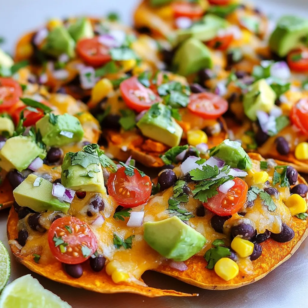 - 2 large sweet potatoes - 1 cup black beans, drained and rinsed - 1 cup corn kernels (fresh, canned, or frozen) - 1 cup shredded sharp cheddar cheese or your favorite dairy-free alternative - 1 ripe avocado, diced - 1/2 cup cherry tomatoes, halved - 1 small red onion, finely chopped - 1 jalapeño, thinly sliced (optional for spice) - 2 tablespoons olive oil - 1 teaspoon ground cumin - 1 teaspoon smoked paprika - 1/2 teaspoon garlic powder - Salt and black pepper to taste - Fresh cilantro, chopped for garnish - Lime wedges, for serving For loaded sweet potato nachos, I love using fresh, colorful ingredients. Sweet potatoes give a nice base. They add fiber and vitamins. Black beans bring protein and a hearty feel. Corn kernels add a nice crunch and sweetness. I always choose sharp cheddar cheese for its rich flavor. If you prefer dairy-free, there are tasty alternatives. The ripe avocado adds creaminess, while cherry tomatoes give freshness. The red onion adds a bit of zing. The optional jalapeño gives a kick if you like heat. Olive oil helps with cooking and flavor. The spices—cumin, smoked paprika, and garlic powder—bring warmth and depth. Don't forget salt and black pepper to balance the flavors. Finally, fresh cilantro brightens up the dish, and lime wedges add a zesty finish. These ingredients together make a fun and tasty treat. {{ingredient_image_2}} - Preheat oven to 400°F (200°C). - Peel and slice sweet potatoes into thin rounds, about 1/4 inch thick. To start, you want to preheat your oven. This helps the sweet potatoes cook evenly. While the oven warms, peel the sweet potatoes. Next, slice them into thin rounds. Aim for uniform thickness to ensure they bake well. - Drizzle with olive oil and sprinkle spices. - Bake sweet potato slices for 25-30 minutes. Once you have the slices, drizzle them with olive oil. Make sure each piece gets a nice coat. Then, sprinkle on the ground cumin, smoked paprika, garlic powder, salt, and black pepper. Toss the slices gently to coat them evenly. Place them on a baking sheet and bake for 25 to 30 minutes. Be sure to flip them halfway through. This gives them that perfect golden crisp. - Layer sweet potato, black beans, corn, and cheese. - Bake again until cheese melts for about 10 minutes. After baking, it’s time to build your nachos! Start by layering the sweet potato rounds on an oven-safe dish. Next, add the black beans, followed by the corn. Finally, sprinkle shredded cheese generously on top. If you like spice, toss some sliced jalapeños on as well. Return the dish to the oven for about 10 minutes. This melts the cheese and creates that delicious gooey texture. Once the cheese is bubbly, your loaded sweet potato nachos are ready! To get crispy sweet potatoes, slice them thin. Aim for about 1/4 inch thick. Thin slices cook better and crisp up nicely. Preheat your oven to 400°F (200°C) before baking. This heat helps to make them crunchy. Flipping sweet potatoes is key. Halfway through baking, turn them over. This ensures both sides get golden and crispy. It is the best way to avoid soggy nachos. You can add more toppings to boost flavor. Sour cream adds creaminess, while salsa brings zest. Try different toppings to find your favorite mix. Fresh herbs like cilantro can also enhance the taste. Use spices wisely. Ground cumin, smoked paprika, and garlic powder bring warmth. Adjust the amount based on your taste. A little salt and black pepper can make a big difference too. For serving, use a large, bright platter. This makes the nachos look inviting. Layer the ingredients well for a colorful display. Garnishing can elevate your dish. Fresh cilantro adds color and flavor. Squeeze lime wedges over the nachos for a zesty finish. For a fun twist, serve with a side of creamy Greek yogurt or zesty salsa. Pro Tips Choose the Right Sweet Potatoes: Opt for firm, unblemished sweet potatoes for the best flavor and texture. Look for those with smooth skin and without any soft spots. Layering is Key: When assembling the nachos, layer the toppings evenly to ensure every bite is packed with flavor. Consider adding some cheese between the layers for extra melty goodness. Customize Your Toppings: Feel free to get creative with toppings! Add ingredients like diced bell peppers, olives, or even a dollop of sour cream for extra richness. Keep an Eye on Baking Time: Ovens can vary in temperature, so keep a close watch on your sweet potato rounds and nachos to avoid burning. Aim for golden brown and bubbly cheese. {{image_4}} For a vegan twist, use a dairy-free cheese. Look for brands made from nuts or soy. These melt well and taste great. You can also skip the cheese and add more toppings. Try fresh herbs like basil or parsley for extra flavor. Consider using cashew cream for a creamy texture. It adds richness without dairy. Want to make these nachos heartier? Add grilled chicken or tofu for protein. Simply cube the chicken or tofu and toss it with spices. You can also use different beans like pinto or kidney beans. Both options add great flavor and nutrition. Mix them in with the black beans for a tasty blend. If you like heat, add hot sauce or spicy salsa. You can also use more jalapeños. Slice them thinly and spread them over the nachos. If jalapeños are too spicy, try banana peppers or bell peppers. These add crunch without too much heat. To store leftover nachos, place them in an airtight container. Make sure the nachos cool down first. This keeps them fresh for up to three days. When you’re ready to eat, reheating is key. I suggest using an oven for the best taste. Preheat your oven to 350°F (175°C). Place the nachos on a baking sheet. Cover them with foil to keep them from drying out. Heat for about 10-15 minutes, or until the cheese melts again. You can add fresh toppings after heating for extra flavor. Can you freeze loaded sweet potato nachos? Yes, but they may lose some crunch. To freeze, layer the nachos on a baking sheet. Keep them flat and avoid stacking. Freeze them for about 2 hours until firm. Once frozen, transfer them to a freezer bag. Squeeze out as much air as possible. This helps prevent freezer burn. To defrost, move the nachos to the fridge overnight. Reheat them in the oven as mentioned above. This way, they will taste almost as good as fresh! Yes, you can prep parts of the dish early. Here are some tips to help: - Sweet Potatoes: Slice and store them in water in the fridge. This keeps them fresh. - Beans and Corn: Drain and rinse them, then store in airtight containers. - Chopped Veggies: Dice onions and tomatoes ahead. Keep them in the fridge to stay crisp. - Cheese: Grate cheese and keep it in a sealed bag for easy use later. When you are ready to bake, just layer and cook as directed. If you want to switch things up, here are some great alternatives: - Zucchini: Slice thinly and bake for a lighter option. - Regular Potatoes: Use russet or Yukon gold potatoes for a classic taste. - Butternut Squash: This adds a sweet flavor and works well too. Choose what you like best for your nachos! Yes, sweet potato nachos are a healthy choice. Here’s why: - Sweet Potatoes: They are full of fiber, vitamins, and minerals. They help keep you full. - Black Beans: These add protein and fiber, making the dish hearty. - Fresh Veggies: Onions, tomatoes, and avocado provide vitamins and healthy fats. - Cheese: While tasty, you can use less or a dairy-free option for a lighter meal. Overall, loaded sweet potato nachos combine flavors and nutrition in a fun way! Loaded sweet potato nachos are a tasty, flexible dish. You learned to prepare layers of sweet potatoes, beans, corn, and cheese. I shared tips for crispiness and flavor, plus variations for diet needs. Whether vegan or spicy, there's a loaded nacho for everyone. Don’t forget how to store leftovers and reheat for later. Enjoy creating your own delicious twist on this meal! Each bite brings joy and satisfaction.