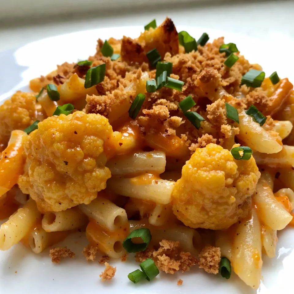 - 1 medium cauliflower, cut into bite-sized florets - 1 cup pasta (elbow macaronis or shell shapes) - 2 tablespoons extra virgin olive oil - 1 teaspoon garlic powder - 1 teaspoon onion powder - 1 cup sharp cheddar cheese, freshly shredded - ½ cup cream cheese, softened - 1 cup whole milk - ¼ cup buffalo sauce (adjust according to preferred spiciness) - 1 teaspoon smoked paprika - Salt and black pepper to taste - ¼ cup breadcrumbs (for topping) - Fresh chives or parsley, finely chopped, for garnish (optional) You can add more veggies like spinach or bell peppers for color and taste. If you want extra heat, try using hotter buffalo sauce or add jalapeños. For a crunchier topping, mix in some crushed tortilla chips with the breadcrumbs. If you want a lighter dish, use low-fat cream cheese and milk. Instead of breadcrumbs, you can use crushed crackers or panko for a different texture. If you're vegan, swap the cheese for a plant-based version and use almond milk. Always taste your sauce before mixing it in. Adjust salt and spice to your liking. {{ingredient_image_2}} First, set your oven to 375°F (190°C). This is the perfect heat for baking. Next, gather your ingredients. You will need: - 1 medium cauliflower, cut into bite-sized florets - 1 cup pasta (elbow macaroni or shell shapes) - 2 tablespoons extra virgin olive oil - 1 teaspoon garlic powder - 1 teaspoon onion powder - 1 cup sharp cheddar cheese, freshly shredded - ½ cup cream cheese, softened - 1 cup whole milk - ¼ cup buffalo sauce - 1 teaspoon smoked paprika - Salt and black pepper to taste - ¼ cup breadcrumbs - Fresh chives or parsley, finely chopped, for garnish (optional) Make sure everything is ready for cooking. In a large bowl, mix the cauliflower florets with olive oil, garlic powder, onion powder, salt, and pepper. Toss them well until every floret is coated. Spread the florets in a single layer on a baking sheet. Roast them in the oven for 20-25 minutes. Look for tender, lightly charred edges. This adds a great flavor to your dish. While the cauliflower roasts, fill a pot with salted water and bring it to a boil. Add the pasta and cook according to the package. Usually, this takes about 7-9 minutes until the pasta is al dente. When done, drain the pasta and set it aside. Next, make the cheese sauce. In a medium saucepan, heat over medium. Start by adding the softened cream cheese and whole milk. Stir until the cream cheese melts and is smooth. Gradually mix in the cheddar cheese, buffalo sauce, and smoked paprika. Keep stirring until the cheese is fully melted. Taste, then add salt and black pepper to your liking. In a large bowl, combine the roasted cauliflower, cooked pasta, and creamy buffalo cheese sauce. Gently mix until everything is well coated. Now, pour this mixture into a greased baking dish. Spread it evenly for even baking. Sprinkle breadcrumbs on top for a crunchy finish. Place the dish in the oven and bake for 15-20 minutes. Look for a golden brown and bubbly top. This will give you a delightful crust. Once baked, take it out and let it cool for a few minutes. If you want, garnish with chopped chives or parsley. This adds color and a fresh taste to your dish. Enjoy! To make the creamiest sauce, use fresh cheese. Freshly shredded cheese melts better than pre-shredded cheese. Cream cheese adds a rich texture. Heat it slowly to avoid lumps. Stir constantly while mixing in the milk. This helps keep the sauce smooth. Adding buffalo sauce gradually lets you control the heat and flavor. Roasting cauliflower is simple but important. Cut the florets into even sizes. This ensures they cook evenly. Use olive oil to coat them well. Season with garlic powder, onion powder, salt, and pepper. Spread the florets in a single layer on the baking sheet. This helps them roast instead of steam. Roast until they are tender and a bit charred. This adds a deep flavor that enhances the dish. One common mistake is overcooking the pasta. Cook it just until al dente, as it will cook more in the oven. Another mistake is adding too much sauce. You want a creamy dish, not a soupy one. Make sure to mix well, so all pasta and cauliflower get coated. Lastly, don’t forget to top with breadcrumbs. They add a great crunch to the dish. Pro Tips Perfectly Cooked Cauliflower: Ensure your cauliflower is tender yet slightly firm to the bite by checking for doneness at the 20-minute mark of roasting. This will prevent it from becoming mushy in the mac and cheese. Cheese Sauce Consistency: For an ultra-creamy cheese sauce, make sure to add the milk gradually while stirring. This helps achieve a smooth consistency without lumps. Breadcrumb Variation: Experiment with different types of breadcrumbs such as panko for extra crunch or seasoned breadcrumbs for added flavor. This can elevate the texture of your dish. Make Ahead Option: You can prepare the mac and cheese mixture a day in advance. Just assemble it in the baking dish, cover, and refrigerate. When ready to bake, allow it to sit at room temperature for about 30 minutes before putting it in the oven. {{image_4}} You can make this dish even spicier! Start by adding more buffalo sauce to the cheese mix. If you love heat, try adding sliced jalapeños or a sprinkle of cayenne pepper. You can also mix in some cooked chicken or shrimp for extra protein. Buffalo-ranch seasoning gives it a great kick, too. Enjoy experimenting with different spice levels! For a vegetarian version, stick with the recipe as it is. If you want a vegan option, swap out the cheese and cream cheese for plant-based alternatives. Use cashew cream or a vegan cheese blend. Almond or oat milk works well instead of whole milk. You can also add nutritional yeast for a cheesy flavor without dairy. Buffalo Cauliflower Mac and Cheese pairs well with a fresh salad. A crisp green salad with a light vinaigrette balances the richness of the dish. You can also serve it with roasted veggies or garlic bread. For a fun twist, try it as a side at your next barbecue. It’s great with grilled meats or as a main dish at a potluck! To store your Buffalo Cauliflower Mac and Cheese, allow it to cool first. Use an airtight container for best results. Place the leftovers inside and seal tightly. You can keep it in the fridge for up to three days. This way, it stays fresh and tasty for your next meal. When you are ready to enjoy your leftovers, preheat your oven to 350°F (175°C). Place the mac and cheese in a baking dish. Add a splash of milk to keep it creamy. Cover the dish with foil to avoid drying out. Heat for about 20 minutes or until hot throughout. You can also use a microwave. Heat in short bursts, stirring in between, until warm. If you want to save some for later, freezing works great! Let the mac and cheese cool completely. Portion it into freezer-safe containers or bags. Remove as much air as possible before sealing. This helps prevent freezer burn. You can freeze it for up to three months. When you’re ready to eat, thaw it overnight in the fridge before reheating. Enjoy your delicious dish anytime! Yes, you can prepare this dish in advance. Cook the pasta and roast the cauliflower as normal. Make the cheese sauce and mix everything together. Then, store it in the fridge for up to two days. When ready to eat, bake it in the oven until hot and bubbly. This method saves time and keeps flavors fresh. If you want to swap out cream cheese, consider using Greek yogurt or a dairy-free cream cheese. Both options give a creamy texture. Greek yogurt adds a tangy flavor, while dairy-free options can match the taste. Adjust the quantity to keep the sauce rich and smooth. To make this dish gluten-free, simply choose a gluten-free pasta. Many brands offer great options that taste just as good. Ensure your buffalo sauce is also gluten-free. This way, you can enjoy all the flavors without any gluten. This blog post shared a tasty recipe for Buffalo Cauliflower Mac and Cheese. We covered key ingredients, optional additions, and smart substitutions. The step-by-step guide showed how to roast cauliflower and make a creamy cheese sauce. I added helpful tips to avoid common mistakes and ways to customize your dish. Try different flavors, like spicy buffalo or vegan options, to suit your taste. Remember to store leftovers well and know how to reheat them. This dish is fun, tasty, and easy. Enjoy it knowing you’ve got a recipe that's both satisfying and versatile!