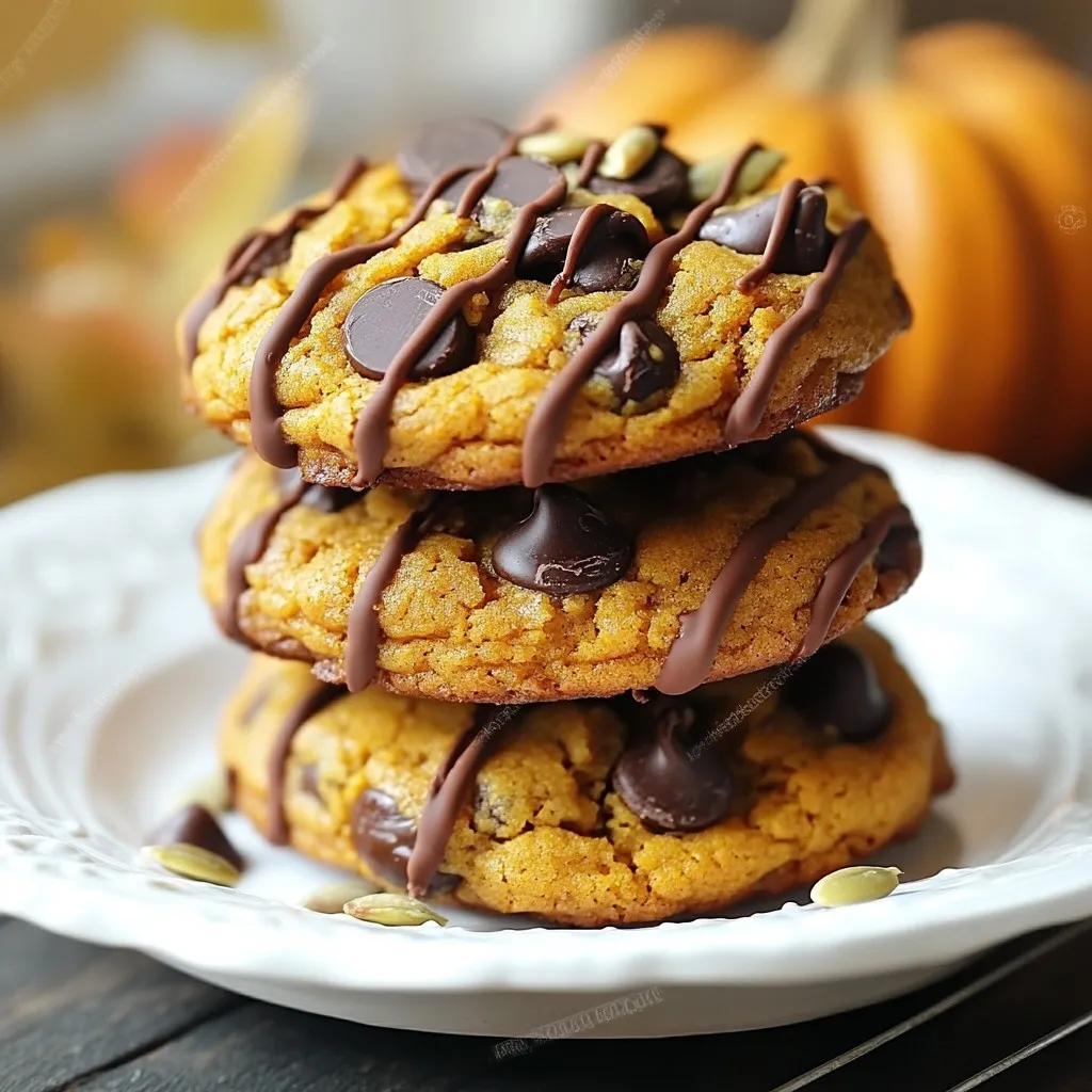 To make Chocolate Chip Pumpkin Cookies, gather these simple ingredients: - 1 cup canned pumpkin puree - 1/2 cup unsalted butter, softened to room temperature - 3/4 cup packed brown sugar - 1/4 cup granulated sugar - 1 large egg - 1 teaspoon pure vanilla extract - 2 cups all-purpose flour - 1 teaspoon baking soda - 1 teaspoon baking powder - 1 teaspoon ground cinnamon - 1/2 teaspoon ground nutmeg - 1/2 teaspoon salt - 1 cup semi-sweet chocolate chips - 1/2 cup chopped pecans (optional) Each ingredient plays a key role in the flavor and texture of the cookies. The canned pumpkin puree adds moisture and a subtle sweetness. The butter gives richness, while the sugars create a lovely balance of flavors. The egg binds everything together, and the vanilla adds warmth. The flour provides structure, while the baking soda and baking powder help the cookies rise. The spices, especially cinnamon and nutmeg, bring that cozy, fall flavor. Chocolate chips offer a delightful sweetness, and pecans add crunch if you choose to include them. With these ingredients, you can create soft and chewy cookies that are perfect for sharing or enjoying yourself. {{ingredient_image_2}} 1. Preheat oven and prepare baking sheet Set your oven to 350°F (175°C). Line a baking sheet with parchment paper. This helps cookies not stick. 2. Creaming butter and sugars In a large bowl, mix the softened butter, brown sugar, and granulated sugar. Use an electric mixer or a wooden spoon. Beat them until the mix is light and fluffy. 3. Mixing in pumpkin, egg, and vanilla Now, add the pumpkin puree, egg, and vanilla extract. Beat these together until you have a smooth mixture. This step adds moisture and flavor. 4. Combining dry ingredients In another bowl, whisk together the flour, baking soda, baking powder, cinnamon, nutmeg, and salt. Make sure they mix well. This creates the dry base for your cookies. 5. Incorporating chocolate chips and pecans Gradually add the dry mix to the wet pumpkin mixture. Stir gently until just combined. Don’t overmix; this keeps your cookies soft and chewy. Then fold in the chocolate chips and pecans if you want some crunch. Following these steps will help you make delightful Chocolate Chip Pumpkin Cookies. Enjoy the process, and get ready for a tasty treat! - Ensuring the right texture: You want your cookies soft and chewy. Mix until just combined. Overmixing will make them tough. - Proper dough spacing on the baking sheet: Leave about 2 inches between each cookie. This gives them room to spread as they bake. - How to tell when cookies are done: Look for lightly golden edges. The centers should look soft but not raw. They will firm up as they cool. - Alternatives for pumpkin puree: You can use sweet potato puree or butternut squash puree. Both will work well in this recipe. - Butter substitutes: If you need a dairy-free option, use coconut oil or vegan butter. These will keep the cookies rich and flavorful. - Different chocolate options: Try using dark chocolate chips or milk chocolate chips. Each will offer a unique taste to your cookies. Pro Tips Chill the Dough: If your cookie dough feels too sticky, refrigerate it for 30 minutes. This will make it easier to handle and help the cookies maintain their shape while baking. Use Fresh Spices: For the best flavor, make sure your spices, especially cinnamon and nutmeg, are fresh. Old spices can lose their potency and affect the taste of your cookies. Check for Doneness: Since ovens can vary, keep an eye on your cookies during the last few minutes of baking. They should be lightly golden around the edges but still soft in the center. Experiment with Mix-Ins: Feel free to customize your cookies by adding different mix-ins like white chocolate chips, dried cranberries, or walnuts for a unique twist on the classic recipe. {{image_4}} You can make these chocolate chip pumpkin cookies even more exciting. Here are two fun ideas: - Adding white chocolate chips: Swap some semi-sweet chips for white chocolate. This adds a sweet creaminess that pairs well with pumpkin. - Incorporating dried fruits or oats: Mix in dried cranberries or raisins for a fruity twist. You can also add oats for a chewy texture. This will give your cookies a new depth of flavor. If you have dietary needs, you can still enjoy these cookies. Here are some simple adjustments: - Dairy-free options: Replace the butter with coconut oil or a dairy-free butter. Use dairy-free chocolate chips. This makes the cookies safe for those avoiding dairy. - Gluten-free adjustments: You can use a gluten-free flour blend in place of all-purpose flour. Just ensure it has a good binding agent to keep the cookies soft. These variations let you customize your cookies to fit your taste and diet. Enjoy experimenting with these options! To keep your chocolate chip pumpkin cookies fresh, use the right container. An airtight container works best. You can also use a cookie jar with a tight seal. Store cookies at room temperature for up to one week. If you live in a humid area, refrigeration may help them last longer. However, cold storage can change the texture. If you want the cookies to stay soft, room temperature is ideal. You can freeze both unbaked and baked cookies. To freeze unbaked cookies, scoop the dough onto a baking sheet. Freeze them for about two hours until firm. After that, transfer the balls into a zip-top bag. They will keep well for up to three months. For baked cookies, let them cool completely first. Then, layer them with parchment paper in a container. This prevents sticking and keeps them fresh. They can also be frozen for up to three months. When you're ready to enjoy, thaw them at room temperature. For a quick treat, warm baked cookies in the microwave for a few seconds. Unbaked cookies can go straight into the oven without thawing. Just add a minute or two to the baking time. How long do Chocolate Chip Pumpkin Cookies last? Chocolate chip pumpkin cookies stay fresh for about one week at room temperature. Store them in an airtight container to keep them soft and chewy. If you want them to last longer, you can freeze them. Can I use fresh pumpkin instead of canned? Yes, you can use fresh pumpkin. Just make sure to cook and puree it until smooth. This option may change the cookie's texture slightly, but it adds a fresh taste. What can I do if my cookies turn out too dry? If your cookies are too dry, try adding a bit more pumpkin puree. You can also add a tablespoon of milk to the dough. Both options make the cookies softer and chewier. Can I add more spice to enhance the flavor? Absolutely! Feel free to add more cinnamon or nutmeg for extra warmth. You might also try adding ginger or cloves for a unique twist. This article covered how to make Chocolate Chip Pumpkin Cookies. We went over the key ingredients, including pumpkin puree and spices. Next, we detailed the steps for preparation and baking. I also shared tips to get the right texture, storage, and variations for your cookies. Remember, baking is about fun and creativity. Don't hesitate to experiment with flavors and textures. Enjoy each bite and share your treats with others!
