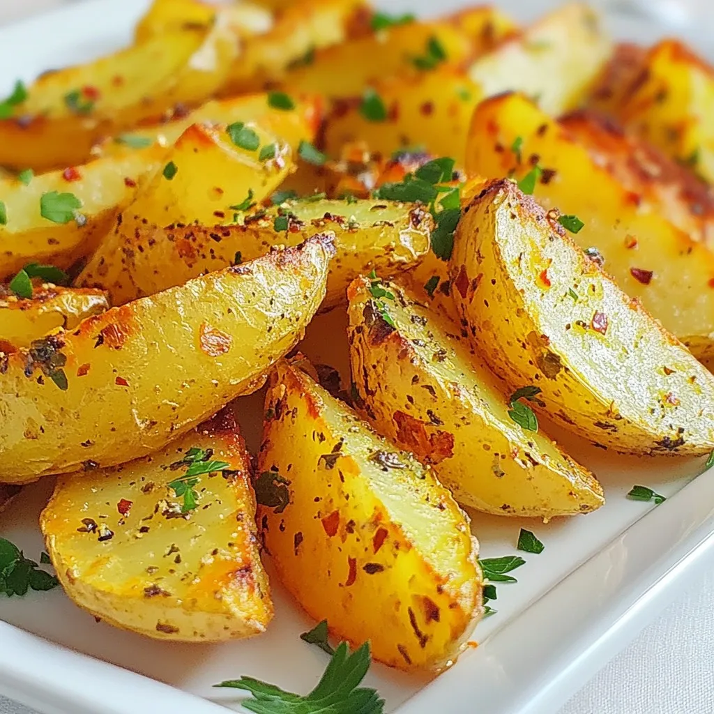For this recipe, I use 4 medium-sized russet potatoes. These potatoes work best due to their starch content. First, wash them well to remove any dirt. Next, cut them into wedges. Aim for even sizes to ensure they cook correctly. The magic happens with the seasonings. You will need: - 3 tablespoons extra virgin olive oil - 4 cloves garlic, finely minced - 2 teaspoons dried Italian herb blend - 1 teaspoon smoked paprika - Salt and freshly cracked black pepper, to taste The olive oil helps the seasonings stick to the potatoes. The garlic adds a rich flavor. The dried herbs give a nice aroma, while the smoked paprika adds a warm taste. Don’t forget the salt and pepper for balance! To make your dish pop, consider some garnishes. I recommend: - Fresh parsley, finely chopped Sprinkling chopped parsley over the finished wedges adds color and freshness. It also brightens the dish and makes it look more appealing. You can also serve them with a favorite dipping sauce for extra fun! {{ingredient_image_2}} Start by preheating your oven to 425°F (220°C). This step is key for crispy potato wedges. While it heats, line a baking sheet with parchment paper. This makes cleanup easy and keeps your wedges from sticking. In a large bowl, take the washed and cut potato wedges. Add in 3 tablespoons of olive oil. Then, toss in 4 minced garlic cloves, 2 teaspoons of dried herbs, and 1 teaspoon of smoked paprika. Don’t forget to sprinkle in salt and pepper to your taste. Now, mix everything well. You want each wedge to be fully coated in the tasty mix. Use your hands or a spatula to do this. Next, place the coated potato wedges on the lined baking sheet. Make sure they are in a single layer and not touching. This spacing helps the wedges get crispy all around. Bake them in the preheated oven for 30 to 35 minutes. Halfway through cooking, grab a spatula and turn the wedges. This helps them brown evenly and become crispy. Keep an eye on them. You want that golden brown look when they are done. Once they are roasted, take the baking sheet out of the oven. Let the potato wedges cool for a few minutes. This helps them firm up. Before serving, sprinkle fresh parsley on top. This adds color and flavor, making your dish pop! To make your potato wedges super crispy, follow these steps. First, cut the potatoes into even wedges. This helps them cook uniformly. Next, soak the potato wedges in cold water for 30 minutes. This step removes excess starch. Drain and dry the wedges thoroughly to prevent sogginess. Coat them well with olive oil and seasonings. Spread them out on the baking sheet; this allows hot air to circulate around each wedge. Finally, turn the wedges halfway through cooking for even browning. I always recommend using russet potatoes for this recipe. Russets are starchy and create a fluffy inside and crispy outside. Look for firm potatoes with no blemishes or soft spots. Another great option is Yukon Gold potatoes. They have a slightly buttery flavor. Both types hold their shape well during cooking, making them perfect for wedges. Choosing the right herbs and spices can elevate your potato wedges. I love using a mix of dried Italian herbs like oregano, basil, and thyme. This blend adds warmth and depth. Smoked paprika brings a subtle smokiness that really enhances the flavor. Don’t forget to adjust the seasoning to your taste. You can also experiment with fresh herbs like rosemary or thyme. Adding a pinch of cayenne can give you some heat if you like spice. Pro Tips Cut Evenly: Ensuring your potato wedges are cut into even sizes will help them cook uniformly, resulting in all wedges being perfectly crispy. Soak for Crispiness: If time permits, soak the potato wedges in cold water for 30 minutes before roasting. This helps to remove excess starch, leading to a crunchier texture. Use a Hot Oven: Make sure your oven is fully preheated to 425°F before placing the wedges inside. A hot oven is key for achieving that crispy exterior. Experiment with Seasonings: Don't hesitate to customize the herb blend or add spices like cayenne pepper for extra heat. Personalizing the flavor profile can elevate your dish! {{image_4}} You can easily make these potato wedges vegan. The recipe is already plant-based since it uses olive oil and herbs. You can also add vegan cheese for a cheesy twist. Just sprinkle some on the wedges before roasting. It melts nicely and adds great flavor. This recipe is gluten-free! Potatoes are naturally gluten-free, so you don’t need any special swaps. Just be sure to check the labels on any seasonings you use. Some spice blends may include gluten. Want to spice things up? Add cayenne pepper or chili powder to the mix. You can also toss in some grated cheese or nutritional yeast for a cheesy flavor. For an herb boost, try adding fresh rosemary or dill. Each option gives a new twist to the classic flavor. After enjoying your garlic herb roasted potato wedges, let them cool. Place them in an airtight container. Store them in the fridge for up to three days. This keeps them fresh and tasty for later. To reheat your potato wedges, preheat your oven to 375°F (190°C). Spread the wedges on a baking sheet. Heat them for about 10-15 minutes until they are hot and crispy. You can also use an air fryer. This method gives them a nice crunch again. If you want to save some for later, freezing works well too. First, let the wedges cool completely. Then, place them in a freezer-safe container or bag. They can last up to three months in the freezer. When you want to eat them, thaw in the fridge overnight before reheating. Yes, you can use other types of potatoes. Yukon Golds or red potatoes are great choices. They offer a creamy texture and hold flavor well. Just remember that different potatoes may change the cooking time. Test for doneness by poking with a fork. You can serve these wedges with many dishes. They pair well with grilled chicken, burgers, or fish. A fresh salad on the side adds a nice crunch. You can also enjoy them with dipping sauces like ketchup or ranch. To ensure crispy wedges, follow a few key steps. First, cut the potatoes into even sizes. This helps them cook evenly. Next, make sure to space them out on the baking sheet. This allows air to circulate. Lastly, flip them halfway through cooking for even browning. In this post, we covered how to make crispy garlic herb roasted potato wedges. We discussed choosing the right potatoes, mixing ingredients, and roasting them for perfection. I shared tips for maximum crispiness and easy variations for diets. You now have a simple guide to create delicious wedges. Remember, the right seasoning and cooking method make all the difference. Enjoy your homemade dish, and don’t hesitate to get creative with flavors!