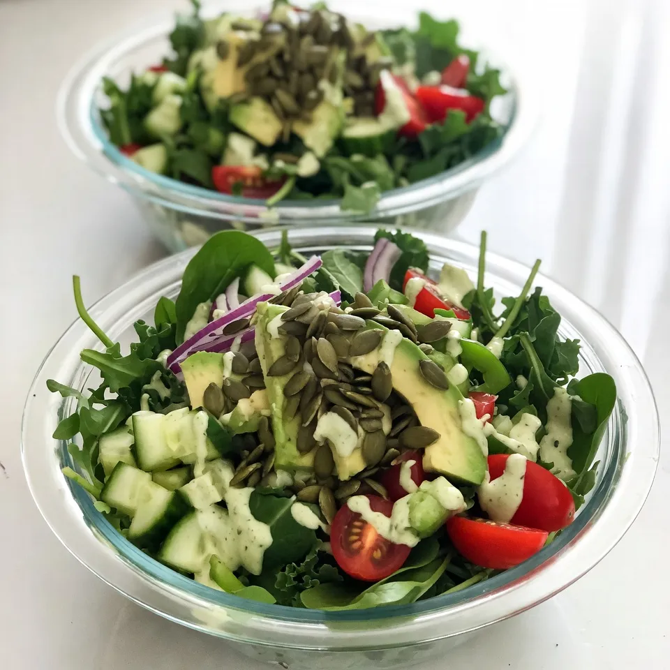 - 2 cups mixed greens (arugula, kale, spinach) - 1 cup cucumber, diced - 1 ripe avocado, diced - 1 cup cherry tomatoes, halved - 1/4 cup red onion, thinly sliced - 1/4 cup green bell pepper, finely chopped - 2 tablespoons pumpkin seeds - Salt and pepper, to taste - 1/2 cup creamy Greek yogurt - 1/4 cup fresh parsley, packed - 1/4 cup fresh basil - 2 tablespoons freshly squeezed lemon juice - 1 clove garlic, minced - Salt and pepper, to taste The TikTok Green Goddess Salad is a fresh and vibrant dish. It starts with mixed greens. I love using a mix of arugula, kale, and spinach because it adds great texture and flavor. Next, I add diced cucumber for crunch. The ripe avocado brings creaminess, while halved cherry tomatoes add sweetness. Thinly sliced red onion gives a pop of sharpness. I also like to include finely chopped green bell pepper for extra crunch. Don't forget the pumpkin seeds! They add a lovely nutty taste and boost nutrition. A sprinkle of salt and pepper brings everything together. For the Green Goddess dressing, I use creamy Greek yogurt as the base. It makes the dressing rich and smooth. I pack in fresh parsley and basil for strong herby flavors. Fresh lemon juice brightens the dressing and adds zing. A clove of minced garlic gives it a savory note. I season it with salt and pepper to taste. This combination of fresh salad ingredients and creamy dressing makes the TikTok Green Goddess Salad a must-try. {{ingredient_image_2}} To start, grab your blender. Add the creamy Greek yogurt, fresh parsley, and aromatic basil. Then, squeeze in the lemon juice and toss in the minced garlic. Don't forget a pinch of salt and pepper! Blend on high speed until smooth and creamy. After blending, taste the dressing and adjust the seasoning as needed. Set it aside so the flavors can mix well. Next, take a large mixing bowl. Start by layering in the mixed greens. This can be a mix of arugula, kale, and spinach for a nice variety. Then, add the diced cucumber, creamy avocado, and halved cherry tomatoes. Add the thinly sliced red onion and chopped green bell pepper for crunch. This mix not only looks great, but it also adds different textures. Now it’s time to dress the salad. Drizzle the Green Goddess dressing over the salad. Start with half of the dressing to avoid making it too wet. You can always add more later if you want. With gentle hands, toss the salad lightly. Make sure every bite gets a bit of that delicious dressing without smashing the ingredients. Just before you serve, sprinkle the pumpkin seeds on top. They add a nice crunch and boost the salad's nutrition. For a great presentation, serve the salad in clear bowls. This lets the bright colors shine through. You can even garnish each bowl with extra herbs or a lemon wedge for that fresh touch! To make your dressing extra creamy, start with the right yogurt. Use full-fat Greek yogurt for a rich base. If it feels too thick, mix in a bit of water or lemon juice. You can also add mashed avocado to enhance its creaminess. This not only thickens the dressing but adds a nice flavor. For a lighter option, drizzle in a bit of olive oil. This gives the dressing a smooth texture. When serving this salad, feel free to swap out ingredients. You can use arugula, romaine, or even mixed baby greens instead of kale or spinach. For a bit of sweetness, add diced bell peppers or shredded carrots. If you want a pop of color, try adding radishes or beets. Serve the salad in clear bowls to show off all the vibrant colors. You can garnish with extra herbs or a lemon wedge. This makes the dish look fresh and inviting. To boost the flavor of your salad, consider adding optional ingredients. Crumbled feta cheese or goat cheese adds a creamy tang. For some heat, toss in a few red pepper flakes. You can also add nuts for crunch, like almonds or walnuts. Pair your salad with grilled chicken, shrimp, or quinoa for a full meal. These proteins make the salad more filling and satisfying. Pro Tips Use Fresh Herbs: Fresh parsley and basil elevate the dressing's flavor. Opt for organic herbs for the best taste. Choose Ripe Avocados: A perfectly ripe avocado adds creaminess to the salad. Look for avocados that yield slightly to gentle pressure. Balance the Flavors: Adjust the lemon juice and seasoning to balance the dressing. A touch more acidity can enhance the overall taste. Prep Ahead: Chop vegetables the night before and store them in the fridge. This saves time and keeps the salad fresh for quick assembly! {{image_4}} For a vegan twist, swap Greek yogurt for silken tofu or dairy-free yogurt. Both options keep the creaminess without the dairy. You can also add a splash of plant-based milk to keep the dressing smooth. For flavor, use fresh herbs like cilantro or dill instead of parsley and basil. You can change the salad based on what’s in season. In spring, add snap peas and radishes for a fresh crunch. In summer, try ripe peaches or strawberries for a sweet touch. For fall, roasted butternut squash adds warmth. During the holidays, sprinkle pomegranate seeds for color and a festive feel. To save time, chop your veggies a few days in advance. Store them in airtight containers to keep them fresh. You can also make the dressing ahead and store it in the fridge. Just remember to shake or stir it before use. This way, you can enjoy a quick, healthy meal all week long! To keep your TikTok Green Goddess Salad fresh, place it in the fridge. Use a sealed container to avoid drying out. This salad stays good for up to two days. After that, the greens may wilt and lose their crunch. Store your homemade Green Goddess dressing in the fridge as well. Use a glass jar or an airtight bottle for best results. It can last up to one week. Just give it a good shake before using, as it may separate. To refresh leftover salad, add a splash of lemon juice. This brightens up the flavors. If you have leftover ingredients, toss them into a wrap or a grain bowl. You can also blend them into a smoothie for a tasty twist. You can use dairy-free yogurt or sour cream. If you want a lighter option, try using low-fat yogurt. For a creamy touch, avocado works well too. Each choice gives a new flavor. Yes, you can prepare the salad ahead. Just keep the dressing separate until you serve it. This keeps the greens fresh and prevents sogginess. You can store the salad in the fridge for up to two days. You can swap mixed greens for romaine or butter lettuce. Arugula adds a nice peppery flavor. Try spinach for a milder taste. Each green brings its unique twist to the salad. This recipe makes four servings. Each serving is light and full of flavor. It can be a great side dish or a healthy main meal. Yes, the salad is very healthy. It has a variety of veggies that are full of vitamins. The healthy fats from avocado and pumpkin seeds add good nutrition. Greek yogurt in the dressing gives protein, helping you feel full. The Green Goddess Salad combines fresh greens, vibrant veggies, and a creamy dressing. You learned how to prepare it step by step. I shared tips for storage and variations to keep it exciting. Enjoy experimenting with the flavors and textures. This salad is not just tasty; it's also healthy. Preparing it ahead of time boosts your meal options. Feel free to make it your own with seasonal ingredients or swaps. Keep these ideas in mind to elevate your salad game!