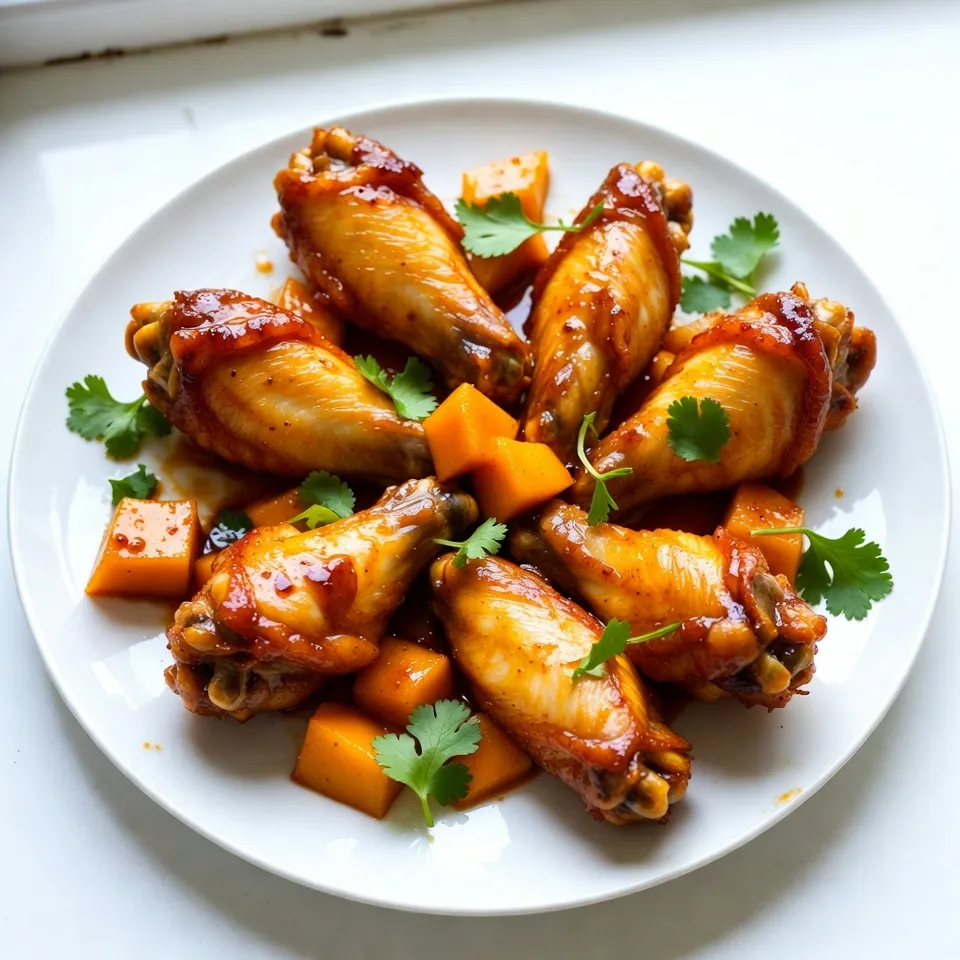 - 2 pounds of chicken wings - 1 ripe mango, peeled and pureed until smooth - 2 tablespoons of honey - 1 tablespoon of soy sauce - 2 tablespoons of sriracha sauce (adjust for spice preference) - 1 teaspoon of garlic powder - 1 teaspoon of onion powder - ½ teaspoon of smoked paprika - ½ teaspoon of salt - ¼ teaspoon of freshly ground black pepper - Fresh cilantro leaves, roughly chopped, for garnish The key to great Spicy Mango Chicken Wings lies in the balance of flavors. The chicken wings bring a juicy base to the dish. I love using fresh, quality chicken wings. They soak up the marinade and crisp up nicely when baked. The mango puree adds a sweet and fruity taste. You want a ripe mango for the best flavor. This fruit pairs well with honey, which adds a touch of sweetness. Soy sauce brings a salty umami punch. It complements the mango and honey. Sriracha sauce gives the wings their kick. You can adjust the amount depending on your heat preference. Seasoning is essential. Garlic powder and onion powder add depth. Smoked paprika gives a hint of smokiness. Salt and pepper enhance all the flavors. Finally, fresh cilantro makes a beautiful garnish. It adds color and freshness to the wings. Garnishing right before serving makes the dish pop. Use these ingredients, and you’ll achieve a vibrant, delicious flavor combination. {{ingredient_image_2}} - Preheat your oven to 400°F (200°C). This helps the wings cook evenly. - Line a large baking sheet with parchment paper. This makes clean-up easy. - In a medium bowl, combine the mango puree, honey, soy sauce, sriracha, garlic powder, onion powder, smoked paprika, salt, and black pepper. - Whisk the ingredients together until smooth. You want a well-blended sauce. - Place the chicken wings in a large bowl. Pour the marinade over them. - Use your hands to coat each wing well. Cover the bowl with plastic wrap. - Let them marinate for at least 30 minutes. For deeper flavor, marinate for up to 2 hours in the fridge. - Arrange the wings on the lined baking sheet. Make sure they are in a single layer. - Bake the wings for 25-30 minutes. Flip them halfway through for even cooking. - For extra crispiness, broil the wings for 2-3 minutes at the end. Watch them closely to avoid burning. - After baking, take the wings out of the oven. Let them rest for about 5 minutes. This keeps them juicy. - Just before serving, garnish the wings with fresh cilantro. This adds a pop of color and freshness. To make sure your wings cook well, try these methods: - Baking Method: Bake wings at 400°F (200°C). This gives a great texture. - Crispiness Tips: Use a rack on your baking sheet. This lets air flow around the wings. You can easily change the heat in your wings: - To Reduce Heat: Cut back on sriracha sauce. Use less if you want mild wings. - To Increase Heat: Add more sriracha. You can also mix in cayenne pepper for extra kick. Make your wings look and taste great with these ideas: - Serving Suggestions: Serve wings on a rustic wooden platter. Add lime wedges for a zesty touch. - Garnishes: Top with lots of chopped cilantro. This adds color and fresh flavor. - Ideal Serving Vessels: Use large white plates. The wings will pop against the color. Pro Tips Adjust the Heat: If you prefer a milder flavor, reduce the amount of sriracha sauce in the marinade or use a milder hot sauce instead. Marinate Longer: For the best flavor, let the chicken wings marinate for at least 2 hours or overnight in the refrigerator. Test for Crispiness: If you want extra crispy wings, after baking, broil them for an additional 2-3 minutes, but keep a close eye to prevent burning. Perfect Serving Suggestion: Serve the wings with a side of cooling ranch or blue cheese dressing to balance the spice. {{image_4}} If you want to switch things up, try different sauces. Teriyaki sauce adds a sweet, savory taste. It brings rich umami flavors that pair well with chicken wings. You can use store-bought or make your own if you feel adventurous. Barbecue sauce is another great option. It gives wings a tangy flavor that many love. You can mix barbecue sauce with mango puree for a unique twist. This keeps the fruity taste while adding that classic barbecue touch. You can cook chicken wings in different ways. Grilling gives wings a smoky flavor. The heat from the grill makes the skin crispy and adds nice char marks. Just make sure to keep an eye on them. They can cook fast over direct heat. Baking is a simple method too. It allows you to cook a large batch at once. The oven gives even heat, so wings cook nicely. If you want extra crispiness, broil them for a few minutes after baking. This adds a great crunch to the wings. When serving spicy mango chicken wings, think about side dishes. A fresh salad with greens and a zesty dressing works well. The coolness of vegetables balances the heat from the wings. Another good side is creamy coleslaw. It adds crunch and a mild flavor that complements the spice. You can also serve chips with salsa or guacamole for a fun touch. These sides make your meal more enjoyable and delicious. To store your cooked spicy mango chicken wings, let them cool first. Place the wings in an airtight container. Make sure to separate layers with parchment paper to avoid sticking. This helps keep them fresh. You can store the wings in the fridge for up to four days. If you want to keep them longer, freeze them. Just wrap them tightly in plastic wrap and then in aluminum foil. This way, they can last for up to three months. When you’re ready to eat your leftovers, you can reheat the wings. The oven works best to keep them crispy. Preheat the oven to 350°F (175°C). Place the wings on a baking sheet lined with parchment paper. Heat them for about 15-20 minutes. Flip them halfway through to ensure even warming. If you want extra crispiness, broil them for a few minutes at the end. Just watch them closely! You can also use a microwave, but it may make the wings a bit soft. For spicy mango chicken wings, I recommend using whole, fresh chicken wings. They have a nice balance of meat and skin, which helps with flavor and crispiness. You can use wings with tips removed, called drumettes and flats. Both types soak up the marinade well. The spice level depends on the sriracha sauce you choose. Regular sriracha is mild to medium. If you want more heat, add more sriracha. You can also use a hotter sauce if you enjoy a serious kick. Taste as you go to find your sweet spot. Yes, you can make these wings in an air fryer! Preheat your air fryer to 400°F (200°C). Arrange the marinated wings in a single layer. Cook them for about 25 minutes, flipping halfway through. This will give you crispy wings without the oven. These wings can be gluten-free if you substitute soy sauce with a gluten-free option. Tamari is a great choice. Check the label to ensure it’s gluten-free. This way, everyone can enjoy the wings without worry. You can marinate the wings for at least 30 minutes at room temperature. For better flavor, try marinating them in the fridge for up to 2 hours. Longer marination helps the flavors soak in more. Just don’t go over 24 hours, or the texture may change. Spicy mango chicken wings are a treat. You need just a few main ingredients like chicken wings, mango puree, and honey. Follow the steps for marinating and baking to get that delicious flavor. Remember, adjusting spice levels can help suit your taste. Finally, try variations in sauces and cooking methods for fun twists. Store any leftovers properly, and reheating them can keep their goodness. Enjoy your flavorful wings, and impress everyone at your next meal!
