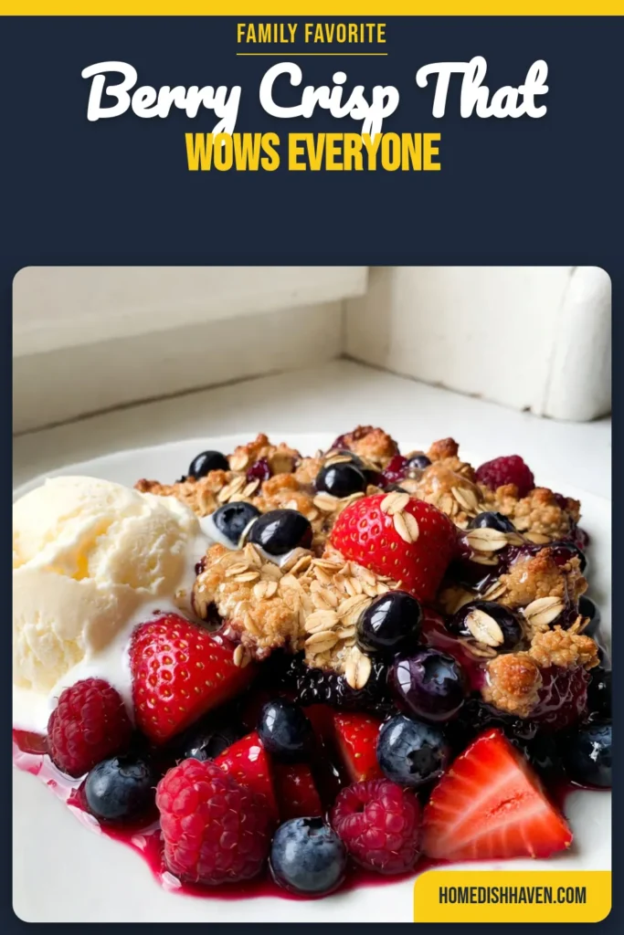 Indulge in this easy fruit crisp that bursts with flavor! Our triple berry crisp combines fresh strawberries, blueberries, and raspberries for a healthy berry dessert that's perfect for any occasion. With a golden oat topping and optional vanilla ice cream topping, this berry dessert recipe is sure to impress. Try it today! Save this recipe for a delicious treat! #TripleBerryCrisp #BerryDessertRecipe #EasyFruitCrisp #HealthyBerryDessert