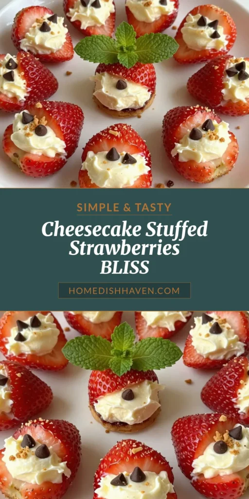 Indulge in these delightful cheesecake stuffed strawberries for a tasty treat! This strawberry dessert recipe combines an easy cheesecake recipe with fresh strawberries, making it perfect for any occasion. The creamy filling with optional chocolate chips is topped with graham cracker crumbs for an irresistible touch. Enjoy these fresh fruit desserts for an elegant finish to any meal. Try this recipe today! #CheesecakeStuffedStrawberries #StrawberryDessert #EasyCheesecakeRecipe #FreshFruitDesserts