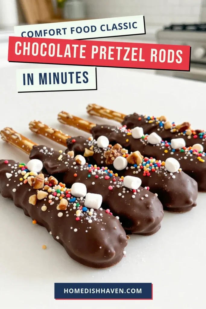 Indulge in these delicious chocolate covered pretzel rods with our easy pretzel rod recipe! Perfect for homemade chocolate snacks, they are an irresistible treat for any occasion. Get creative with pretzel rods with toppings like nuts, sprinkles, or marshmallows to delight your guests. This simple recipe takes just 40 minutes to make, perfect for sharing or gifting. Save this idea for your next gathering! #ChocolateCoveredPretzels #SnackIdeas #HomemadeSnacks #PretzelRodRecipes