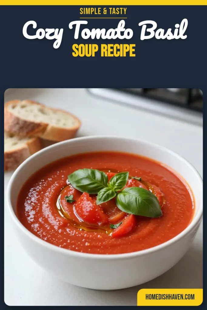 Discover the comforting warmth of Rustic Tomato Basil Soup with this easy tomato soup recipe. Packed with fresh ingredients, this homemade vegetable soup bursts with flavor, making it a perfect dish for any occasion. Enjoy creamy tomato basil soup by adding a touch of heavy cream for extra richness. Don't miss out on this delightful addition to your fresh basil recipes collection. Save this recipe and warm your kitchen today! #TomatoSoup #SoupRecipe #HomeCooking #VegetableSoup
