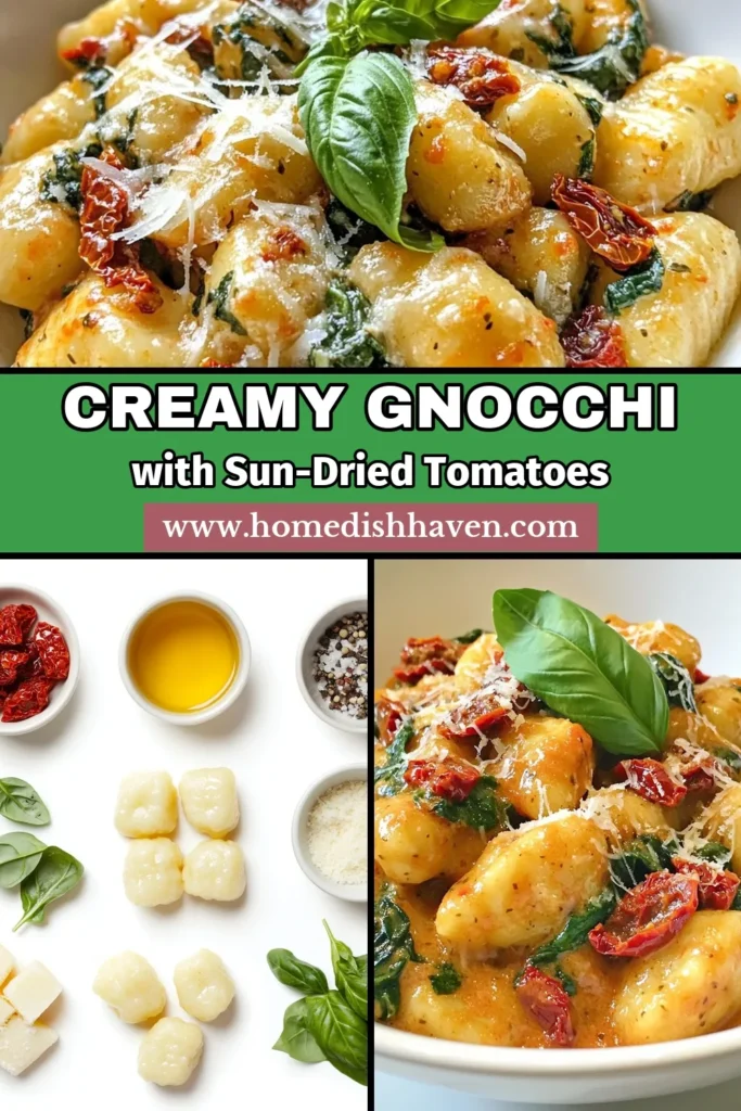 Indulge in this creamy sun-dried tomato gnocchi, a deliciously easy gnocchi recipe perfect for any night. This sun-dried tomato pasta dish combines rich cream, fresh spinach, and garlic for a vegetarian gnocchi recipe everyone will love. Ready in just 25 minutes, it’s a must-try creamy pasta with spinach that’s sure to impress. Save this recipe for your next meal! #CreamyGnocchi #PastaRecipe #VegetarianRecipes #CookingAtHome