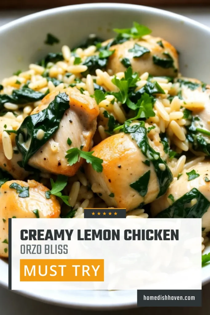 Discover the ultimate comfort food with this creamy lemon chicken orzo recipe! This lemon chicken pasta dish combines tender chicken, rich cream, and fresh spinach with perfectly cooked orzo for a delightful meal. Perfect for busy weeknights, this easy lemon chicken recipe is ready in just 30 minutes. Don't forget to save this creamy orzo with spinach for a burst of flavor! Try it today! #ChickenOrzoRecipe #LemonChickenPastaDish #EasyLemonChickenRecipe #CreamyOrzoWithSpinach