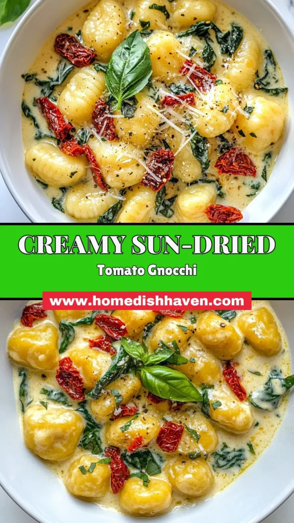 Indulge in our delicious sun-dried tomato gnocchi, a creamy gnocchi recipe that's perfect for any occasion! This easy gnocchi dish combines flavorful sun-dried tomatoes, fresh spinach, and Parmesan cheese for a satisfying vegetarian gnocchi recipe. Ready in just 20 minutes, it's the ideal quick meal that’s creamy and loaded with ingredients you’ll love. Save this mouthwatering recipe and treat yourself tonight! #Gnocchi #VegetarianRecipe #EasyDinner #CreamyGnocchi