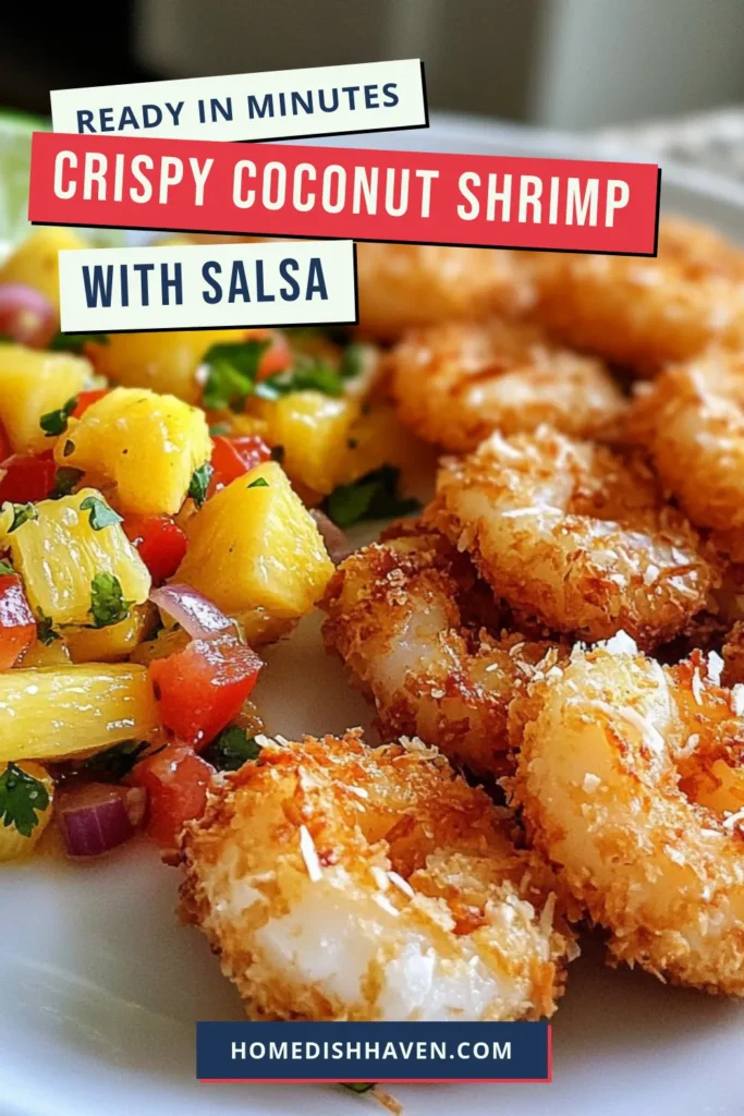 Indulge in this tropical coconut shrimp recipe paired with a refreshing pineapple salsa! Enjoy crispy baked shrimp with coconut that will impress your guests as an easy shrimp appetizer. The sweet and tangy pineapple salsa recipe complements the shrimp perfectly, making it a hit at any gathering. Try this delightful dish and bring an island vibe to your table! Save this recipe for your next party! #CoconutShrimp #TropicalRecipe #EasyAppetizer #PineappleSalsa