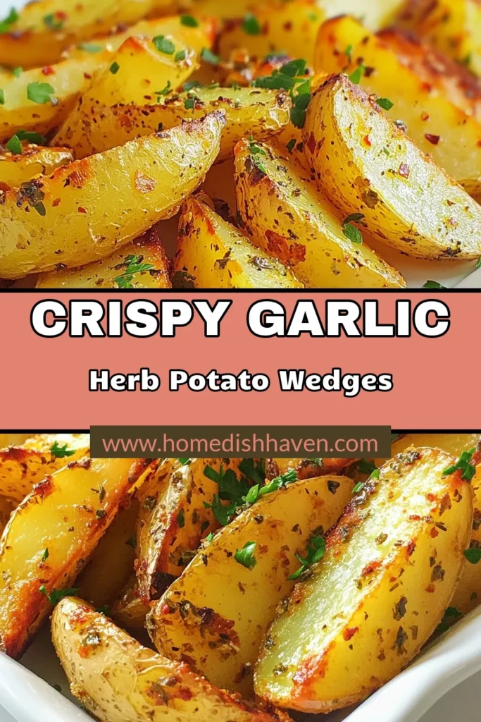 Enjoy these crispy garlic potato wedges as the perfect easy side dish for any meal! This roasted potato wedges recipe blends garlic, herbs, and smoked paprika for incredible flavor. Oven baked potato wedges are a must-try for their golden, crispy finish. Discover how simple it is to make herb roasted potatoes that everyone will love! Save this recipe for your next dinner. #CrispyPotatoWedges #EasySideDishes #OvenBakedPotatoWedges #RoastedPotatoes