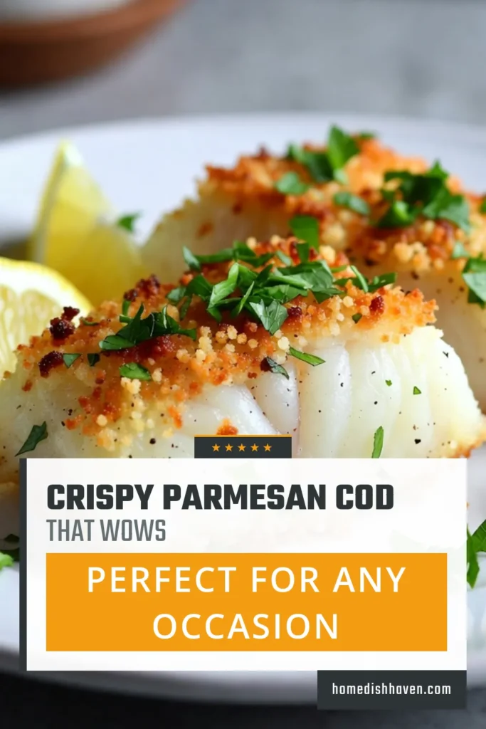 Indulge in this Crispy Parmesan Cod that transforms dinner into a gourmet experience! Our easy Parmesan Crusted Fish Recipe features baked cod fillets coated in panko and Parmesan for a delightful crunch. Perfect for a quick seafood dinner, this Panko Breaded Cod will impress family and friends alike. Try it tonight for a delicious and simple meal! Save this recipe for your next cooking adventure! #CrispyParmesanCod #EasySeafoodDinner #BakedCodFillets #ParmesanCrustedFishRecipe