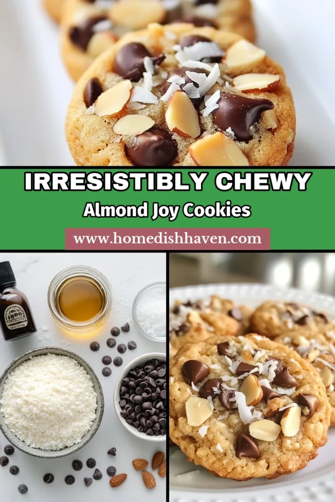 Indulge in these delicious Gluten-Free Almond Joy Cookies, the perfect treat for cookie lovers! Made with almond flour and shredded coconut, this dairy-free cookie recipe offers a healthy twist on classic flavors. Enjoy the rich combination of chocolate and almonds in these coconut flour cookies that are sure to satisfy your sweet cravings. Try this healthy cookie recipe today! Save for later! #GlutenFreeCookies #AlmondJoyCookies #DairyFreeRecipe #CoconutFlourCookies