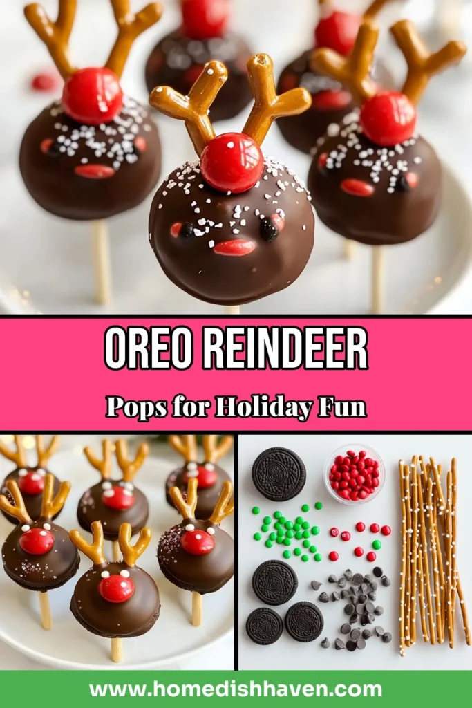 Create magical moments this holiday season with our Oreo reindeer pops recipe! These delightful Christmas Oreo treats are perfect for festive gatherings and make excellent holiday dessert recipes. Covered in rich chocolate, these chocolate covered Oreo pops are not just tasty but also fun to make with your family. Get ready to impress your guests with this easy and festive dessert idea. Save this recipe for your holiday baking! #OreoReindeerPops #ChristmasTreats #HolidayBaking #FestiveDesserts