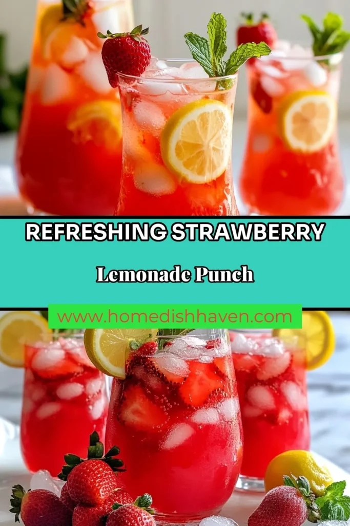 Dive into summer with this delicious strawberry lemonade punch! This refreshing summer drink combines fresh strawberries and homemade lemonade for a sparkling strawberry beverage that everyone will love. Perfect as a non-alcoholic party punch, it's easy to make and sure to impress your guests. Serve it chilled with ice and elegant garnishes. Try this delightful recipe today and bring a burst of flavor to your gatherings! #StrawberryLemonadePunch #SummerDrinks #PartyPunch #NonAlcoholicDrink