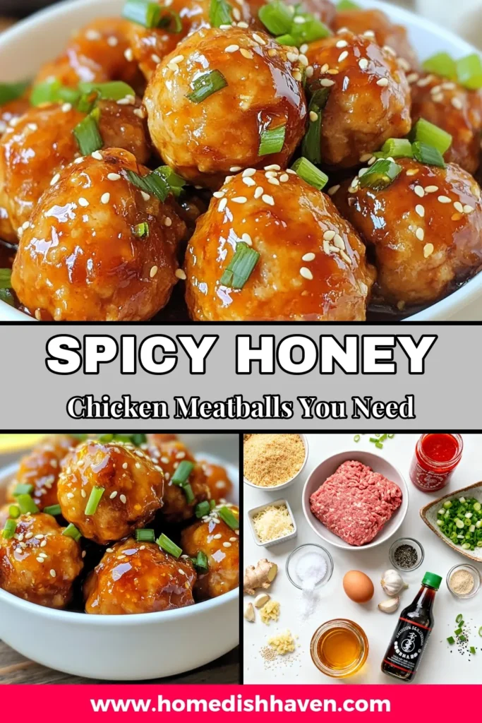 Discover the perfect party pleaser with these Honey Sriracha Chicken Meatballs! This fiery chicken meatballs recipe combines spicy honey garlic meatballs with a sweet and spicy sauce that’s sure to impress. Baked chicken meatballs with Sriracha are not only easy to prepare, but they also pack a flavor punch in every bite. Try this easy chicken meatball recipe and make your gatherings unforgettable! Save this recipe for your next meal! #HoneySriracha #ChickenMeatballs #SpicyRecipes #EasyCooking