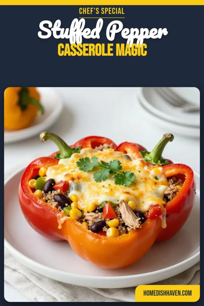 Discover the deliciousness of this stuffed bell pepper casserole, a perfect blend of healthy bell pepper recipes! This ground turkey casserole features quinoa stuffed peppers, packed with flavor and nutrients. Baked to perfection, it's a hearty dish that will satisfy your family. Try this easy recipe for a nutritious meal tonight! Click for more and save for later. #StuffedBellPeppers #HealthyRecipes #GroundTurkey #CasseroleCooking