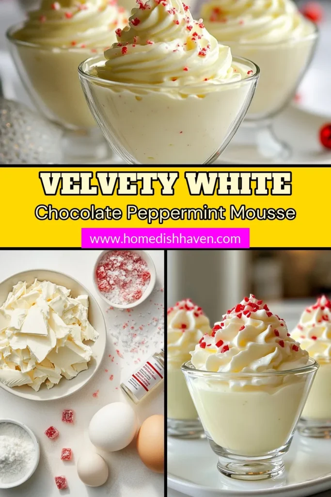 Indulge in this creamy white chocolate peppermint mousse, the perfect festive dessert recipe for your holiday celebrations. This easy chocolate mousse recipe combines rich white chocolate and refreshing peppermint, making it a must-try among peppermint dessert ideas. Whip up this delightful holiday mousse dessert that will impress your guests. Don’t miss out—save this recipe for your next gathering! #WhiteChocolatePeppermintMousse #FestiveDesserts #MousseRecipe #PeppermintDessertIdeas