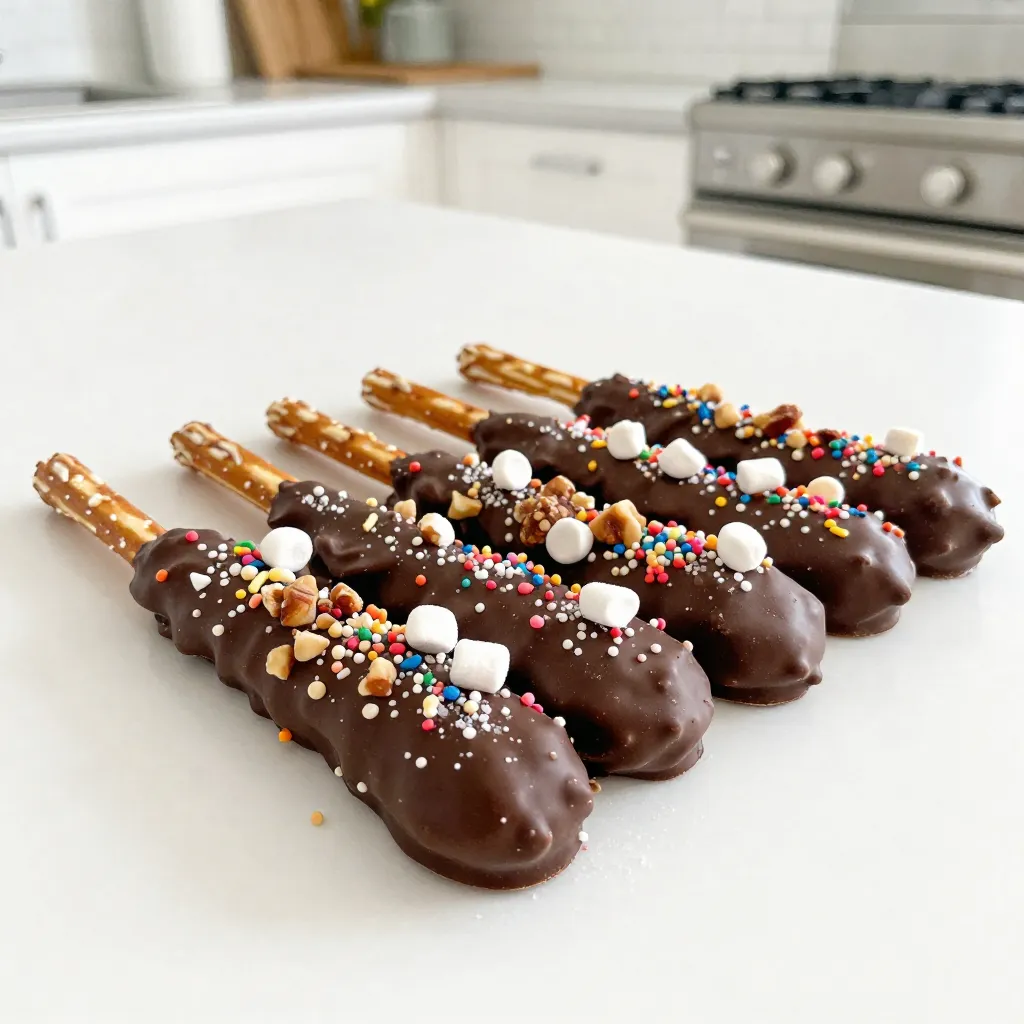 - 1 cup pretzel rods (approximately 12-15 rods) - 1 cup semi-sweet chocolate chips - 1 tablespoon coconut oil (vegetable oil works too) - 1/2 cup assorted toppings like crushed nuts, colorful sprinkles, mini marshmallows, or crushed candies - Sea salt, for a finishing touch (optional) - Use white chocolate or dark chocolate for different flavors. - Try flavored oils for a unique twist. - Add spices like cinnamon or chili powder for heat. - Microwave-safe bowl for melting chocolate - Baking sheet lined with parchment paper - Fork or toothpick for dipping pretzels - Small bowls for toppings - Refrigerator to chill the pretzels Each ingredient plays a role in creating that delightful mix of salty and sweet. The pretzel rods bring crunch, while the chocolate adds smoothness. Toppings add color and texture, making these treats even more fun! {{ingredient_image_2}} First, gather your tools and ingredients. Line a baking sheet with parchment paper. This will catch any chocolate drips and keep your area clean. Set it aside for later. Next, take a microwave-safe bowl. Add 1 cup of semi-sweet chocolate chips and 1 tablespoon of coconut oil. The oil helps the chocolate melt smoothly. Microwave in 30-second bursts. Stir well after each time. It should take about 1 to 2 minutes to get a nice, smooth chocolate. Now, grab a pretzel rod. Hold it by one end and dip it into the melted chocolate. Rotate the rod to cover it completely. Let any extra chocolate drip back into the bowl. This step is key for a nice coating. While the chocolate is still wet, it’s time for toppings! Choose your favorites from crushed nuts, sprinkles, mini marshmallows, or crushed candies. Sprinkle them over the chocolate-covered part. Press down slightly so they stick well. Place the dipped pretzel rods on your lined baking sheet. If you like, sprinkle a little sea salt on top for a sweet and salty combo. Now, put the baking sheet in the fridge. Chill for about 30 minutes until the chocolate sets firm. Once the chocolate is set, your pretzel rods are ready! They make great snacks or gifts. For a fun display, stand them in a cup filled with rice or beans. If gifting, wrap each rod in clear cellophane and tie with a colorful ribbon. Enjoy sharing these tasty treats! To get a smooth chocolate coat, start with high-quality chocolate. Use semi-sweet chocolate chips, as they melt well. Mix in a tablespoon of coconut oil. This helps the chocolate stay smooth and shiny. Microwave the chocolate in short bursts, stirring often. This prevents burning. Dip each pretzel rod quickly. Make sure to let excess chocolate drip back into the bowl. The best types of chocolate for melting are semi-sweet, milk, or dark chocolate. Semi-sweet chocolate chips work great for this recipe. You can also try melting white chocolate or flavored chocolates. Each type gives a unique taste. Just remember to add coconut oil for smoothness. Avoid using chocolate that is not meant for melting, as it may not coat well. Toppings can make your pretzel rods fun and tasty! Here are some ideas you can try: - Crushed nuts (like almonds or peanuts) - Colorful sprinkles - Mini marshmallows - Crushed candies (like M&Ms or Oreos) - Sea salt for a sweet and salty mix You can mix and match these toppings. Get creative and have fun! Pro Tips Chill the Rods: For the crispiest chocolate coating, ensure your pretzel rods are at room temperature before dipping. This helps the chocolate to set faster and results in a smoother finish. Experiment with Toppings: Don't hesitate to get creative! Try using different types of chocolate (like white or dark) and a variety of toppings, such as crushed cookies or coconut flakes, for unique flavor combinations. Use a Dipping Tool: If you want to keep your hands clean, use a fork or a dipping tool to submerge the pretzel rods in chocolate. This also allows for a more even coating. Storage Tips: Store your chocolate-covered pretzel rods in an airtight container at room temperature for up to a week. If you live in a warm climate, consider refrigerating them to prevent melting. {{image_4}} You can switch up the chocolate flavors for a fun twist. Consider using white chocolate or dark chocolate for a richer taste. If you want something unique, try flavored chocolates like mint or orange. These add a special zing and make your pretzel rods stand out. The toppings you choose can change your pretzel rods in delightful ways. Try crushed nuts for a crunchy bite. Colorful sprinkles add a fun touch and are great for parties. You can even use mini marshmallows for a sweet twist. Think about mixing toppings too! A bit of sea salt with chocolate brings out the sweet flavor. Experiment and see what you like best. Seasonal themes can make your pretzel rods even more special. For Halloween, use orange and black sprinkles. In winter, add crushed candy canes for a festive look. For birthdays, go wild with bright toppings and fun colors. These seasonal variations can make your treats perfect for any occasion. Store your chocolate-covered pretzel rods in an airtight container. This keeps moisture out and helps keep them fresh. Put parchment paper between layers if you stack them. It prevents sticking and keeps the toppings intact. Homemade chocolate-covered pretzel rods last about 1 to 2 weeks. Keep them in a cool, dry place. If you live in a warm area, consider placing them in the fridge. This helps them stay fresh for longer. To stop the chocolate from melting, avoid heat and sunlight. Store the rods away from ovens and windows. If you use the fridge, cover the container to prevent moisture. This keeps the chocolate firm and tasty. Yes, you can use white chocolate. It gives a sweet and creamy taste. Just follow the same melting process. The steps remain the same, but the flavor will change. You can also add fun colors to the white chocolate for a festive look. You can skip the coconut oil. Instead, use a little vegetable oil. This helps the chocolate melt smoothly. You can also use no oil, but the chocolate may be thicker. Just melt the chocolate slowly and stir well to keep it smooth. You can find pre-made chocolate-covered pretzel rods in many stores. Look at candy shops or grocery stores. Some online shops also sell them. They make a great snack or gift, especially during holidays or parties. In this post, we covered how to make tasty chocolate-covered pretzel rods. We talked about the key ingredients, tools, and step-by-step instructions. I shared tips for a smooth coating, creative toppings, and easy storage ideas. You can enjoy fun variations for every season or theme. Now, get ready to make your own treats. It's simple and fun. Share them with friends or enjoy them yourself!