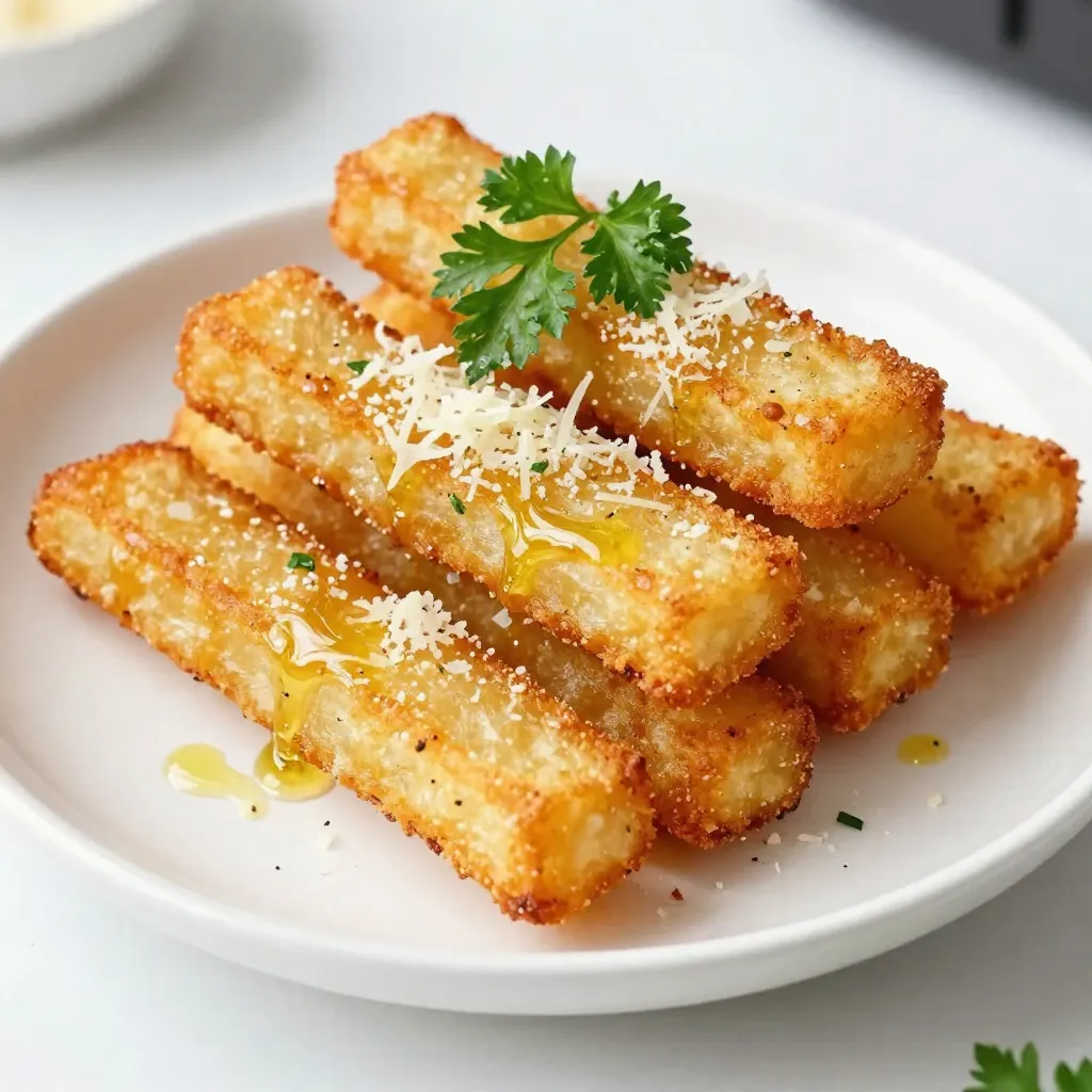 To make great Garlic Parmesan Air Fryer Fries, you need the right items. Here’s what you will need: - 2 large russet potatoes - 3 tablespoons olive oil - 4 cloves garlic, minced - 1 teaspoon dried oregano - 1 teaspoon smoked paprika - ½ teaspoon sea salt - ¼ teaspoon freshly ground black pepper - ¼ cup finely grated Parmesan cheese - Fresh parsley, chopped, for garnish These ingredients give the fries a tasty kick. The russet potatoes create a fluffy inside, while the garlic adds a bold flavor. Olive oil helps the fries crisp up nicely. You can change the flavor of your fries with different spices. Here are some fun ideas: - Add a pinch of cayenne pepper for heat. - Use Italian seasoning for a herby taste. - Switch the Parmesan with cheddar for a different cheese flavor. - Sprinkle some ranch seasoning for a zesty twist. Feel free to mix and match your favorite spices. This lets you create fries that suit your taste. Dipping sauces can enhance your Garlic Parmesan Air Fryer Fries. Here are some tasty options: - Ketchup for classic flavor. - Garlic aioli for a rich, creamy dip. - Ranch dressing for a cool, tangy taste. - Spicy mayo for a bit of heat. These sauces add extra fun to every bite. They make your fries even more delicious. {{ingredient_image_2}} Start by washing and peeling the russet potatoes. Next, slice them into thin strips, about 1/4 inch thick. Thin fries cook better and get crispy. Place the cut fries in a large bowl of cold water. Let them soak for at least 30 minutes. Soaking removes extra starch, making the fries crispier when cooked. While the fries soak, preheat your air fryer to 400°F (200°C). This takes about 5 minutes. Preheating helps cook the fries evenly and gives them a nice crunch. After soaking, drain the fries and pat them dry with a kitchen towel. In a mixing bowl, combine the fries with olive oil, minced garlic, oregano, smoked paprika, sea salt, and black pepper. Toss well until all the fries are coated. Place the seasoned fries in a single layer in the air fryer basket. Cook them for about 15-20 minutes. Shake the basket halfway through to promote even cooking. Look for a golden brown color and a crispy texture. In the last 2 minutes of cooking, sprinkle the finely grated Parmesan cheese over the fries. This allows the cheese to melt a bit and adds a tasty topping. Once done, remove the fries and garnish with chopped parsley before serving. To get fries that are super crispy, start with soaking. Soak your cut fries in cold water. This helps remove extra starch. Aim for at least 30 minutes. After soaking, dry them well with a towel. Moisture can make fries soggy. Use a bit of olive oil. This will help them crisp up nicely. Toss the fries well in the oil and seasonings. Air fry at 400°F (200°C). Check them halfway through. Shake the basket to promote even cooking. While russet potatoes work great, you can try others. Yukon golds are creamy and flavorful. They can add a nice twist to your fries. If you want something sweet, use sweet potatoes. They have a rich flavor and a vibrant color. Regardless of the type, make sure they are cut evenly. This ensures all fries cook at the same time. Always preheat your air fryer. This helps cook the fries evenly from the start. Avoid overcrowding the basket. Give fries room to breathe while they cook. If you have many fries, cook them in batches. Shake the basket halfway through. This helps them brown evenly and stay crispy. For the last two minutes, add the Parmesan. This makes the cheese melt just right. Enjoy watching it turn golden on your fries! Pro Tips Soaking Matters: Soak the cut fries for at least 30 minutes to remove excess starch, resulting in a crispier texture. Even Cooking: Preheat your air fryer to ensure even cooking and better browning of the fries. Don’t Overcrowd: Make sure the fries are in a single layer in the air fryer basket to allow for proper air circulation. Cheese Timing: Add the Parmesan cheese during the last 2 minutes of cooking to achieve a perfect melt without burning. {{image_4}} You can switch regular potatoes for sweet potatoes. This change adds a sweet flavor. The steps are the same. Slice the sweet potatoes into thin strips. Follow the rest of the recipe. You’ll enjoy a tasty twist on the classic fries. Sweet potatoes also have more vitamins and fiber. If you like heat, add sliced jalapeños to the mix. Toss them in with your fries when you season them. This adds a spicy kick that pairs well with garlic. You can adjust the amount based on your taste. These fries are perfect for game day or a fun snack. For a fresh twist, use different herbs. Try fresh rosemary or thyme along with the garlic. Chop the herbs finely and mix them with the fries. This adds a lovely aroma and flavor. The Parmesan cheese will still shine through, making every bite delicious. After enjoying your Garlic Parmesan Air Fryer Fries, store any leftovers in an airtight container. This keeps them fresh and tasty. Make sure to cool the fries to room temperature before sealing them in. They can last up to three days in the fridge. To enjoy your fries again, reheating is key. Preheat your air fryer to 350°F (175°C). Place the fries in the basket in a single layer. Heat them for about 5-7 minutes. This helps restore their crispiness. Avoid using the microwave, as it can make fries soggy. If you have more fries than you can eat, you can freeze them. First, let the fries cool completely. Spread them in a single layer on a baking sheet, then freeze for about 1 to 2 hours. Once frozen, transfer them to a freezer bag. They can stay fresh for up to two months. When you want to cook them, no need to thaw. Just air fry them straight from the freezer! Yes, you can make these fries in a regular oven. Preheat your oven to 425°F (220°C). Spread the seasoned fries on a baking sheet in a single layer. Bake for 25-30 minutes, flipping halfway through. This will give you crispy fries, though the texture may differ slightly from air-fried fries. Soaking the fries for at least 30 minutes is best. This step helps remove extra starch. The result is a crunchier fry after cooking. You can soak them longer if you wish but 30 minutes is a good start. Cut the potatoes into thin strips, about 1/4 inch thick. This size ensures they cook evenly. Try to keep each fry the same size. A sharp knife or a mandoline can help achieve uniform cuts. Yes, you can use other cheeses! Cheddar, mozzarella, or even a blend works well. Keep in mind that the flavor will change a bit. Parmesan adds a nice nutty taste that many love, but other cheeses can be fun to try! These fries go great with burgers, sandwiches, or grilled chicken. You can also enjoy them with salads or as a snack with dips. Try serving them with ranch, ketchup, or garlic aioli for extra flavor! Garlic Parmesan Air Fryer Fries are easy and fun to make. We covered main ingredients, seasoning options, and tasty dips. I shared step-by-step instructions to prepare, soak, and cook your fries. You learned tips for extra crispiness and various potato types. I also offered ways to store and reheat leftovers. With these insights, you can create delicious fries that impress everyone. Enjoy experimenting with flavors and make this tasty dish your own!