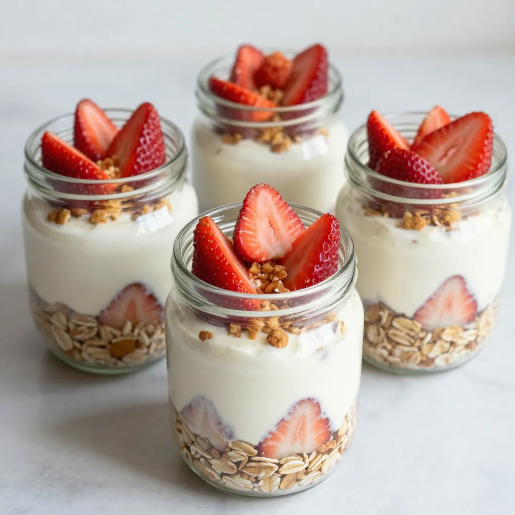 - 1 cup rolled oats - 1 cup almond milk or preferred milk - 1/2 cup Greek yogurt (vanilla-flavored) - 1/4 cup softened cream cheese - 2 tablespoons honey or maple syrup - 2 tablespoons graham cracker crumbs - Fresh strawberries, diced - Extra strawberries for garnish - A pinch of salt To make Strawberry Cheesecake Overnight Oats, you need a few key ingredients. I love using rolled oats, as they create a chewy texture. You will also need almond milk, or any milk you prefer, to soak those oats. The Greek yogurt gives a nice creamy base with a hint of sweetness. Next, you can add some optional ingredients. Softened cream cheese makes your oats rich and cheesecake-like. For sweetness, honey or maple syrup works great. To mimic that cheesecake crust, a sprinkle of graham cracker crumbs adds a perfect touch. Don’t forget the toppings! Diced fresh strawberries make these oats vibrant and tasty. I always set aside a few extra strawberries for garnish. A small pinch of salt enhances all the flavors. With these ingredients, you set the stage for a delicious breakfast! {{ingredient_image_2}} First, grab a large mixing bowl. Combine 1 cup of rolled oats with 1 cup of almond milk. Stir it well to soak the oats. Let the mixture sit for about 5 minutes. This gives the oats time to absorb the milk. In another bowl, add 1/4 cup of softened cream cheese. Mix in 1/2 cup of Greek yogurt, 2 tablespoons of honey or maple syrup, 1 teaspoon of vanilla extract, and a pinch of salt. Use a whisk to blend until it's smooth and creamy. You want it to be lump-free for the best texture. Now, pour the cheesecake mixture into the oats. Stir thoroughly to mix everything well. Then, gently fold in 1 cup of diced strawberries. Save a few pieces for later to use as a garnish. Make sure the strawberries are evenly spread throughout the mix. Next, divide the mixture into jars or bowls. Top each portion with 2 tablespoons of graham cracker crumbs. This adds a lovely crunch and mimics a cheesecake crust. Seal the jars or cover the bowls. Refrigerate overnight or for at least 4 hours. This step allows the flavors to deepen and the oats to soften. When you're ready to enjoy, stir the oats again. Add the reserved strawberries on top for a fresh touch. If you like, sprinkle a bit more graham cracker crumbs for extra crunch. Enjoy your tasty, easy meal! To get the best texture, soak your oats for at least 5 minutes. This helps them absorb the milk. If you like a creamier mix, try soaking them a bit longer. For the cream cheese, make sure it’s soft. You can microwave it for just a few seconds if it’s too firm. Mix it well with the yogurt. This way, you avoid lumps in your oats. You can add a pinch of cinnamon for warmth. Almond extract also adds a nice twist. Taste your mix before serving. If you want it sweeter, add more honey or maple syrup. Adjust it to your liking for the best flavor. Show off your overnight oats in clear jars. This way, the layers of oats and strawberries shine. For a fun touch, add a whole strawberry on top. You can also sprinkle more graham cracker crumbs to mimic cheesecake crust. This makes the dish look even more inviting! Pro Tips Use Fresh Strawberries: Opt for ripe, in-season strawberries to enhance the flavor and sweetness of your overnight oats. Customize Sweetness: Adjust the amount of honey or maple syrup to your taste preference; you can also substitute with stevia or agave if desired. Make Ahead: Prepare a larger batch and store in the fridge for up to 3 days for quick breakfasts throughout the week. Graham Cracker Alternatives: For a gluten-free option, use crushed gluten-free graham crackers or almond flour to replicate the crust flavor. {{image_4}} You can switch up the fruit in your overnight oats. If you love berries, try blueberries or raspberries. Both add a nice burst of flavor. You can also use bananas or peaches. They bring a sweet taste and creamy texture. Just slice them and mix them in with the oats. If you want a dairy-free or vegan treat, there are easy swaps. Use a plant-based yogurt instead of Greek yogurt. Almond or coconut yogurt works well. For sweeteners, try maple syrup or agave nectar. These fit perfectly with vegan diets. Want to change the taste? Try adding chocolate or peanut butter. A spoonful of cocoa powder gives a rich taste. Peanut butter adds creaminess and a nutty flavor. You can also sprinkle in spices like cinnamon or nutmeg. They bring warmth and depth to your oats. To keep your Strawberry Cheesecake Overnight Oats fresh, use small jars. Jars help with portion control and make it easy to see what’s inside. If you use bowls, cover them tightly with plastic wrap. This keeps air out and preserves flavor. Always seal your containers well to maintain that creamy goodness. You can store these overnight oats in the fridge for up to five days. This makes them a great option for meal prep. If you want to keep them longer, you can freeze them. Just be sure to use freezer-safe jars. They can last up to three months in the freezer. When you’re ready to eat, thaw them in the fridge overnight. You can enjoy your overnight oats straight from the fridge. They are creamy and delicious as is! If you prefer them warm, microwave them for a short time. Stir well to heat evenly. After reheating, add fresh strawberries on top. This adds a pop of color and extra flavor. A sprinkle of graham cracker crumbs makes it even better! Yes, you can make these overnight oats vegan. Use almond milk or other plant-based milks. For yogurt, substitute Greek yogurt with coconut yogurt or any nut-based yogurt. Instead of cream cheese, try cashew cream or a vegan cream cheese option. You can sweeten with maple syrup or agave syrup. These swaps keep the creamy texture and rich flavor. Overnight oats stay fresh in the fridge for up to five days. Make sure to keep them in sealed jars or bowls. This way, they won’t absorb odors from your fridge. If you want to enjoy them later, just add fresh fruit or nuts before serving. You can use quick oats, but the texture will change. Quick oats are finer and may become mushy. Rolled oats give a chewier bite and hold their shape better. If you prefer a creamier texture, quick oats are fine, but keep an eye on soaking time. If you want a different option, try using regular yogurt or plant-based yogurt. Silken tofu is another excellent choice for creaminess. You can also use cottage cheese for a protein boost. Each option will change the taste slightly, so choose what you enjoy. Yes, these overnight oats are healthy. They are rich in fiber from the oats and provide protein from the yogurt. Fresh strawberries add vitamins and antioxidants. Using honey or maple syrup gives natural sweetness without added sugars. Overall, they make a nutritious breakfast or snack. These Strawberry Cheesecake Overnight Oats are simple and fun to make. You learned about the essential ingredients, like rolled oats and Greek yogurt, and some tasty optional ones. Each step guides you to create a delicious treat. Remember to play with flavors and toppings to find your favorite mix. Store these oats properly to enjoy them longer. With these insights, you can whip up this treat anytime. Happy cooking!