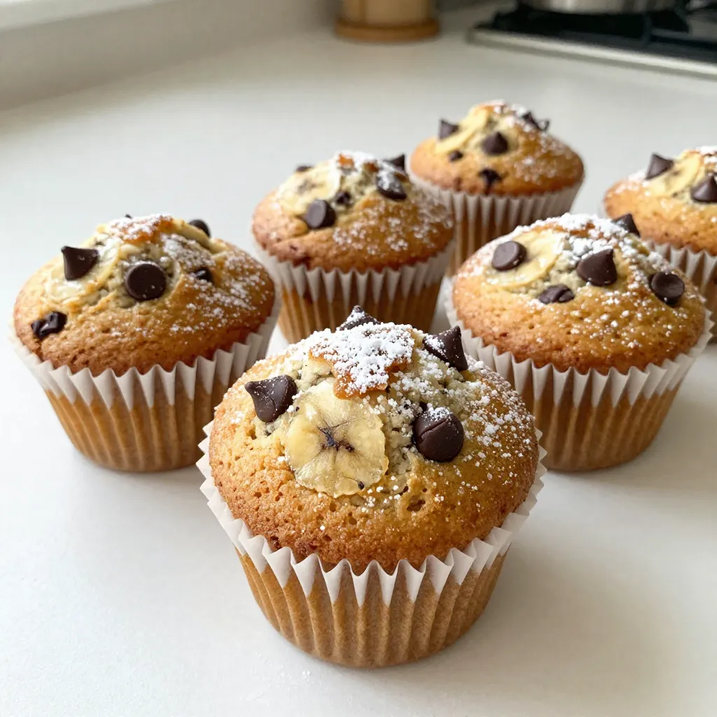 To make these tasty muffins, gather the following items: - 3 ripe bananas, mashed until smooth - 1/2 cup granulated sugar - 1/4 cup packed brown sugar - 1/2 cup unsalted butter, melted and slightly cooled - 2 large eggs, at room temperature - 1 teaspoon pure vanilla extract - 1 teaspoon baking soda - 1/2 teaspoon baking powder - 1/4 teaspoon salt - 1 1/2 cups all-purpose flour, sifted - 1 cup semi-sweet chocolate chips These ingredients work together to create a moist and flavorful muffin. Ripe bananas add natural sweetness and keep the muffins tender. You can make your muffins even better with these add-ins: - 1/4 cup chopped walnuts - 1/4 cup chopped pecans Adding nuts gives a nice crunch. You can skip them if you prefer a smoother texture. Feel free to mix in your favorite nuts or even dried fruits for variety! Choosing the right bananas is key for your muffins. Look for bananas that are: - Brown or yellow with spots - Soft to touch These bananas have the best flavor and sweetness. Avoid green bananas; they are not ripe enough. If you only have green bananas, let them sit on the counter for a few days. They will ripen and become perfect for baking! {{ingredient_image_2}} Start by preheating your oven to 350°F (175°C). This temperature helps the muffins rise well. While the oven heats, prepare your muffin tin. You can do this by using paper liners or greasing each cup with cooking spray. This step is key to prevent the muffins from sticking. In a large bowl, mash the three ripe bananas until smooth. Add in the granulated sugar and brown sugar. Mix these until they are creamy and well combined. Pour in the melted butter next. It should be slightly cooled to avoid cooking the eggs. Now, crack the two eggs into the bowl one at a time. Mix well after each egg. Add the teaspoon of vanilla extract and blend it all together. Next, sprinkle the baking soda, baking powder, and salt over the mixture. Stir briefly to evenly distribute these dry ingredients. Gradually add the sifted flour, folding it into the wet mix with a spatula. Be careful not to overmix; this keeps the muffins tender. Finally, gently fold in the chocolate chips and nuts if you choose to add them. Using a spoon or scoop, fill each muffin cup about two-thirds full with batter. This gives the muffins room to rise without overflowing. Place the muffin tin in the preheated oven and bake for 18-20 minutes. To check if they are done, insert a toothpick into a muffin; it should come out clean. Once baked, let the muffins cool in the pan for about five minutes. After that, transfer them to a wire rack. This helps them cool completely without becoming soggy. Enjoy your delicious chocolate chip banana bread muffins! To achieve the best muffin texture, focus on your ingredients. Use ripe bananas; they add natural sweetness. A smooth mash gives better flavor. Combine sugars with the bananas well until creamy. This step ensures a rich taste. Melted butter should be slightly cooled before mixing in. This helps the sugars blend nicely. Overmixing can lead to tough muffins. Mix the wet and dry ingredients just until combined. Don’t worry about lumps; they will bake out. Use a spatula to fold in flour gently. After adding chocolate chips, fold them in lightly. This keeps your muffins soft and fluffy. To store leftover muffins, let them cool completely first. Place them in an airtight container. They can stay fresh at room temperature for about three days. If you want to keep them longer, freeze them. Wrap each muffin in plastic wrap, then place them in a freezer bag. When ready to eat, thaw them overnight in the fridge or microwave for a quick warm-up. Pro Tips Use Overripe Bananas: The riper the bananas, the sweeter and more flavorful your muffins will be. Look for bananas that are heavily speckled or brown for the best results. Don’t Overmix: To keep your muffins light and fluffy, mix the batter just until the flour is incorporated. Overmixing can lead to dense muffins. Experiment with Add-ins: Feel free to customize your muffins by adding ingredients like shredded coconut, dried fruit, or different types of nuts for added texture and flavor. Check for Doneness: Ovens can vary, so check your muffins a minute or two before the suggested baking time. They are done when a toothpick inserted into the center comes out clean. {{image_4}} You can change up your muffins by adding different mix-ins. Try dried fruits like raisins, cranberries, or apricots. They add a nice sweetness and chewiness. For a tropical twist, add shredded coconut. You can also use nuts like walnuts or pecans for a crunch. Just remember to keep the total mix-ins to about one cup. If you need gluten-free muffins, swap the all-purpose flour for a gluten-free blend. Look for one that has xanthan gum in it. This helps the muffins rise and stay soft. You may need to adjust the liquid slightly, as gluten-free flours can absorb more moisture. Spices can really boost the flavor of your muffins. Add a teaspoon of cinnamon or nutmeg for warmth. You can also try a pinch of cardamom for a fragrant touch. For a fun twist, mix in some cocoa powder for a chocolatey flavor. Just replace a bit of the flour with cocoa to keep the right texture. To keep your chocolate chip banana bread muffins fresh, place them in an airtight container. Make sure they cool fully before you store them. If you leave them out, they can get dry or soggy. Store them at room temperature for up to three days. If you want to keep them longer, consider freezing them. To freeze your muffins, wrap each one tightly in plastic wrap. Then, place them in a freezer-safe bag or container. This helps prevent freezer burn. They can last for up to three months in the freezer. When you're ready to enjoy, just take out the number you need. To reheat muffins, you can use the microwave or oven. For the microwave, heat them for about 15-20 seconds. This warms them up quickly. If you prefer the oven, preheat it to 350°F (175°C). Place the muffins on a baking tray and heat for about 5-10 minutes. This method gives them a nice, warm texture. Enjoy your muffins fresh and warm! Yes, you can substitute some ingredients. If you want a lighter muffin, try using applesauce instead of butter. You can also use whole wheat flour in place of all-purpose flour for added fiber. If you don’t have granulated sugar, brown sugar can work too. For a nut-free version, skip the nuts altogether. Just keep the key ingredients like bananas and eggs for the best taste. To check if the muffins are done, use a toothpick. Insert it into the center of a muffin. If it comes out clean or with a few crumbs, they are ready. You can also look for a golden color on top and a springy texture. If the muffins still look wet or mushy, they need more time in the oven. Bake for 18-20 minutes, but start checking around 15 minutes. These muffins taste great on their own, but you can serve them with spreads. Cream cheese or butter pairs well. For a fun twist, try peanut butter or Nutella. A hot cup of coffee or tea also complements the muffins nicely. You can even add fresh fruit on the side, like berries or sliced apples, for a colorful plate. You learned how to make tasty chocolate chip banana bread muffins. We discussed key ingredients, optional add-ins, and how to pick ripe bananas. I shared step-by-step instructions for mixing and baking. Tips for muffin texture and storing leftover muffins helped you, too. You can explore fun variations like gluten-free options and flavor boosts. Now you are ready to bake and enjoy fresh muffins. Remember, feel free to mix things up based on your taste. Happy baking!