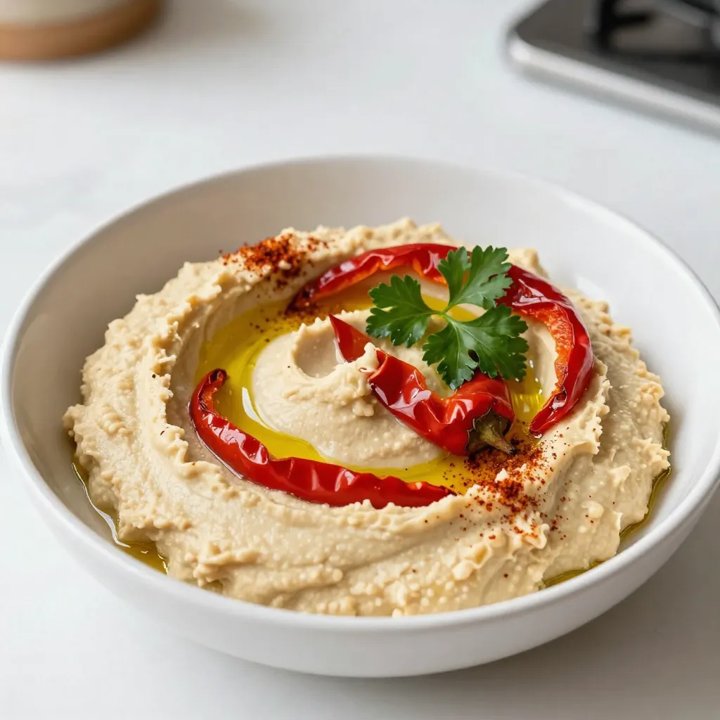 - 1 can (15 oz) chickpeas, drained and thoroughly rinsed - 2 large roasted red peppers (store-bought or homemade) - 3 tablespoons tahini Chickpeas are the base of this hummus. They add creaminess and protein. I prefer using canned chickpeas for ease. Just drain and rinse them well. Roasted red peppers bring a sweet, smoky flavor. You can buy them in a jar or roast your own. Tahini gives hummus its rich, nutty taste. It's made from ground sesame seeds. - 2 tablespoons extra-virgin olive oil, plus extra for drizzling - 2 tablespoons freshly squeezed lemon juice - 1 clove garlic, finely minced Olive oil adds smoothness and richness. It also enhances the flavor of every bite. Fresh lemon juice gives a tangy kick, brightening the dish. Garlic adds depth and warmth to the hummus. Use fresh garlic for the best taste. - 1 teaspoon ground cumin - Kosher salt and freshly cracked pepper to taste - Smoked paprika and finely chopped fresh parsley for garnish Ground cumin adds an earthy note. It pairs well with the sweetness of the peppers. Salt and pepper are key to enhancing all the flavors. Smoked paprika adds a lovely color and a hint of smoke. Fresh parsley adds a pop of green and freshness on top. {{ingredient_image_2}} You can use jarred roasted red peppers or make your own. Jarred peppers are quick and easy. Just drain them well to avoid too much moisture in your hummus. If you want to roast fresh peppers, here’s how to do it: 1. Broil the Peppers: Place fresh red peppers under the broiler. Turn them often until the skin is black and blistered. This should take about 15 minutes. 2. Steam and Peel: After broiling, put the peppers in a bowl and cover it with plastic wrap. Let them steam for 15 minutes. This helps loosen the skin. Once they cool, peel off the blackened skin, remove the seeds, and slice them. Next, gather your ingredients for the food processor: - 1 can (15 oz) chickpeas, drained and rinsed - 2 large roasted red peppers - 3 tablespoons tahini - 2 tablespoons extra-virgin olive oil - 2 tablespoons lemon juice - 1 clove garlic, minced - 1 teaspoon ground cumin - Salt and pepper to taste It's crucial to drain the chickpeas well. This step keeps the hummus from becoming too watery. Now it’s time to blend! Add all your ingredients to the food processor. Pulse the mixture until it’s smooth and creamy. This might take a minute or two. If you find the hummus too thick, slowly add a tablespoon of water. Blend after each addition until it reaches your desired texture. After blending, taste your hummus. You may want to add more salt, pepper, or lemon juice. Adjust the flavors to suit your taste. This step is key to making the hummus just right. To serve, spoon the hummus into a nice bowl. Create a small well in the center. Drizzle extra olive oil on top. For a colorful finish, sprinkle smoked paprika and chopped parsley over it. For a fun touch, serve the hummus with warm pita bread or crunchy veggie sticks. You can also place it on a rustic wooden board for a more inviting setup. To get a creamy hummus, start with the right chickpeas. Use canned chickpeas for ease. Drain and rinse them well. This step removes extra salt and helps with texture. You want your hummus smooth, not chunky. If your hummus is too thick, add a little water. Blend after each addition. This helps you control the thickness. Avoid adding too much at once. It’s easy to go overboard. Common mistakes include not blending enough. If you stop too early, your hummus will be gritty. Remember to scrape the bowl sides while blending. This ensures everything mixes well. If you don’t have tahini, use sunflower seed butter. It gives a similar creaminess. For olive oil, try avocado oil for a different flavor. This can make your hummus taste unique. You can also adjust spices. Add a pinch of cayenne pepper for heat. Or mix in fresh herbs like basil or cilantro for a fresh twist. Experiment with flavors to find your favorite. Presentation matters! Serve your hummus in a deep bowl. Create a little well in the center. Drizzle extra olive oil there for a nice touch. For garnishes, sprinkle smoked paprika on top. This adds color and flavor. Chopped parsley brightens up the dish too. To serve, pair your hummus with warm pita or crunchy veggie sticks. You can arrange these on a wooden board for a rustic look. Small bowls also work well for an inviting spread. Pro Tips Choose Quality Ingredients: Opt for high-quality tahini and fresh lemons for the best flavor. The quality of your ingredients directly impacts the final taste of your hummus. Experiment with Flavors: Feel free to add other ingredients like roasted garlic, sun-dried tomatoes, or herbs to customize the flavor of your hummus and make it uniquely yours. Perfect Texture: To achieve a silky smooth hummus, consider peeling the chickpeas. While it's an extra step, it can result in a creamier consistency. Storage Tips: Store any leftover hummus in an airtight container in the refrigerator. Drizzle a layer of olive oil on top to keep it fresh for up to a week. {{image_4}} You can easily change the flavor of your hummus. One great way is to add fresh herbs. Herbs like basil or cilantro can add a bright taste. Simply chop them finely and blend them in. If you love spice, try adding jalapeños. You can use fresh or pickled ones for a kick. Just add a small amount first, then blend and taste. Adjust until it’s just right for you. Making hummus is easy for different diets. This recipe is naturally gluten-free. All the main ingredients are safe for those avoiding gluten. For those who follow a vegan diet, this hummus is perfect. Each ingredient is plant-based, so you can enjoy it without worry. You can share it with friends who have dietary needs too! Hummus can be fun to change with the seasons. You can add seasonal vegetables or herbs. In spring, consider adding fresh peas or mint. In fall, roasted butternut squash or sage can give a warm flavor. Think about what’s fresh at your local market. This keeps your hummus exciting and tasty all year! To store your homemade roasted red pepper hummus, use an airtight container. Keep it in the fridge right after making it. This helps keep it fresh. Your hummus will last about five days in the fridge. Make sure to check for any signs of spoilage before eating. If you want to store it longer, freezing is a great option. Use a freezer-safe container or bag. Leave some space for expansion, as it may get bigger when frozen. You can freeze hummus for up to three months. When ready to eat, thaw it in the fridge overnight and stir well before serving. When buying hummus from the store, look for a few key things. Check the label for natural ingredients. The best hummus has no artificial flavors or preservatives. You want to see chickpeas, tahini, and roasted red peppers listed first. Also, pay attention to the sell-by date. Fresh hummus has a shorter shelf life than other dips. If you can, taste a sample before buying. This helps you know if it has the flavor and creaminess you want. How long does roasted red pepper hummus last? Homemade hummus lasts about five days in the fridge. Store-bought hummus usually lasts longer, often around a week or two. Watch for signs of spoilage. If you see any mold or it smells off, throw it away. Changes in color or texture can also mean it is time to discard it. Always trust your senses when it comes to food safety. Yes, you can make hummus ahead of time. To do this, store it in an airtight container. Keep it in the fridge for up to five days. To make it taste fresh, add a little olive oil on top before serving. This helps keep it moist. Stir it well before serving for the best taste. Roasted red pepper hummus pairs well with many snacks. Here are some great options: - Warm pita bread - Vegetable sticks like carrots, cucumbers, and bell peppers - Crispy pita chips - Crackers - Fresh bread or baguette slices These pairings make it fun for any gathering or snack time. Yes, roasted red pepper hummus is quite healthy. It’s packed with nutrients. Here are some benefits: - Chickpeas provide protein and fiber. - Tahini adds healthy fats and minerals. - Red peppers are rich in vitamins A and C. This makes hummus a smart choice for a tasty snack. If your hummus is too thick, don't worry. You can fix it easily. Add a little water, one tablespoon at a time. Blend after each addition until you reach the right texture. You can also add more olive oil or lemon juice for extra flavor. Yes, canned roasted red peppers are great to use. They save time and are easy to find. Just make sure to drain them well. This helps avoid extra moisture in your hummus. You can enjoy the same great flavor without the extra work of roasting your own. In this article, we explored how to make delicious roasted red pepper hummus. We covered key ingredients like chickpeas, tahini, and spices. I shared step-by-step instructions for preparation and blending. You learned tips for the perfect texture and flavor. Variations allow for fun options to suit your taste. Finally, proper storage ensures your hummus stays fresh. Enjoy experimenting with this healthy dip; it’s simple and rewarding to make. Hummus can be a great addition to your meals or parties.