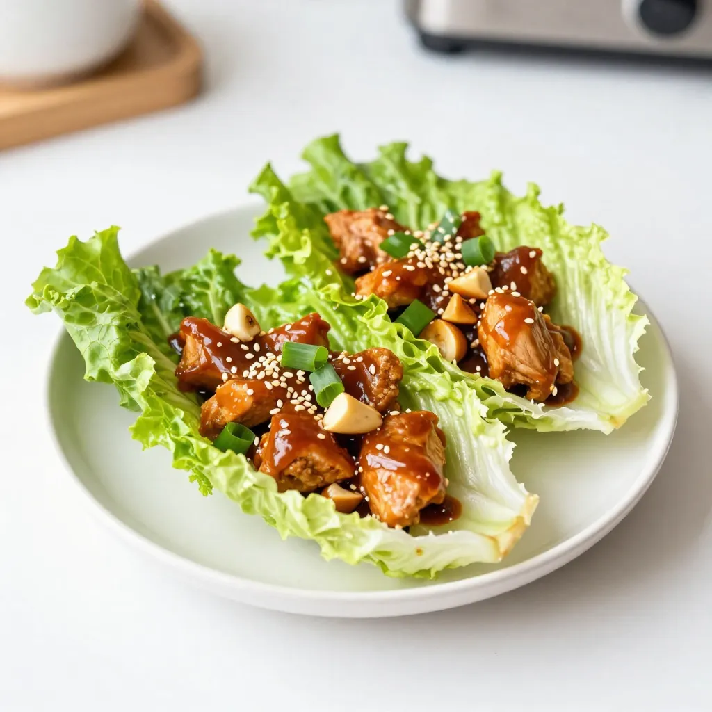 Gather these simple ingredients for your teriyaki chicken lettuce cups: - 1 lb ground chicken - 1/4 cup low-sodium soy sauce - 2 tablespoons honey - 1 tablespoon sesame oil - 1 tablespoon rice vinegar - 2 cloves garlic, minced - 1 tablespoon fresh ginger, grated - 1 cup water chestnuts, diced - 2 green onions, thinly sliced (plus extra for garnish) - 1 tablespoon sesame seeds - 1 head of butter or iceberg lettuce, leaves carefully separated - Fresh cilantro leaves for garnish - Sriracha or chili sauce for added heat (optional) You can swap ingredients based on what you have or prefer: - Use ground turkey instead of ground chicken for a leaner option. - Agave syrup can replace honey for a vegan-friendly sweetener. - Toasted sesame oil adds a deeper flavor if you prefer that taste. - Replace water chestnuts with diced bell peppers for a crunchier bite. These lettuce cups cater to diverse diets: - They are low in carbs, great for low-carb diets. - Use gluten-free soy sauce for a gluten-free meal. - This dish is high in protein, making it ideal for fitness enthusiasts. - By skipping the honey or using a substitute, it can fit a vegan diet. {{ingredient_image_2}} First, gather your ingredients for the teriyaki sauce. In a medium bowl, mix together: - 1/4 cup low-sodium soy sauce - 2 tablespoons honey - 1 tablespoon sesame oil - 1 tablespoon rice vinegar - 2 cloves garlic, minced - 1 tablespoon fresh ginger, grated Whisk these ingredients until they blend well. This sauce adds rich flavor to the chicken. Next, heat a large skillet over medium heat. Add 1 pound of ground chicken to the skillet. Cook for about 5 to 7 minutes. Use a wooden spoon to break the chicken into smaller pieces. Make sure the chicken is browned and fully cooked. This is key for good texture. Once cooked, pour the teriyaki sauce over the chicken. Stir well so the chicken is coated. Cook for an extra 2 to 3 minutes. This allows the sauce to thicken slightly. Mix in 1 cup of diced water chestnuts and half of the sliced green onions. Stir until everything combines. Then, remove the skillet from heat. Your chicken is now ready for the next step! Now it’s time to assemble your lettuce cups. Take a large lettuce leaf from a head of butter or iceberg lettuce. Spoon about 2 to 3 tablespoons of the teriyaki chicken mixture into the center of the leaf. For a finishing touch, sprinkle sesame seeds on top. Add fresh cilantro leaves for extra flavor. If you like heat, drizzle some Sriracha or chili sauce on top. Serve these cups right away. Encourage your guests to fold them and enjoy as hand-held bites! Start with fresh ground chicken. Fresh meat holds moisture and flavor well. Use medium heat for cooking. This helps brown the chicken evenly. Break the chicken up as you cook it. This ensures all parts get cooked and browned. When you add the teriyaki sauce, let it simmer. This thickens the sauce and adds taste. Use a large platter to show off your lettuce cups. Arrange them in a circle for a fun look. Sprinkle extra green onions on top for color. Add a small bowl of Sriracha on the side for heat. This gives guests a choice to spice things up. Garnish with fresh cilantro leaves for a pop of green. To boost flavor, add a squeeze of lime juice before serving. This adds brightness to the dish. You can also mix in chopped bell peppers or carrots for crunch. If you love heat, try adding red pepper flakes to the chicken. For a nutty taste, sprinkle more sesame seeds on top. Each of these tweaks can make your meal even better! Pro Tips Use Fresh Ingredients: Fresh garlic and ginger will elevate the flavor of your teriyaki sauce, making it more aromatic and vibrant. Customize Your Heat: Adjust the level of spiciness by adding more or less Sriracha or chili sauce according to your taste preferences. Perfect Lettuce Selection: Choose larger outer leaves of butter or iceberg lettuce for a sturdy base that holds the filling well. Meal Prep Friendly: Prepare the teriyaki chicken mixture in advance and store it in the fridge for quick assembly when you’re ready to serve. {{image_4}} You can switch out ground chicken for other proteins. Ground turkey works well. You can also use beef or pork for a richer flavor. For a lighter option, try shrimp. Just cook the shrimp until pink and tender. Each protein brings its own taste to the dish. If you want a meat-free meal, go for tofu or tempeh. Use firm tofu for the best texture. Crumble it like ground meat and cook it in the same way. Add extra veggies like bell peppers or zucchini for more flavor. You can also use chickpeas, which add protein and fiber. To shake things up, try adding different spices or sauces. A touch of hoisin sauce gives a sweet twist. You can also mix in some chili paste for heat. If you want a tangy bite, add a splash of lime juice. Experiment with different herbs like basil or mint for a fresh twist. Store your leftover teriyaki chicken in an airtight container. This keeps the flavor fresh. Place it in the fridge and enjoy it within three days. Make sure it is cool before sealing. This helps prevent moisture buildup. To reheat, use a skillet over medium heat. Add a splash of water or broth for moisture. Stir the chicken often until it is hot. This should take about 5-7 minutes. You can also use a microwave. Heat in short bursts of 30 seconds. Stir in between until warm. You can freeze the teriyaki chicken for up to three months. Place it in a freezer-safe bag. Squeeze out as much air as possible. Label the bag with the date. To thaw, move it to the fridge overnight before reheating. This keeps the texture nice and tasty. To make teriyaki sauce, mix these simple ingredients: - 1/4 cup low-sodium soy sauce - 2 tablespoons honey - 1 tablespoon sesame oil - 1 tablespoon rice vinegar - 2 cloves garlic, minced - 1 tablespoon fresh ginger, grated Whisk these together in a bowl. This mix gives the chicken a sweet and savory taste. Store any extra sauce in the fridge for later use. Yes, you can use various lettuces! Butter lettuce is soft and easy to fold. Iceberg lettuce adds a nice crunch. Romaine is also great for sturdy cups. Feel free to mix and match based on your preference. Just ensure the leaves are big enough to hold the filling. These tasty lettuce cups pair well with several sides: - Steamed rice for a filling meal - Edamame for a healthy snack - A light cucumber salad for freshness - Miso soup for a warm touch These options complement the flavor of the teriyaki chicken and make your meal balanced and delicious. You learned about the key ingredients and their alternatives for teriyaki chicken lettuce cups. We covered step-by-step instructions to prepare the sauce, cook the chicken, and assemble your dish. I shared tips to ensure juicy chicken and beautiful presentation. Variations included protein substitutes and vegan options. Lastly, you found useful storage tips and answers to common questions. This dish is not just easy to make; it’s also fun to enjoy. Now, get cooking and impress your friends and family with this tasty meal!