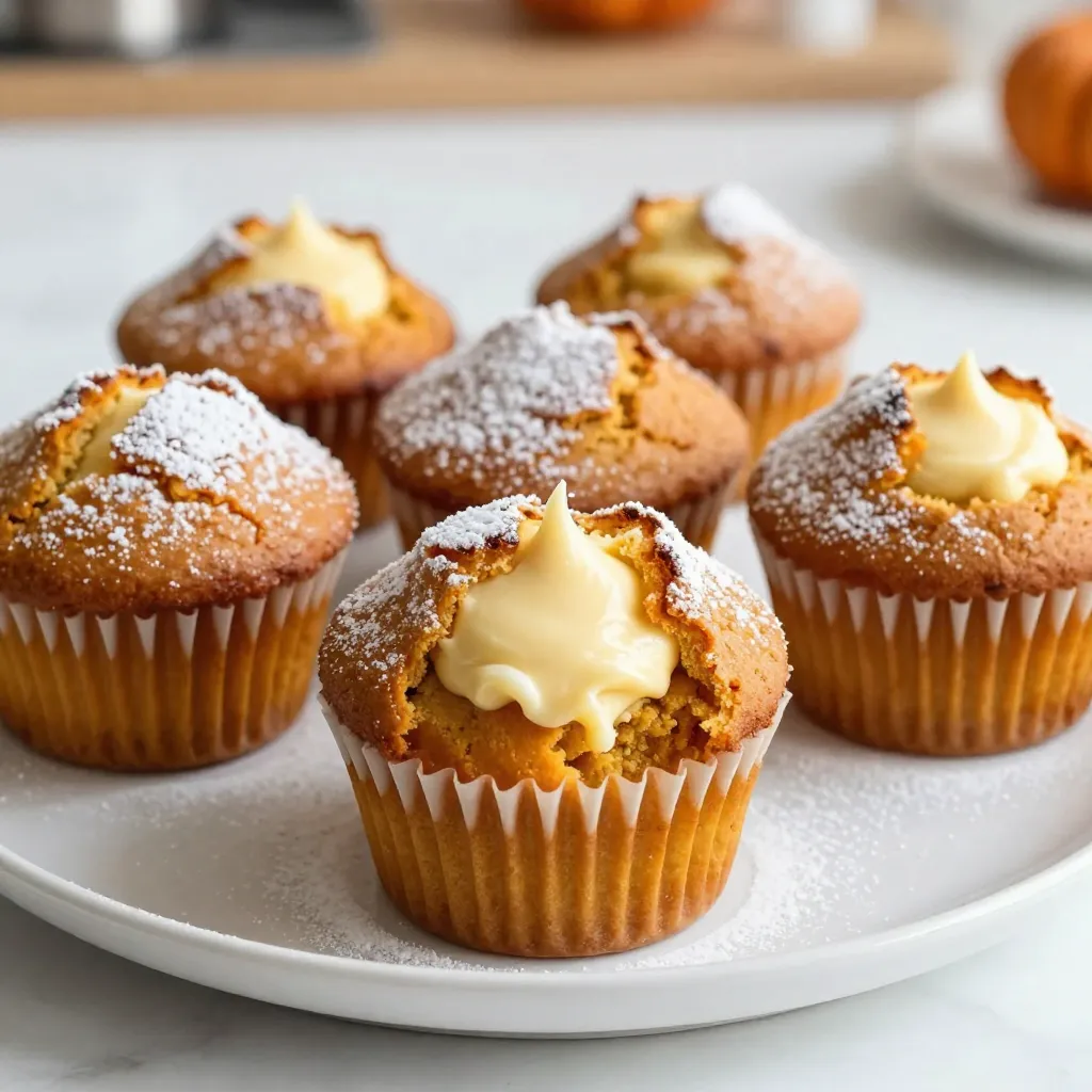 - 1 cup all-purpose flour - 1 cup whole wheat flour - 1 teaspoon baking powder - 1 teaspoon baking soda - 1 teaspoon ground cinnamon - 1/2 teaspoon ground nutmeg - 1/2 teaspoon salt I love mixing dry ingredients first. It helps everything blend well. The all-purpose flour gives the muffins a nice light texture. Whole wheat flour adds a bit of heartiness and flavor. Baking powder and baking soda help the muffins rise. Cinnamon and nutmeg add that warm, cozy taste that feels like fall. Salt balances the sweet flavors beautifully. - 1 cup canned pumpkin puree - 1/2 cup vegetable oil - 1 cup granulated sugar - 2 large eggs - 1 teaspoon pure vanilla extract For the wet ingredients, the pumpkin puree is key. It keeps the muffins moist and adds flavor. Vegetable oil gives a rich texture. Granulated sugar sweetens things up, while eggs bind it all together. Vanilla extract adds a hint of sweetness that enhances the pumpkin flavor. - 1/2 cup cream cheese, softened to room temperature - 1/4 cup powdered sugar - 1 tablespoon milk The cream cheese filling is what makes these muffins special. It’s creamy and sweet, perfect for the pumpkin base. Softened cream cheese blends easily. Powdered sugar sweetens it without any grit. A bit of milk helps to make it smooth and spreadable. This filling creates a delightful surprise in each bite. {{ingredient_image_2}} Start by preheating your oven to 350°F (175°C). This step is key for great muffins. While the oven warms, prepare your muffin tin. You can use paper liners or grease each cup lightly. This helps the muffins come out easily after baking. In a medium bowl, whisk together the dry ingredients. Combine 1 cup of all-purpose flour, 1 cup of whole wheat flour, 1 teaspoon of baking powder, and 1 teaspoon of baking soda. Then, add 1 teaspoon of ground cinnamon, 1/2 teaspoon of ground nutmeg, and 1/2 teaspoon of salt. Mix them well and set this bowl aside for later. In a large bowl, add the wet ingredients. Use 1 cup of canned pumpkin puree, 1/2 cup of vegetable oil, and 1 cup of granulated sugar. Crack in 2 large eggs and add 1 teaspoon of pure vanilla extract. Whisk everything until it is smooth. This mixture will make your muffins rich and moist. Now, it’s time to mix the dry ingredients with the wet. Gradually add the dry mixture to the bowl with the wet mixture. Use a spatula or a wooden spoon to stir gently. Mix until just combined; overmixing can make your muffins tough. In a small bowl, prepare the cream cheese filling. Beat together 1/2 cup of softened cream cheese, 1/4 cup of powdered sugar, and 1 tablespoon of milk. Use a hand mixer or a fork to make it smooth and creamy. This filling adds a delightful surprise inside your muffins. Grab your prepared muffin tin. Spoon the pumpkin batter into each cup, filling them about halfway. Next, take about a tablespoon of the cream cheese filling and drop it into the center of each cup. Top with more pumpkin batter until each is about three-quarters full. This will create a lovely swirl of flavors. Place the muffin tin in your preheated oven. Bake for 18-22 minutes. To check for doneness, insert a toothpick into the center of a muffin. If it comes out clean, they are ready. Once baked, let the muffins cool in the tin for 5 minutes. Then, transfer them to a wire rack to cool completely. Enjoy these tasty treats warm! To keep your muffins moist, always measure your flour correctly. Too much flour can dry them out. Use a kitchen scale if you have one. Also, don’t overmix the batter. Stir just until the dry and wet ingredients combine. This helps keep the muffins tender. Adding a bit of oil, like vegetable oil, helps too. Another tip is to let them cool in the pan for a few minutes before moving them. This keeps moisture in as they cool. Always preheat your oven to 350°F (175°C) before baking. This ensures even cooking. Use a good quality muffin tin. If using paper liners, lightly spray them with non-stick spray. This helps the muffins release easily. Fill the muffin cups about three-quarters full. This gives them room to rise without spilling over. Lastly, check for doneness with a toothpick. If it comes out clean, your muffins are ready! Serve your muffins warm for the best taste. Dust them with powdered sugar for a sweet touch. You can also add whipped cream on top for extra richness. For a crunchy texture, sprinkle pumpkin seeds over the cream cheese filling. These additions make your muffins look special. Enjoy them with a warm cup of coffee or tea. They are perfect for a cozy fall gathering! Pro Tips Use Fresh Spices: Freshly ground spices can significantly enhance the flavor of your muffins. Consider grinding your cinnamon and nutmeg just before use for a more vibrant taste. Check Muffin Doneness: To ensure your muffins are perfectly baked, insert a toothpick into the center. If it comes out clean or with a few crumbs, they are done. Avoid overbaking to keep them moist. Chill Cream Cheese: For a smoother cream cheese filling, ensure it is at room temperature before mixing. If you forget to take it out, give it a quick 10-second microwave zap to soften it up. Experiment with Toppings: Feel free to get creative with toppings! Chopped nuts, chocolate chips, or a sprinkle of cinnamon sugar can add an extra layer of flavor and texture to your muffins. {{image_4}} You can swap some ingredients to make these muffins healthier. Here are a few ideas: - Use whole wheat flour instead of all-purpose flour. It adds fiber. - Replace sugar with honey or maple syrup. These options add natural sweetness. - Try Greek yogurt instead of vegetable oil. This adds protein and moisture. Each swap keeps the muffins tasty while cutting down on added sugars and fats. You can boost the flavor in these muffins easily. Here are some fun ideas: - Add chopped nuts like walnuts or pecans for a crunchy texture. - Mix in chocolate chips for a sweet surprise in each bite. - Stir in dried fruits like cranberries or raisins for extra sweetness. Each addition brings a new twist to this classic recipe. Feel free to play with flavors! To make these muffins gluten-free, you can use specific ingredients. Here’s how: - Replace all-purpose flour with a gluten-free blend. Look for one that includes xanthan gum. - Ensure your baking powder is gluten-free. Most brands are, but double-check. - Use certified gluten-free oats for added texture if you like. These tips let you enjoy pumpkin muffins without gluten. They still taste amazing! To keep your muffins fresh, place them in an airtight container. This helps lock in moisture. Store them at room temperature for up to three days. You can also use plastic wrap for extra freshness. If you want to store them longer, consider freezing. Freezing is a great option for these muffins. First, let them cool completely. Then, wrap each muffin in plastic wrap. Place the wrapped muffins in a freezer bag or airtight container. They can stay in the freezer for up to three months. When you're ready to enjoy, simply thaw them at room temperature. Reheating is easy and quick. If you want a warm muffin, pop it in the microwave. Heat for about 15-20 seconds. You can also reheat in the oven. Preheat the oven to 350°F (175°C) and bake for about 5-10 minutes. This method makes the muffins soft and fresh again. To make your muffins pop with flavor, try adding spices like ginger or cloves. You can also mix in chocolate chips or nuts for extra texture. Using fresh vanilla bean instead of extract gives a richer taste. Don't forget to taste the batter; this lets you tweak flavors before baking. Absolutely! You can use fresh pumpkin. Just cook and puree it until smooth. The flavor will be vibrant and fresh. Make sure to drain excess moisture to keep your muffins from getting soggy. Fresh pumpkin adds a lovely homemade touch. To prevent sticking, use paper liners or grease your muffin tin well. You can use cooking spray or butter. If you choose to grease, dust the cups with a little flour. This creates a barrier that helps your muffins release easily. These muffins stay fresh for about 3-4 days at room temperature. Keep them in an airtight container. If you want them to last longer, freeze them. Just wrap each muffin in plastic wrap and place them in a freezer bag. They will stay good for up to three months. We explored all you need for delicious Pumpkin Cream Cheese Muffins. You learned about ingredients, step-by-step baking, and useful tips. A few variations can make your muffins unique. Storing your leftovers properly ensures freshness. Remember to check the FAQs for quick answers. With these insights, you can bake perfect muffins every time. Enjoy the process and share your tasty results!