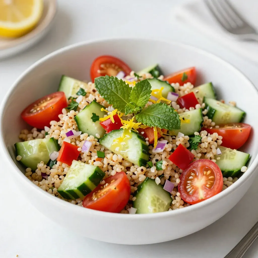 - 1 cup quinoa - 2 cups water or vegetable broth - 1 medium cucumber - 1 cup cherry tomatoes - 1/2 red bell pepper - 1/4 red onion - Fresh parsley and mint - Juicy lemon zest and juice - Extra virgin olive oil - Salt and pepper - Medium-sized saucepan - Mixing bowl - Fork for fluffing quinoa - Small bowl for dressing I love using fresh ingredients in this Lemon Herb Quinoa Salad. Quinoa is my base. It’s high in protein and gluten-free. I rinse it well before cooking to remove any bitter taste. For the veggies, I use a medium cucumber, cherry tomatoes, red bell pepper, and red onion. They add color and crunch. Fresh parsley and mint make the salad bright and fragrant. The lemon zest and juice bring a lovely zing. I recommend using vegetable broth for cooking quinoa. It adds flavor, but water works fine too. The salad is light and healthy, perfect for any meal. For tools, a medium-sized saucepan is a must for cooking quinoa. You need a mixing bowl to combine everything. A fork helps fluff the quinoa for lightness. A small bowl is handy for mixing the dressing. These ingredients and tools come together to create a fresh and vibrant dish that you’ll love. {{ingredient_image_2}} 1. Start by bringing 2 cups of water or vegetable broth to a boil in a medium saucepan. 2. Once the liquid is boiling, stir in 1 cup of rinsed quinoa. Lower the heat to a gentle simmer. Cover the pot and let it cook for about 15 minutes, or until the quinoa is soft. 3. After cooking, remove the pot from heat. Let it sit for a few minutes. Then, fluff the quinoa with a fork to separate the grains. Allow it to cool slightly. 1. While the quinoa cools, dice 1 medium cucumber into bite-sized pieces. 2. Cut 1 cup of cherry tomatoes in half. 3. Dice 1/2 of a red bell pepper. 4. Finely chop 1/4 of a red onion. 5. Chop 1/4 cup of fresh parsley and 1/4 cup of fresh mint. 1. In a small bowl, whisk together the zest and juice of 1 juicy lemon. 2. Add 3 tablespoons of extra virgin olive oil, and a pinch of salt and pepper. Mix until well combined. 1. In a large mixing bowl, combine the cooled quinoa and the prepared vegetables. 2. Drizzle the dressing over the mixture. Toss gently to coat everything evenly. 3. Taste the salad and adjust the seasoning with more salt or pepper if needed. - Rinse quinoa thoroughly before cooking. This removes bitter saponins. - Allow quinoa to rest after cooking for a fluffy texture. Cover it for a few minutes. - Add feta cheese or avocado for creaminess. These ingredients make the salad richer. - Try different herbs like dill or basil. Experimenting adds fun and new tastes. - Serve in attractive bowls or plates. Colorful dishes make the salad pop. - Garnish with lemon slices and herb sprigs. This adds a fresh, inviting look. Pro Tips Rinse Your Quinoa: Always rinse quinoa under cold water before cooking to remove its natural coating, called saponin, which can impart a bitter taste. Use Broth for Flavor: Cooking quinoa in vegetable broth instead of water enhances its flavor, making the salad even more delicious. Cool Quinoa Properly: After cooking, let the quinoa cool completely before mixing it with the vegetables to maintain their crispness. Customize Your Veggies: Feel free to swap in your favorite vegetables or add ingredients like avocado or feta cheese for added texture and flavor. {{image_4}} You can boost the protein in your Lemon Herb Quinoa Salad. Grilled chicken or shrimp works great. Both add a tasty twist and keep the salad filling. For a plant-based option, try chickpeas or black beans. These ingredients add protein and fiber. They make the salad hearty and satisfying. Seasonal ingredients can keep the salad fresh and exciting. You can substitute vegetables based on what’s in season. Use zucchini in summer or roasted butternut squash in fall. Roasting veggies adds a rich flavor that enhances the dish. Try different combinations to find your favorite mix! The dressing can change the whole taste of the salad. You can experiment with balsamic vinaigrette for a tangy kick. It pairs well with the lemon and herbs. If you want something creamier, use a yogurt-based dressing. This adds a nice texture and flavor. Mixing and matching dressings can keep every meal interesting! Store any leftovers in an airtight container. This keeps the salad fresh and tasty. I recommend eating it within 3-5 days for the best flavor. After that, the veggies may lose their crunch. Can quinoa salad be frozen? Yes, you can freeze it! However, the texture may change. When you want to enjoy it, place the salad in the fridge overnight to thaw. Once it's soft, give it a good stir. You might want to add a splash of olive oil or lemon juice to freshen it up. This method helps keep the taste bright and zesty. To prepare quinoa, start by rinsing it well under cold water. This removes the bitter coating called saponin. Next, in a medium saucepan, bring 2 cups of water or vegetable broth to a boil. Once boiling, add 1 cup of rinsed quinoa. Lower the heat to a gentle simmer, cover the pot, and let it cook for about 15 minutes. When done, remove it from heat and let it sit covered for a few more minutes. Finally, fluff the quinoa with a fork and let it cool. Yes, Lemon Herb Quinoa Salad is gluten-free. Quinoa is a seed, not a grain, making it safe for those with gluten sensitivities. This salad is a great option for anyone avoiding gluten. Yes, you can make this salad ahead of time. Prepare the quinoa and veggies, then store them separately in the fridge. This way, they will stay fresh. Mix them together with the dressing just before serving. The salad tastes even better after some time in the fridge, as flavors blend. You can serve Lemon Herb Quinoa Salad with various dishes. It pairs well with grilled chicken or fish for protein. You can also enjoy it alongside roasted vegetables or a light soup. For a complete meal, consider serving it with crusty bread or a fresh yogurt dip. Lemon Herb Quinoa Salad is easy and fun to make. We covered the key ingredients, tools, and steps to cook the quinoa and prepare the veggies. I shared tips to enhance flavor and how to store any leftovers properly. You can also personalize your salad with proteins and seasonal veggies. This dish is healthy, tasty, and versatile, making it perfect for any meal. Enjoy creating your own version and share it with friends and family!