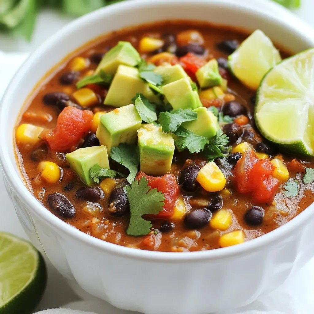 To make a tasty black bean taco soup, gather these key items: - 2 cans (15 oz each) black beans, rinsed and drained - 1 can (15 oz) diced tomatoes with green chilies - 1 cup corn kernels, fresh or frozen - 1 medium onion, finely diced - 2 cloves garlic, minced - 1 bell pepper, diced (choose your favorite color) - 1 tablespoon olive oil - 2 cups vegetable broth - 1 tablespoon taco seasoning - 1 teaspoon ground cumin - Salt and pepper, to taste Toppings can take this soup to the next level. Consider these options: - 1 ripe avocado, diced - Fresh cilantro, chopped - Lime wedges for serving You can easily swap some ingredients for personal taste or availability: - Use chicken broth instead of vegetable broth for added flavor. - Swap black beans for pinto or kidney beans if you prefer. - Try using quinoa instead of corn for a different texture. - If you have no taco seasoning, make your own with chili powder, paprika, and garlic powder. These ingredients help create a rich, hearty soup that is full of flavor. Adjust as needed to make it your own! {{ingredient_image_2}} Start by gathering your fresh veggies. You will need an onion, garlic, and bell pepper. Dice the onion finely and mince the garlic. I like to use a sharp knife for easy chopping. Then, take your bell pepper, any color you prefer, and chop it into small pieces. Having all your vegetables ready makes cooking smooth and quick. Heat one tablespoon of olive oil in a large pot over medium heat. Once the oil is hot, add the diced onion and minced garlic. Sauté them for about 3-4 minutes. You want the onion to become soft and clear. Next, stir in the diced bell pepper. Cook this mix for another 2-3 minutes. The pepper should get soft and blend well with the onion and garlic. Now it’s time to add the key ingredients. Pour in the rinsed black beans, the canned diced tomatoes with their juice, and corn. Then, add two cups of vegetable broth, one tablespoon of taco seasoning, and one teaspoon of ground cumin. Season with salt and pepper to taste. Stir everything well, ensuring all the flavors mix. Bring the soup to a gentle boil. Once it starts bubbling, lower the heat. Let it simmer uncovered for about 20 minutes. Stir it occasionally to keep it from sticking. This simmering time helps all the flavors come together. After 20 minutes, taste the soup. You may need to adjust the seasoning to your liking. If you want a thicker soup, gently mash some beans against the pot’s side with a spoon. When you’re ready to serve, remove the pot from the heat. Ladle the soup into bowls. Top each bowl with diced avocado and chopped cilantro for extra flavor. Squeeze a lime wedge over each serving for a zesty kick. This adds a fresh taste that really brightens the dish. Enjoy your hearty black bean taco soup! To boost the taste of your Black Bean Taco Soup, add a splash of lime juice. The citrus brightens the flavors. You can also toss in some chopped jalapeños for heat. Fresh herbs like cilantro add freshness. Try using smoked paprika for a deeper flavor. A dollop of sour cream can make it creamy and rich. To get the best texture, sauté your veggies until they are soft. This step helps develop flavors. When adding black beans, mash a few against the pot. This thickens the soup nicely. Keep the heat low while simmering to prevent burning. Stir occasionally to mix everything well. If the soup tastes too bland, add more salt or taco seasoning. If it’s too thick, stir in extra vegetable broth. For a too-spicy soup, add a bit of honey or sugar to balance it out. If it’s too watery, let it simmer longer without a lid. This will concentrate the flavors. Pro Tips Freshness is Key: Use fresh ingredients for the best flavor. Fresh corn and bell peppers can elevate the taste of your soup significantly. Customize Your Spice Level: Adjust the amount of taco seasoning according to your preference for spice. You can also add fresh jalapeños for an extra kick. Make it Creamy: For a creamier texture, blend a portion of the soup and then mix it back in. This adds richness without compromising the hearty feel. Storage Savvy: This soup stores well in the refrigerator for up to 3 days. Reheat gently, and consider adding a splash of broth to loosen it up. {{image_4}} Black Bean Taco Soup is already vegetarian and vegan friendly. You can keep it simple. Use vegetable broth instead of chicken broth for a rich flavor. The black beans and corn add protein. They make the soup filling. You can also add more veggies, like zucchini or carrots. This will boost the nutrients and flavor. Want it spicy? Add diced jalapeños or a splash of hot sauce. You can adjust the heat to your taste. For a milder soup, skip the jalapeños and use sweet bell peppers. This keeps it friendly for kids or anyone who likes less heat. Don’t have black beans? Use pinto or kidney beans instead. These beans will work well too. You can also swap out the corn for diced potatoes for a heartier base. If you want a creamier texture, add some coconut milk. This will give a unique and tasty twist to the soup. After you enjoy your Black Bean Taco Soup, store leftovers in an airtight container. Make sure the soup cools down before sealing it. This helps keep it fresh. Store it in the fridge for up to four days. For best taste, eat it sooner rather than later. To reheat, pour the soup into a pot over medium heat. Stir often to avoid burning. Heat it until steaming hot, about 5 to 10 minutes. You can also use the microwave. Place it in a microwave-safe bowl and cover it. Heat in short bursts, stirring in between, until hot. If you want to save some for later, freezing is a great option. Let the soup cool fully. Then, pour it into freezer-safe containers. Leave some space at the top for expansion. Seal tightly and label with the date. It can last up to three months in the freezer. When ready to eat, thaw it in the fridge overnight before reheating. You can serve many tasty sides with Black Bean Taco Soup. I love pairing it with tortilla chips. They add a nice crunch. You can also serve it with warm cornbread. This adds a sweet touch. Fresh avocado slices are great too. They add creaminess and flavor. For drinks, try a cold limeade or iced tea. These drinks balance the soup's warmth. Black Bean Taco Soup stays fresh for about 3 to 5 days in the fridge. Store it in an airtight container. This helps keep it tasty. If you want to keep it longer, freeze it. It can last up to 3 months in the freezer. Just remember to let it cool before putting it in the freezer. Yes, you can use dry beans instead of canned. You will need to soak them first. Soak them overnight in water. This helps them cook faster. After soaking, cook the beans until soft. Then, add them to your soup. This option gives you a fresh taste. Just keep in mind, it takes more time. You learned about the key ingredients and how to make Black Bean Taco Soup. I shared tips for flavor and texture, plus variations for your taste. Storing and reheating methods help keep your soup fresh. Remember, this soup is flexible, so make it your own. Enjoy every bowl filled with warmth and flavor.