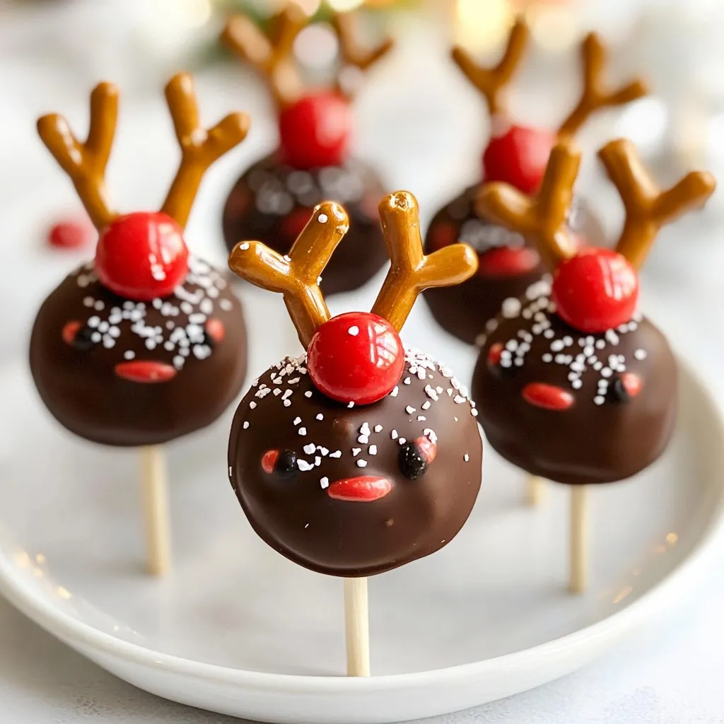 - 1 pack of Oreo cookies - 1 cup of semi-sweet chocolate chips - 8 red M&M candies - 16 pretzel twists - Lollipop sticks - 2 tablespoons of edible red or green glitter - Microwave-safe bowl - Baking sheet - Parchment paper These ingredients make your Oreo reindeer pops fun and festive. Oreo cookies serve as the base. They give a sweet and creamy flavor. The semi-sweet chocolate adds a rich touch. Red M&M candies act as the cute noses. Pretzel twists make perfect antlers, adding crunch and shape. Lollipop sticks help hold everything together. If you want extra sparkle, use edible glitter. It adds a nice touch for the holidays. For tools, a microwave-safe bowl is key for melting chocolate. A baking sheet keeps your pops organized while they set. Parchment paper stops them from sticking. Gather these items before you start. This way, you will have a smooth and fun cooking time. {{ingredient_image_2}} Start by gently twisting apart each Oreo cookie. You want to separate the two sides carefully. Next, scrape off the white filling from each half. This leaves a flat surface for the reindeer’s face. You can save the cream for another treat if you like. Take a microwave-safe bowl and add the semi-sweet chocolate chips. Heat them in the microwave in 30-second bursts. Stir well between each burst until the chocolate is smooth and melted. Let it cool slightly before using. Now, take the flat sides of the Oreos. Dip them into the melted chocolate, covering them fully. Gently shake off any extra chocolate. While the chocolate is still wet, insert two pretzel twists into the top of each Oreo. These will be the reindeer’s antlers. Next, place a red M&M candy in the center of each dipped Oreo. This acts as the shiny nose. Once the chocolate has set enough, push a lollipop stick into the bottom of each Oreo pop. If the chocolate is hardening, dip the stick in chocolate first. For a festive sparkle, sprinkle edible glitter over the chocolate-coated Oreos while they are still wet. This step is optional but adds a nice touch! Finally, arrange your Oreo reindeer pops on a baking sheet lined with parchment paper. Place them in the refrigerator for about 30 minutes until the chocolate is fully hardened. To melt chocolate, use a microwave-safe bowl. Place the chocolate chips in the bowl. Heat them in 30-second bursts. Stir well after each burst. This method helps prevent burning. If the chocolate starts to seize, add a small splash of oil. This helps restore its smoothness. Let the melted chocolate cool slightly before dipping. This ensures it coats evenly. Get creative with your Oreo reindeer pops! You can use different candies for noses. Try using chocolate-covered cherries for a fun twist. Instead of pretzels, consider using candy canes for a festive look. You can also sprinkle colorful sprinkles along with the edible glitter. This adds a fun touch. Use mini marshmallows for fluffy antlers too! For serving, stand the pops upright in a foam base. This makes them easy to grab. You can also display them in a festive jar. If you want to gift them, wrap each pop in clear cellophane. Tie them with a bright ribbon for a lovely touch. Adding a tag with a sweet message makes it special. These simple ideas make your treats stand out! Pro Tips Chill Before Decorating: For easier handling, chill the Oreos for 10 minutes after dipping them in chocolate. This helps the chocolate set slightly, making it easier to attach the pretzels and M&Ms without smudging. Use Quality Chocolate: Opt for high-quality chocolate chips for a richer flavor. This can significantly enhance the taste of your Oreo pops, making them a crowd-pleaser. Customize Your Decorations: Feel free to get creative with your decorations! Substitute M&Ms with different colored candies or use mini chocolate chips for a unique look. Perfect for Parties: These reindeer pops make great holiday treats! Prepare them ahead of time and store them in an airtight container in the fridge to keep them fresh for your gatherings. {{image_4}} You can swap the classic red M&Ms for other colors. Use green, blue, or even yellow M&Ms for a fun twist. Each color adds a new vibe. You can also use chocolate-covered candies instead of M&Ms. This change gives a more chocolatey flavor to your reindeer pops. You can make these pops for any holiday. For Halloween, use orange and black candies. You can even use spooky designs like ghostly eyes. For Christmas, stick with classic red and green. Try flavored Oreos too! Peppermint or pumpkin spice Oreos add unique tastes. They keep each bite exciting! If you need gluten-free options, use gluten-free Oreos. They taste just as good! For nut-free choices, check candy labels carefully. Many candies are nut-free, but always verify. These swaps make your treats safe for everyone. Enjoy the fun without worry! To keep your Oreo reindeer pops fresh, store them in an airtight container. Use wax paper between layers to prevent sticking. Place the container in a cool, dry area, away from sunlight. This will help maintain their taste and look. For long-term storage, you can freeze your reindeer pops. Wrap each pop in plastic wrap. Place them in a freezer-safe bag or container. They can stay frozen for up to three months. To thaw, remove the pops from the freezer and let them sit at room temperature for about 30 minutes. Avoid using the microwave, as it may change their texture. These tasty treats will stay good for about one week when stored properly at room temperature. If kept in the fridge, they can last longer, about two weeks. However, the sooner you enjoy them, the better they will taste! You can melt chocolate using a stovetop. Here’s how: 1. Double Boiler Method: Place a heat-safe bowl over a pot of simmering water. Make sure the bowl does not touch the water. 2. Stirring: Add your chocolate chips to the bowl. Stir often until the chocolate melts smoothly. 3. Cooling: Remove the bowl from heat. Let the chocolate cool slightly before using it. Using this method helps keep the chocolate from burning. Yes, you can prepare these Oreo reindeer pops ahead of time. Here are some tips: - Make the Pops: You can dip and decorate the pops a day before. - Storage: Store the pops in an airtight container in the fridge. This keeps them fresh and tasty. - Serving: Take them out about 10 minutes before serving. This helps them warm slightly for a better bite. If you don't have pretzels, try these options: - Chocolate-covered pretzels: They add flavor and style. - Candy canes: Cut them in half for a fun twist. - Thin breadsticks: These are crunchy and easy to use. These alternatives will still give your reindeer pops a festive look. Absolutely! Here are some fun ideas: - Colored sprinkles: Add festive sprinkles for a splash of color. - Frosting: Use icing to create fun designs on the pops. - Different candies: Try using chocolate chips or jelly beans for extra decoration. These ideas let you customize your reindeer pops for any party or holiday! You can easily make Oreo reindeer pops with simple steps. Start by preparing the Oreo base, melting chocolate, and assembling everything. Add a creative touch with decorations and customize them for any season. Remember to store your treats properly to keep them fresh. These delightful snacks are fun to create and share. So, gather your ingredients and tools, and let your creativity shine in every tasty bite! Enjoy every moment of crafting these festive treats.